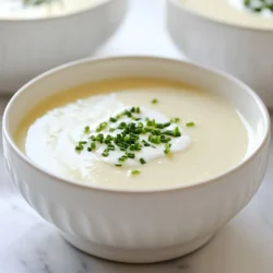To make a tasty vichyssoise, gather these key ingredients: - 3 large leeks, cleaned and chopped (white parts only) - 2 medium potatoes, peeled and diced into &frac12;-inch pieces - 4 cups vegetable broth (low-sodium preferred) - 1 cup heavy cream - 1 tablespoon olive oil - 1 tablespoon unsalted butter - Salt and white pepper, to taste - Fresh chives, chopped (for garnish) These ingredients create a rich, creamy soup that is a delight to enjoy. For this recipe, you will need the following equipment: - Large, heavy-bottomed pot - Immersion blender or countertop blender - Cutting board and knife - Measuring cups and spoons - Wooden spoon for stirring Having the right tools will help you make the perfect vichyssoise. Here&rsquo;s a breakdown of the nutritional information per serving: - Calories: 330 - Protein: 4g - Fat: 28g - Carbohydrates: 22g - Fiber: 2g This soup is rich in flavor and provides a comforting meal. Enjoy it chilled for a refreshing dish! {{ingredient_image_2}} Start by cleaning the leeks. Cut only the white parts. Chop them finely. Next, peel the potatoes. Cut them into small, half-inch cubes. This size helps them cook evenly. Make sure to have all your ingredients ready. This step saves time later. In a large pot, heat the olive oil and butter over medium heat. Add the chopped leeks and saut&eacute; them for about five minutes. Stir often until the leeks become soft and clear. Don&rsquo;t let them brown; we want them tender. Then, add the diced potatoes to the pot. Stir for two minutes to mix with the leeks. Now, pour in the vegetable broth. Turn up the heat until it starts to boil. After it boils, lower the heat and cover the pot. Let it simmer for twenty minutes. The potatoes should be soft enough to pierce with a fork. After cooking, take the pot off the heat. Let the soup cool for ten minutes. Use an immersion blender to mix it until smooth. If you don&rsquo;t have one, pour the soup into a blender in batches. Be careful with steam. Once smooth, stir in the heavy cream. Season it with salt and white pepper to taste. Chill the soup for at least two hours. Before serving, check the flavor one last time. Adjust seasoning if needed. To get the best texture in your vichyssoise, blend it well. I use an immersion blender. It gives a silky smooth finish. If you don&rsquo;t have one, a regular blender works great too. Just blend in small batches. Always let steam escape to avoid mess. After blending, you want the soup to feel light and airy. Seasoning is key to a tasty vichyssoise. Use salt and white pepper to enhance the flavor. I recommend adding the salt slowly. Taste as you go to find the right balance. Fresh herbs, like chives, add a nice touch. They bring bright color and a fresh taste. Don&rsquo;t be afraid to experiment with spices too! When serving your vichyssoise, chill your bowls for a fancy touch. A drizzle of cream on top looks great. Fresh chives sprinkled on top add a pop of green. For added crunch, serve with potato chips. The contrast of creamy and crunchy makes each bite special. Enjoy the flavors and impress your guests! Pro Tips Use Fresh Leeks: Fresh, high-quality leeks will elevate the flavor of your vichyssoise. Look for firm, bright leeks without any blemishes or soft spots. Chill Properly: To achieve the best texture and flavor, ensure the soup is chilled for at least 2 hours. This allows the flavors to meld beautifully. Adjust Creaminess: If you prefer a lighter version, substitute half of the cream with additional vegetable broth. This keeps the soup creamy yet reduces richness. Garnish Creatively: Experiment with garnishes like microgreens or edible flowers for a stunning presentation that enhances the visual appeal of your dish. {{image_4}} To make a vegan version of vichyssoise, swap the heavy cream for coconut milk. Coconut milk gives a creamy texture and a hint of sweetness. Use vegetable broth to keep it plant-based. The rest of the recipe stays the same. This version stays rich and satisfying. You won&rsquo;t miss the dairy! Garnishes can change your vichyssoise. Instead of chives, try fresh dill or parsley. For a bit of crunch, add toasted nuts or seeds. A drizzle of truffle oil adds a touch of luxury. You can even top it with croutons for texture. Get creative with your toppings! Want to add some flair? Try adding a splash of lemon juice for brightness. A hint of garlic can bring depth to the soup. For spice, add a dash of cayenne or paprika. You can also infuse the broth with herbs like thyme or rosemary. These twists keep it exciting and fresh. To keep your vichyssoise fresh, store it in an airtight container. Make sure it cools to room temperature before sealing it. I recommend using glass or BPA-free plastic containers. Always label with the date for easy tracking. The soup stays fresh in the fridge for up to three days. When you want to enjoy your vichyssoise, reheat it gently. Pour the soup into a pot and warm it over low heat. Stir it often to avoid sticking or burning. Avoid boiling the soup, as that can change the texture. If you like it warm, serve it right after heating. Freezing vichyssoise is easy but requires some care. First, cool the soup completely. Then, pour it into freezer-safe bags or containers. Leave some space for expansion. It can freeze well for about one month. When ready to eat, thaw it in the fridge overnight. Reheat slowly after thawing. Vichyssoise is a creamy soup made from leeks and potatoes. It is served cold. This dish comes from France and is light and refreshing. The main flavors are leeks, potatoes, and cream. People love its smooth texture and rich taste. Yes, you can make Vichyssoise ahead of time. In fact, it tastes better when chilled overnight. Prepare it, let it cool, and store it in the fridge. This way, the flavors blend well together. Just remember to taste and adjust the seasoning before serving. Vichyssoise pairs well with various sides. Here are some great options: - Crusty bread or baguette - Mixed green salad - Shrimp or crab for a protein boost - Potato chips for added crunch Serve your Vichyssoise in chilled bowls for a lovely presentation. We've covered how to make classic Vichyssoise with key ingredients and step-by-step guidance. I shared tips for a perfect texture and flavor. You can also explore vegan versions and various garnishes. Proper storage and reheating tips help keep your soup fresh. Vichyssoise is a delightful dish you can enjoy any time. Keep experimenting with flavors and enjoy every bowl. Happy cooking!