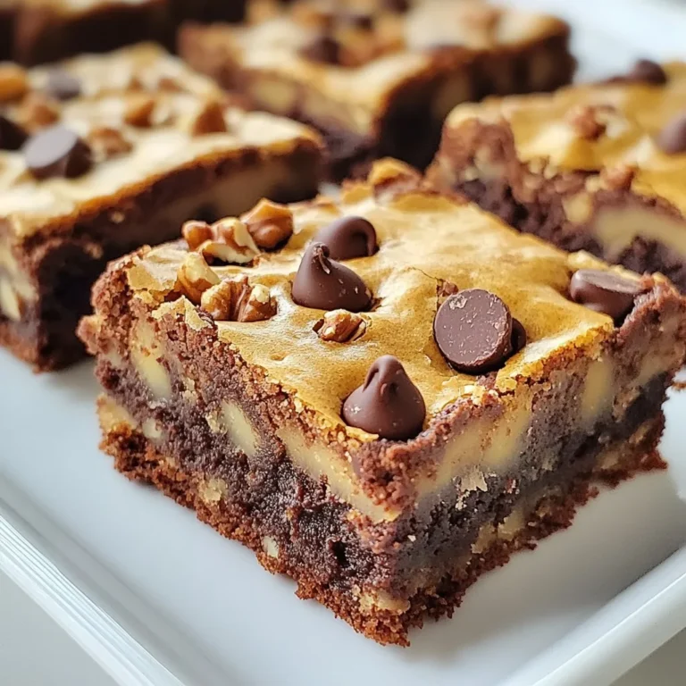 To make Chocolate Chip Brookies, gather these ingredients: - 1 cup unsalted butter, softened to room temperature - 1 cup packed light brown sugar - 1/2 cup granulated sugar - 2 large eggs, at room temperature - 1 teaspoon pure vanilla extract - 2 1/2 cups all-purpose flour - 1 teaspoon baking soda - 1/2 teaspoon fine sea salt - 1 cup semi-sweet chocolate chips - 1 cup brownie mix - 1/4 cup water - 1/2 cup chopped walnuts (optional) I always recommend using unsalted butter for these brookies. Butter gives a rich flavor. It helps achieve that perfect chewy texture. Margarine works too, but it lacks the same depth of taste. If you choose margarine, go for a high-quality brand. Still, butter is the star of this recipe! You can customize your brookies with add-ins! Walnuts add a nice crunch. They also bring a warm, nutty flavor. If you love chocolate, try mixing in dark or white chocolate chips. You can even add a swirl of peanut butter for a fun twist. Experiment with your favorite flavors to make these brookies truly your own! {{ingredient_image_2}} Start by preheating your oven to 350°F (175°C). This warm-up is key for even baking. Next, take a 9x13 inch baking pan. Line it with parchment paper, leaving some paper hanging over the edges. This helps with easy removal later. In a large bowl, cream 1 cup of softened unsalted butter with 1 cup of packed light brown sugar and 1/2 cup of granulated sugar. Mix until fluffy and lighter in color, about 3 to 5 minutes. Add 2 large eggs, one at a time, mixing well after each. Then stir in 1 teaspoon of pure vanilla extract. In another bowl, whisk together 2 1/2 cups of all-purpose flour, 1 teaspoon of baking soda, and 1/2 teaspoon of fine sea salt. Gradually add this dry mix to the wet mix, stirring with a spatula. Avoid overmixing. Gently fold in 1 cup of semi-sweet chocolate chips and 1/2 cup of chopped walnuts if you like nuts. For the brownie layer, grab a separate bowl. Mix 1 cup of brownie mix with 1/4 cup of water. Whisk until smooth with no lumps. This step is simple but crucial for a rich brownie layer. Now, take half of your cookie dough and spoon it into the lined baking pan. Spread it out evenly to create a solid base. Carefully pour the brownie batter over this layer, ensuring it covers all the cookie base. Finally, drop spoonfuls of the remaining cookie dough over the brownie layer. These clusters will bake up perfectly. Place the pan in your preheated oven. Bake for 30 to 35 minutes. The edges should turn a golden brown. To check, insert a toothpick into the center. It should come out with a few moist crumbs, not wet batter. Once done, let the brookies cool for about 15 minutes in the pan. Lift them out using the parchment paper and transfer to a wire rack for full cooling. Once cool, slice into squares and enjoy! To get brookies with a great texture, follow these steps: - Use room temperature butter. This helps it mix well. - Don’t overmix the dough. Mix until just combined. - Bake until the edges are golden brown. This gives a nice firm base. - Let them cool before cutting. This helps them set. Store leftover brookies in an airtight container. They can stay fresh for about four days. If you want them to last longer, freeze them. Wrap each piece in plastic wrap. Then place them in a freezer bag. They can last up to three months in the freezer. When mixing, always start with the wet ingredients. Cream the butter and sugars until fluffy. Then add eggs one at a time. This keeps the mixture smooth. When you add the flour, mix slowly. Stir gently to keep air in the dough. This gives your brookies a nice lift. If your brookies turn out too dry, check your flour amount. Too much flour can dry them out. If they are too gooey, they might need a bit more baking time. Use a toothpick to check the center. If it comes out wet, bake a little longer. Pro Tips Use Room Temperature Ingredients: Make sure your butter and eggs are at room temperature before starting. This helps create a smoother batter and ensures even mixing. Don’t Overmix the Dough: When combining the wet and dry ingredients, mix just until incorporated. Overmixing can lead to tough brookies. Check for Doneness: To avoid overbaking, start checking the brookies a few minutes before the recommended baking time. A toothpick should come out with a few moist crumbs. Cool Completely Before Slicing: Allow the brookies to cool fully in the pan before slicing. This helps them set and makes for cleaner cuts. {{image_4}} You can change the chocolate chips in brookies for fun. Use dark chocolate chips for a richer taste. Milk chocolate chips add sweetness. For a twist, try white chocolate chips or even peanut butter chips. Mixing different types gives great flavor and texture. If you want gluten-free brookies, choose a gluten-free flour blend. Many brands offer mixes that replace all-purpose flour. Make sure your brownie mix is gluten-free too. This way, everyone can enjoy these sweet treats without worry. For extra flavor, think about adding espresso powder. Just a teaspoon boosts the chocolate flavor. You can also use mint extract for a fresh twist. A little goes a long way. These small changes can make your brookies unique and exciting! To keep your chocolate chip brookies fresh, store them in an airtight container. This helps maintain their soft texture. You can layer them with parchment paper to avoid sticking. Keep the container in a cool, dry place. They will last for up to a week. You can freeze brookies for future treats. First, let them cool completely after baking. Then, cut them into squares. Wrap each square in plastic wrap. Place the wrapped squares in a freezer bag. They can last up to three months in the freezer. When you're ready to enjoy, simply thaw them at room temperature. To reheat brookies, preheat your oven to 350°F (175°C). Place the brookies on a baking sheet. Heat them for about 5 to 7 minutes. This warms them up and revives their soft texture. You can also use a microwave for quick reheating. Just heat for 10 to 15 seconds. Enjoy your warm, gooey brookies! Chocolate chip brookies are a mix of cookies and brownies. They combine the chewy texture of cookies with the fudgy richness of brownies. You get two desserts in one! The cookie dough layer sits below the brownie layer. Topped with chocolate chips, they are a crowd-pleaser. Yes, you can use any brownie mix you like. Each mix will change the flavor and texture a bit. Try different brands to find your favorite. You can also make homemade brownie batter if you want a personal touch. Chocolate chip brookies will stay fresh for about a week. Store them in an airtight container. They taste best within the first few days. If you want them to last longer, try freezing them. Cookies are usually soft and chewy or crisp, while brookies have both cookie and brownie layers. Brookies have a unique texture from the combination. This mix gives you the best of both worlds. They are also thicker than standard cookies. Yes, you can make vegan brookies! Substitute the butter with vegan butter. Use flax eggs or applesauce in place of regular eggs. Check that the brownie mix is vegan-friendly. With these swaps, you still enjoy the same great taste! You learned how to make delicious Chocolate Chip Brookies. We covered ingredients, choices between butter and margarine, and fun add-ins like nuts. You now know how to prepare, mix, and bake your brookies to perfection. Plus, I shared storage tips and tasty variations to try. Remember, small changes can make a big difference. Enjoy experimenting with flavors and techniques. Your homemade brookies will surely impress family and friends. Happy baking!