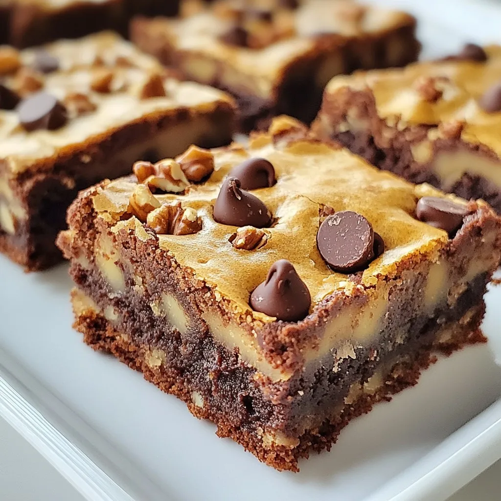 To make Chocolate Chip Brookies, gather these ingredients: - 1 cup unsalted butter, softened to room temperature - 1 cup packed light brown sugar - 1/2 cup granulated sugar - 2 large eggs, at room temperature - 1 teaspoon pure vanilla extract - 2 1/2 cups all-purpose flour - 1 teaspoon baking soda - 1/2 teaspoon fine sea salt - 1 cup semi-sweet chocolate chips - 1 cup brownie mix - 1/4 cup water - 1/2 cup chopped walnuts (optional) I always recommend using unsalted butter for these brookies. Butter gives a rich flavor. It helps achieve that perfect chewy texture. Margarine works too, but it lacks the same depth of taste. If you choose margarine, go for a high-quality brand. Still, butter is the star of this recipe! You can customize your brookies with add-ins! Walnuts add a nice crunch. They also bring a warm, nutty flavor. If you love chocolate, try mixing in dark or white chocolate chips. You can even add a swirl of peanut butter for a fun twist. Experiment with your favorite flavors to make these brookies truly your own! {{ingredient_image_2}} Start by preheating your oven to 350°F (175°C). This warm-up is key for even baking. Next, take a 9x13 inch baking pan. Line it with parchment paper, leaving some paper hanging over the edges. This helps with easy removal later. In a large bowl, cream 1 cup of softened unsalted butter with 1 cup of packed light brown sugar and 1/2 cup of granulated sugar. Mix until fluffy and lighter in color, about 3 to 5 minutes. Add 2 large eggs, one at a time, mixing well after each. Then stir in 1 teaspoon of pure vanilla extract. In another bowl, whisk together 2 1/2 cups of all-purpose flour, 1 teaspoon of baking soda, and 1/2 teaspoon of fine sea salt. Gradually add this dry mix to the wet mix, stirring with a spatula. Avoid overmixing. Gently fold in 1 cup of semi-sweet chocolate chips and 1/2 cup of chopped walnuts if you like nuts. For the brownie layer, grab a separate bowl. Mix 1 cup of brownie mix with 1/4 cup of water. Whisk until smooth with no lumps. This step is simple but crucial for a rich brownie layer. Now, take half of your cookie dough and spoon it into the lined baking pan. Spread it out evenly to create a solid base. Carefully pour the brownie batter over this layer, ensuring it covers all the cookie base. Finally, drop spoonfuls of the remaining cookie dough over the brownie layer. These clusters will bake up perfectly. Place the pan in your preheated oven. Bake for 30 to 35 minutes. The edges should turn a golden brown. To check, insert a toothpick into the center. It should come out with a few moist crumbs, not wet batter. Once done, let the brookies cool for about 15 minutes in the pan. Lift them out using the parchment paper and transfer to a wire rack for full cooling. Once cool, slice into squares and enjoy! To get brookies with a great texture, follow these steps: - Use room temperature butter. This helps it mix well. - Don’t overmix the dough. Mix until just combined. - Bake until the edges are golden brown. This gives a nice firm base. - Let them cool before cutting. This helps them set. Store leftover brookies in an airtight container. They can stay fresh for about four days. If you want them to last longer, freeze them. Wrap each piece in plastic wrap. Then place them in a freezer bag. They can last up to three months in the freezer. When mixing, always start with the wet ingredients. Cream the butter and sugars until fluffy. Then add eggs one at a time. This keeps the mixture smooth. When you add the flour, mix slowly. Stir gently to keep air in the dough. This gives your brookies a nice lift. If your brookies turn out too dry, check your flour amount. Too much flour can dry them out. If they are too gooey, they might need a bit more baking time. Use a toothpick to check the center. If it comes out wet, bake a little longer. Pro Tips Use Room Temperature Ingredients: Make sure your butter and eggs are at room temperature before starting. This helps create a smoother batter and ensures even mixing. Don’t Overmix the Dough: When combining the wet and dry ingredients, mix just until incorporated. Overmixing can lead to tough brookies. Check for Doneness: To avoid overbaking, start checking the brookies a few minutes before the recommended baking time. A toothpick should come out with a few moist crumbs. Cool Completely Before Slicing: Allow the brookies to cool fully in the pan before slicing. This helps them set and makes for cleaner cuts. {{image_4}} You can change the chocolate chips in brookies for fun. Use dark chocolate chips for a richer taste. Milk chocolate chips add sweetness. For a twist, try white chocolate chips or even peanut butter chips. Mixing different types gives great flavor and texture. If you want gluten-free brookies, choose a gluten-free flour blend. Many brands offer mixes that replace all-purpose flour. Make sure your brownie mix is gluten-free too. This way, everyone can enjoy these sweet treats without worry. For extra flavor, think about adding espresso powder. Just a teaspoon boosts the chocolate flavor. You can also use mint extract for a fresh twist. A little goes a long way. These small changes can make your brookies unique and exciting! To keep your chocolate chip brookies fresh, store them in an airtight container. This helps maintain their soft texture. You can layer them with parchment paper to avoid sticking. Keep the container in a cool, dry place. They will last for up to a week. You can freeze brookies for future treats. First, let them cool completely after baking. Then, cut them into squares. Wrap each square in plastic wrap. Place the wrapped squares in a freezer bag. They can last up to three months in the freezer. When you're ready to enjoy, simply thaw them at room temperature. To reheat brookies, preheat your oven to 350°F (175°C). Place the brookies on a baking sheet. Heat them for about 5 to 7 minutes. This warms them up and revives their soft texture. You can also use a microwave for quick reheating. Just heat for 10 to 15 seconds. Enjoy your warm, gooey brookies! Chocolate chip brookies are a mix of cookies and brownies. They combine the chewy texture of cookies with the fudgy richness of brownies. You get two desserts in one! The cookie dough layer sits below the brownie layer. Topped with chocolate chips, they are a crowd-pleaser. Yes, you can use any brownie mix you like. Each mix will change the flavor and texture a bit. Try different brands to find your favorite. You can also make homemade brownie batter if you want a personal touch. Chocolate chip brookies will stay fresh for about a week. Store them in an airtight container. They taste best within the first few days. If you want them to last longer, try freezing them. Cookies are usually soft and chewy or crisp, while brookies have both cookie and brownie layers. Brookies have a unique texture from the combination. This mix gives you the best of both worlds. They are also thicker than standard cookies. Yes, you can make vegan brookies! Substitute the butter with vegan butter. Use flax eggs or applesauce in place of regular eggs. Check that the brownie mix is vegan-friendly. With these swaps, you still enjoy the same great taste! You learned how to make delicious Chocolate Chip Brookies. We covered ingredients, choices between butter and margarine, and fun add-ins like nuts. You now know how to prepare, mix, and bake your brookies to perfection. Plus, I shared storage tips and tasty variations to try. Remember, small changes can make a big difference. Enjoy experimenting with flavors and techniques. Your homemade brookies will surely impress family and friends. Happy baking!