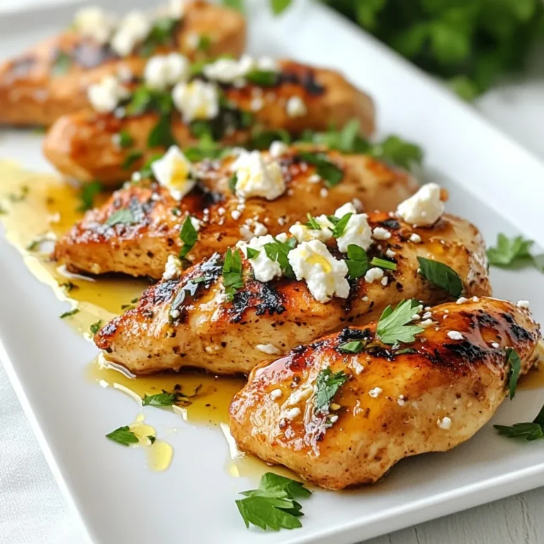 - 4 boneless, skinless chicken breasts - 1 cup crumbled feta cheese - 1/3 cup hot honey (store-bought or homemade) - 2 tablespoons extra virgin olive oil - 2 garlic cloves, finely minced - 1 teaspoon dried oregano - 1 teaspoon smoked paprika - Salt and freshly ground black pepper - Fresh parsley, finely chopped (for garnish) When I cook Hot Honey Feta Chicken, I start with the main ingredients. First, I grab four boneless, skinless chicken breasts. This cut is juicy and cooks well. Next, I use one cup of crumbled feta cheese. Feta adds a creamy and salty taste. The star of the dish is the hot honey. I like to use one-third cup for a sweet and spicy kick. Now, for the additional ingredients. I use two tablespoons of extra virgin olive oil. This helps the chicken stay moist. Then, I chop two garlic cloves finely. Garlic brings a strong flavor to the mix. I add one teaspoon each of dried oregano and smoked paprika. These spices give depth and warmth to the dish. Finally, I season with salt and freshly ground black pepper. A sprinkle of fresh parsley at the end brightens the plate. Each ingredient plays a role in making this dish pop. The balance of sweet, spicy, and savory creates a delicious meal. You can get creative with your choices, but these basics make a great start. {{ingredient_image_2}} - Preheat oven to 400°F (200°C). - In a small bowl, mix hot honey, minced garlic, oregano, smoked paprika, salt, and pepper. This will be your marinade. - Lightly coat the chicken breasts with olive oil. - Generously season both sides with salt and pepper. - Pour the marinade over the chicken, ensuring it is well coated. - Place the chicken in a baking dish, spaced apart. - Sprinkle crumbled feta cheese on top. - Bake for 25-30 minutes, checking for doneness. The chicken should reach 165°F (75°C). - After baking, let the chicken rest for 5 minutes before serving. - Garnish with chopped parsley for extra color. To avoid dry chicken, make sure to coat it well with olive oil. This keeps the chicken moist while baking. Also, do not overcook it. Chicken should reach 165°F (75°C). Use a meat thermometer for accuracy. Resting the chicken is very important. After baking, let it sit for 5 minutes before cutting. This helps the juices stay inside, making it tender and juicy. For extra flavor, try adding spices like cumin or chili powder. They can give your dish a nice kick. You can also mix in fresh herbs like thyme or basil for a fresh taste. To elevate the honey flavor, consider adding a splash of lemon juice. This will balance the sweetness. You can also drizzle more hot honey on top just before serving for a sweet, spicy finish. Serve the Spicy Honey Feta Chicken on a wide platter. This makes it look inviting and colorful. You can drizzle a bit of extra hot honey over the chicken for added flair. For garnishing, use fresh parsley and lemon wedges. The green from the parsley and the yellow from the lemon will brighten the dish. It makes a simple meal look fancy and delicious! Pro Tips Marinate for More Flavor: For an even deeper flavor, let the chicken marinate in the honey-garlic mixture for at least an hour or up to overnight in the refrigerator. Use Fresh Herbs: Fresh oregano can enhance the overall flavor of the dish. Consider using fresh herbs instead of dried for a more vibrant taste. Adjust the Spice Level: If you prefer a milder dish, use less hot honey or substitute it with regular honey and add a pinch of red pepper flakes to taste. Check for Doneness: Always use a meat thermometer to ensure the chicken reaches an internal temperature of 165°F (75°C) for safe consumption. {{image_4}} You can use other cheeses instead of feta cheese. Goat cheese or ricotta can add creaminess. If you want a sharper taste, try blue cheese. Each cheese offers a unique twist to the dish. For hot honey, you can make your own. Mix regular honey with chili flakes or cayenne pepper. This allows you to control the heat. You can also use maple syrup with a touch of sriracha for a sweet and spicy flavor. If you want to grill the chicken, preheat your grill. Cook the chicken for about 6-7 minutes per side. Check for the same internal temperature of 165°F (75°C). This method adds a nice smoky flavor. A slow cooker is another option. Place the chicken in the slow cooker with the marinade. Cook on low for 4-5 hours or high for 2-3 hours. The chicken will be tender and full of flavor. Pair the chicken with roasted vegetables or a side of rice. Quinoa or couscous can also work well. These sides soak up the hot honey flavor and add texture. For salads, consider a fresh green salad with a light vinaigrette. You can also add grains like farro or barley for heartiness. These options make your meal more balanced and satisfying. To store your leftover Hot Honey Feta Chicken, let it cool first. Place it in an airtight container. This keeps the chicken fresh. You can store it in the fridge for up to three days. Make sure it is sealed well to prevent any odor absorption. When you are ready to eat your leftovers, you have a few good options. You can use the oven, microwave, or stovetop. For the oven, preheat it to 350°F (175°C). Place the chicken in a baking dish and cover it with foil. This keeps the chicken moist. Heat for about 15-20 minutes until warm. If using a microwave, heat on medium power for about 2-3 minutes. Check if it's warm enough before eating. If you want to freeze this chicken, it’s easy! Wrap it tightly in plastic wrap. Then, place it in a freezer bag. Remove as much air as you can. This helps prevent freezer burn. You can freeze it for up to three months. When you are ready to cook, thaw it in the fridge overnight. After that, you can bake it as usual. The safe internal temperature for chicken is 165°F (75°C). This ensures it is safe to eat. Use a meat thermometer to check the thickest part of the breast. If it reads 165°F, your chicken is done. If not, return it to the oven and check again in a few minutes. Yes, you can make this dish without hot honey. Use regular honey mixed with a splash of hot sauce instead. This will give you a sweet and spicy taste. You can also try maple syrup with chili flakes for a different flavor. Both options work well with the feta and chicken. To change the spice level, you can add more or less hot honey. For more heat, use extra hot honey or add crushed red pepper flakes. If you want less spice, use less hot honey or regular honey. Taste the marinade before pouring it on the chicken. Adjust it to fit your taste. Yes! You can make a vegetarian version using tofu or portobello mushrooms. Press the tofu to remove excess moisture, then marinate it just like the chicken. For portobello mushrooms, remove the stems and use the same marinade. Bake them until they are tender and flavorful. Enjoy a delicious vegetarian twist! In this blog post, we explored a tasty recipe for Hot Honey Feta Chicken. We covered the main ingredients, step-by-step cooking methods, and pro tips for flavor and presentation. You learned about storage, reheating, and even some fun variations. This meal is not just easy to make; it's packed with flavor. You can impress friends and family while enjoying your homemade dish. Try it out, and feel the joy of cooking delicious food!