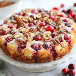 - 2 cups all-purpose flour - 1 teaspoon baking powder - 1/2 teaspoon baking soda - 1/4 teaspoon salt - 1 cup granulated sugar - 1/2 cup unsalted butter (softened) - 2 large eggs - 1 teaspoon vanilla extract - 1 cup sour cream - 1 1/2 cups fresh cranberries (or frozen) - 1/2 cup chopped pecans (optional) - 1 teaspoon ground cinnamon (for topping) - 1 tablespoon packed brown sugar (for topping) These ingredients make the base of the cake rich and flavorful. The flour gives structure, while the sugar adds sweetness. Softened butter creates a moist texture. The eggs help bind the mix and give it lift. Sour cream makes the cake tender and adds a slight tang. Fresh cranberries are the star here. Their tartness balances the sweetness. If you use frozen ones, ensure they are thawed and drained. Pecans add a nice crunch, but they are optional. The cinnamon and brown sugar topping creates a sweet crust that adds warmth and depth. Gather these ingredients to create a delightful cranberry coffee cake. You will love how easy it is to mix and bake. Each bite will burst with flavor, making it a perfect treat for your holiday gatherings. {{ingredient_image_2}} - Set temperature to 350°F (175°C). - Prepare cake pan with grease and flour. First, you want to get your oven nice and warm. Preheating helps the cake rise evenly. Grease your cake pan with butter or spray. Then, dust it with flour to keep the cake from sticking. A 9-inch round or a 9x9-inch square pan works great. - Combine flour, baking powder, baking soda, and salt. Next, grab a mixing bowl. Add the all-purpose flour, baking powder, baking soda, and salt. Whisk these dry ingredients well. This step ensures even distribution of the leavening agents. Set this mix aside for later. - Beat softened butter and sugar until light and fluffy. Now, take a large bowl. Add softened butter and granulated sugar. Use an electric mixer to beat them together. You want this mixture to look light and fluffy. This should take about 2 to 3 minutes. - Add eggs one at a time, then mix in vanilla extract. Next, add the eggs. Do this one at a time. Make sure to mix well after each egg. Then, stir in the vanilla extract. This will add a nice flavor to your cake. - Alternate adding dry mixture and sour cream. Now comes the fun part! Gradually mix in the dry ingredients with the wet ones. Add them in three parts, switching with the sour cream. Start and end with the flour mix. Mix until just combined. Be careful not to overmix, or the cake may be tough. - Gently incorporate cranberries and optional pecans. It’s time to add some color and crunch. Gently fold in your fresh cranberries. If you want, add chopped pecans for extra texture. This will make your cake burst with flavor. - Pour batter into greased pan; smooth top with spatula. Pour the batter into your prepared pan. Use a spatula to smooth the top. This helps the cake rise evenly and look nice when baked. - Mix cinnamon and brown sugar; sprinkle over batter. In a small bowl, mix ground cinnamon and brown sugar. This will create a sweet, spiced topping. Evenly sprinkle this mixture over the batter. It adds a lovely crust to your cake. - Bake for 35-40 minutes; perform toothpick test for doneness. Now, place your cake in the oven. Bake it for 35 to 40 minutes. To check if it’s done, insert a toothpick in the center. If it comes out clean or with a few moist crumbs, your cake is ready! - Allow cake to cool and transfer to wire rack. Once baked, let the cake cool in the pan for about 10 minutes. Then, carefully transfer it to a wire rack. Allow it to cool completely before slicing. Enjoy the amazing smell of your cranberry coffee cake! - Ensure ingredients are at room temperature for best texture. Cold butter or eggs can lead to a dense cake. Bring them out ahead of time. This simple step makes a big difference in how well the cake rises. - Pair with coffee for an ideal breakfast or brunch treat. The rich flavors of the cake mix perfectly with a warm cup. You can also serve it with tea for a nice afternoon snack. Your guests will love this combo! - Dust with powdered sugar and serve with fresh cranberries. This adds a festive touch to your presentation. You can also place whole cranberries on the plate for a pop of color. The visual appeal makes the cake even more tempting. Pro Tips Fresh vs. Frozen Cranberries: Using fresh cranberries will provide the best flavor and texture in your cake. If using frozen, ensure they are completely thawed and drained to avoid excess moisture in the batter. Preventing Overmixing: To maintain a tender crumb, mix the batter until just combined. Overmixing can lead to a dense cake, so be gentle when folding in the dry ingredients and cranberries. Testing for Doneness: To ensure your coffee cake is perfectly baked, use a toothpick inserted into the center. It should come out clean or with a few moist crumbs, indicating the cake is done without being overbaked. Cool Completely: Allow the cake to cool completely on a wire rack before slicing. This helps set the texture and makes for cleaner slices, enhancing the presentation of your delightful coffee cake. {{image_4}} You can swap all-purpose flour for almond flour. This makes the cake gluten-free. Almond flour has a slight nutty taste, which pairs well with cranberries. It also gives a nice texture. Just remember, almond flour absorbs more moisture. So, you might need to adjust the liquid in the recipe. Want a citrusy twist? Add orange zest to the batter. Just a teaspoon will brighten the flavors. It enhances the tartness of cranberries. Plus, it brings a fresh aroma that fills your kitchen. This small change can make your coffee cake feel special and festive. If you want a nut-free version, simply omit the pecans. This keeps the cake light and fluffy. If you like nuts, try adding walnuts instead. Walnuts give a different crunch and flavor. Both options work well, so choose what you like! Keep your cranberry coffee cake covered at room temperature. It stays fresh for up to three days. This way, you can enjoy a slice with your morning coffee or as a sweet treat throughout the day. If you want to keep it longer, refrigerate the cake. It lasts up to a week in the fridge. For even more time, freeze it for up to three months. Just wrap it tightly in plastic wrap and then foil. This keeps it safe from freezer burn. When you are ready to enjoy it again, let the cake come to room temperature. You can also warm it in the microwave for a few seconds. This brings back its soft texture and makes it even more delicious. You can use Greek yogurt or buttermilk as alternatives. Greek yogurt gives a nice creaminess. Buttermilk adds a slight tang that works well too. Both options will keep your cake moist and tasty. Yes, you can use frozen cranberries. Just make sure they are thawed and drained before adding them to the batter. This helps avoid extra moisture in your cake. Thawed cranberries will still burst with flavor when baked. To check if the cake is done, perform the toothpick test. Insert a toothpick into the center of the cake. If it comes out clean or with a few moist crumbs, the cake is ready. This simple test ensures your cake is baked perfectly. Yes, you can make this coffee cake ahead of time. Bake it, then let it cool completely. Store it in an airtight container at room temperature or in the fridge. This way, it stays fresh and ready for your holiday guests. This cake recipe is simple and delicious. We started with easy-to-find ingredients like flour, butter, and cranberries. The step-by-step guide gives you clear directions to follow. Remember to mix your wet and dry ingredients carefully for the best texture. Feel free to customize it with nuts or flavors. You can store it short or long-term, so enjoy it fresh or saved for later. This cake pairs perfectly with coffee and makes a great treat for any occasion. Happy baking!