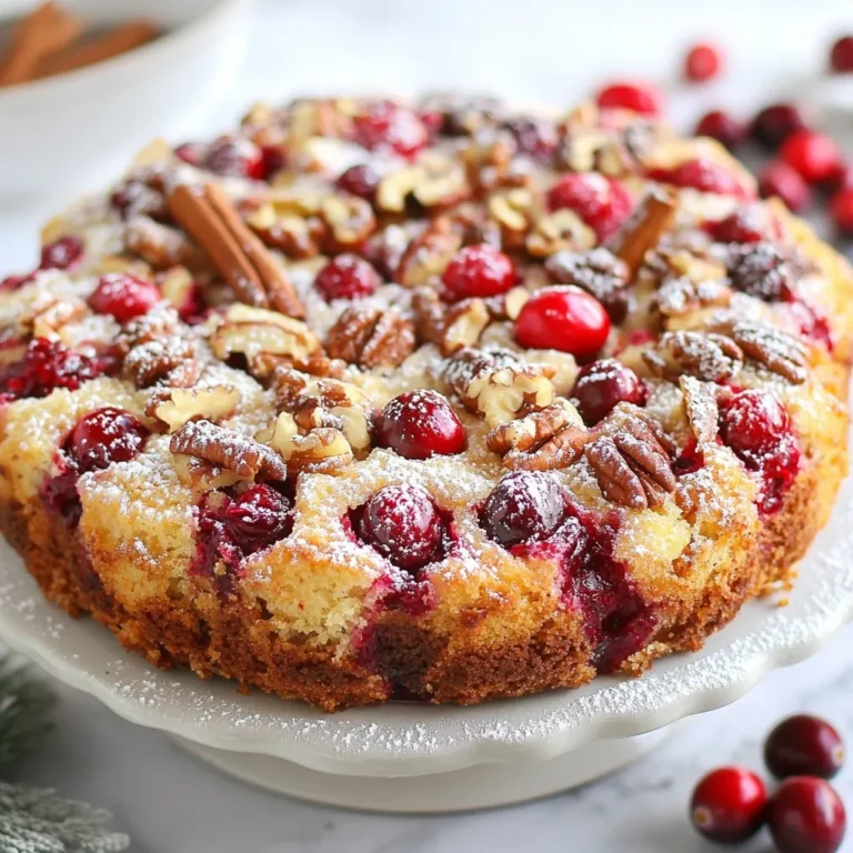 - 2 cups all-purpose flour - 1 teaspoon baking powder - 1/2 teaspoon baking soda - 1/4 teaspoon salt - 1 cup granulated sugar - 1/2 cup unsalted butter (softened) - 2 large eggs - 1 teaspoon vanilla extract - 1 cup sour cream - 1 1/2 cups fresh cranberries (or frozen) - 1/2 cup chopped pecans (optional) - 1 teaspoon ground cinnamon (for topping) - 1 tablespoon packed brown sugar (for topping) These ingredients make the base of the cake rich and flavorful. The flour gives structure, while the sugar adds sweetness. Softened butter creates a moist texture. The eggs help bind the mix and give it lift. Sour cream makes the cake tender and adds a slight tang. Fresh cranberries are the star here. Their tartness balances the sweetness. If you use frozen ones, ensure they are thawed and drained. Pecans add a nice crunch, but they are optional. The cinnamon and brown sugar topping creates a sweet crust that adds warmth and depth. Gather these ingredients to create a delightful cranberry coffee cake. You will love how easy it is to mix and bake. Each bite will burst with flavor, making it a perfect treat for your holiday gatherings. {{ingredient_image_2}} - Set temperature to 350°F (175°C). - Prepare cake pan with grease and flour. First, you want to get your oven nice and warm. Preheating helps the cake rise evenly. Grease your cake pan with butter or spray. Then, dust it with flour to keep the cake from sticking. A 9-inch round or a 9x9-inch square pan works great. - Combine flour, baking powder, baking soda, and salt. Next, grab a mixing bowl. Add the all-purpose flour, baking powder, baking soda, and salt. Whisk these dry ingredients well. This step ensures even distribution of the leavening agents. Set this mix aside for later. - Beat softened butter and sugar until light and fluffy. Now, take a large bowl. Add softened butter and granulated sugar. Use an electric mixer to beat them together. You want this mixture to look light and fluffy. This should take about 2 to 3 minutes. - Add eggs one at a time, then mix in vanilla extract. Next, add the eggs. Do this one at a time. Make sure to mix well after each egg. Then, stir in the vanilla extract. This will add a nice flavor to your cake. - Alternate adding dry mixture and sour cream. Now comes the fun part! Gradually mix in the dry ingredients with the wet ones. Add them in three parts, switching with the sour cream. Start and end with the flour mix. Mix until just combined. Be careful not to overmix, or the cake may be tough. - Gently incorporate cranberries and optional pecans. It’s time to add some color and crunch. Gently fold in your fresh cranberries. If you want, add chopped pecans for extra texture. This will make your cake burst with flavor. - Pour batter into greased pan; smooth top with spatula. Pour the batter into your prepared pan. Use a spatula to smooth the top. This helps the cake rise evenly and look nice when baked. - Mix cinnamon and brown sugar; sprinkle over batter. In a small bowl, mix ground cinnamon and brown sugar. This will create a sweet, spiced topping. Evenly sprinkle this mixture over the batter. It adds a lovely crust to your cake. - Bake for 35-40 minutes; perform toothpick test for doneness. Now, place your cake in the oven. Bake it for 35 to 40 minutes. To check if it’s done, insert a toothpick in the center. If it comes out clean or with a few moist crumbs, your cake is ready! - Allow cake to cool and transfer to wire rack. Once baked, let the cake cool in the pan for about 10 minutes. Then, carefully transfer it to a wire rack. Allow it to cool completely before slicing. Enjoy the amazing smell of your cranberry coffee cake! - Ensure ingredients are at room temperature for best texture. Cold butter or eggs can lead to a dense cake. Bring them out ahead of time. This simple step makes a big difference in how well the cake rises. - Pair with coffee for an ideal breakfast or brunch treat. The rich flavors of the cake mix perfectly with a warm cup. You can also serve it with tea for a nice afternoon snack. Your guests will love this combo! - Dust with powdered sugar and serve with fresh cranberries. This adds a festive touch to your presentation. You can also place whole cranberries on the plate for a pop of color. The visual appeal makes the cake even more tempting. Pro Tips Fresh vs. Frozen Cranberries: Using fresh cranberries will provide the best flavor and texture in your cake. If using frozen, ensure they are completely thawed and drained to avoid excess moisture in the batter. Preventing Overmixing: To maintain a tender crumb, mix the batter until just combined. Overmixing can lead to a dense cake, so be gentle when folding in the dry ingredients and cranberries. Testing for Doneness: To ensure your coffee cake is perfectly baked, use a toothpick inserted into the center. It should come out clean or with a few moist crumbs, indicating the cake is done without being overbaked. Cool Completely: Allow the cake to cool completely on a wire rack before slicing. This helps set the texture and makes for cleaner slices, enhancing the presentation of your delightful coffee cake. {{image_4}} You can swap all-purpose flour for almond flour. This makes the cake gluten-free. Almond flour has a slight nutty taste, which pairs well with cranberries. It also gives a nice texture. Just remember, almond flour absorbs more moisture. So, you might need to adjust the liquid in the recipe. Want a citrusy twist? Add orange zest to the batter. Just a teaspoon will brighten the flavors. It enhances the tartness of cranberries. Plus, it brings a fresh aroma that fills your kitchen. This small change can make your coffee cake feel special and festive. If you want a nut-free version, simply omit the pecans. This keeps the cake light and fluffy. If you like nuts, try adding walnuts instead. Walnuts give a different crunch and flavor. Both options work well, so choose what you like! Keep your cranberry coffee cake covered at room temperature. It stays fresh for up to three days. This way, you can enjoy a slice with your morning coffee or as a sweet treat throughout the day. If you want to keep it longer, refrigerate the cake. It lasts up to a week in the fridge. For even more time, freeze it for up to three months. Just wrap it tightly in plastic wrap and then foil. This keeps it safe from freezer burn. When you are ready to enjoy it again, let the cake come to room temperature. You can also warm it in the microwave for a few seconds. This brings back its soft texture and makes it even more delicious. You can use Greek yogurt or buttermilk as alternatives. Greek yogurt gives a nice creaminess. Buttermilk adds a slight tang that works well too. Both options will keep your cake moist and tasty. Yes, you can use frozen cranberries. Just make sure they are thawed and drained before adding them to the batter. This helps avoid extra moisture in your cake. Thawed cranberries will still burst with flavor when baked. To check if the cake is done, perform the toothpick test. Insert a toothpick into the center of the cake. If it comes out clean or with a few moist crumbs, the cake is ready. This simple test ensures your cake is baked perfectly. Yes, you can make this coffee cake ahead of time. Bake it, then let it cool completely. Store it in an airtight container at room temperature or in the fridge. This way, it stays fresh and ready for your holiday guests. This cake recipe is simple and delicious. We started with easy-to-find ingredients like flour, butter, and cranberries. The step-by-step guide gives you clear directions to follow. Remember to mix your wet and dry ingredients carefully for the best texture. Feel free to customize it with nuts or flavors. You can store it short or long-term, so enjoy it fresh or saved for later. This cake pairs perfectly with coffee and makes a great treat for any occasion. Happy baking!
