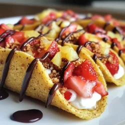 - 1 cup crushed graham crackers - 1/4 cup granulated sugar - 1/4 cup unsalted butter, melted - 1 cup cream cheese, softened - 1/2 cup powdered sugar - 1 teaspoon vanilla extract - 1 cup whipped cream (store-bought or homemade) - 1 cup fresh strawberries, diced - 1 tablespoon lemon juice - 1/4 cup chocolate chips (optional for drizzling) To make Strawberry Crunch Cheesecake Tacos, you need simple and fresh ingredients. First, the base comes from crushed graham crackers. This gives a sweet crunch and a nice texture. The granulated sugar adds sweetness to the crust. Don't forget the melted butter; it holds everything together. For the creamy filling, you will use cream cheese. Make sure it is soft, as this helps mix it well. The powdered sugar adds extra sweetness, while the vanilla extract brings warmth to the flavor. Whipped cream makes the filling light and fluffy, which is key to a great dessert. Next, fresh strawberries are essential. They bring a burst of flavor and color. Tossing them with lemon juice helps keep them bright and tasty. If you like a bit of chocolate, include chocolate chips for drizzling. This adds an extra layer of sweetness. Gather these ingredients before you begin. They will help you create a fun and delicious dessert that everyone will love! {{ingredient_image_2}} 1. Preheating the oven: First, set your oven to 350&deg;F (175&deg;C). This step is key for the perfect crunch. 2. Mixing graham cracker crust: In a medium bowl, mix 1 cup of crushed graham crackers with 1/4 cup of granulated sugar. Pour in 1/4 cup of melted unsalted butter. Stir until everything blends well. 3. Baking the taco shells: Spoon a tablespoon of the mix into taco-shaped molds or greased muffin tins. Press down to shape them. Bake for 8-10 minutes. Look for a golden brown color. Let them cool fully before filling. 1. Beating cream cheese: In a large bowl, beat 1 cup of softened cream cheese using an electric mixer. Mix until it&rsquo;s creamy and smooth. 2. Adding powdered sugar and vanilla: Gradually add 1/2 cup of powdered sugar and 1 teaspoon of vanilla extract. Mix until it&rsquo;s fully smooth and well combined. 3. Incorporate whipped cream: Gently fold in 1 cup of whipped cream with a spatula. Be careful to keep it light and airy. 1. Filling the shells with cheesecake mixture: Once the shells are cool, fill each one with the cheesecake mixture. Use a generous amount for each taco. 2. Topping with strawberries: Take 1 cup of diced fresh strawberries tossed with 1 tablespoon of lemon juice. Spoon this fruity mix over the cheesecake filling. 3. Adding optional chocolate drizzle: For a sweet twist, melt 1/4 cup of chocolate chips in a microwave. Drizzle the melted chocolate over the tacos. This adds a rich layer of flavor. To make the best cheesecake filling, avoid overmixing. When you beat the cream cheese, do it just until smooth. Overmixing can cause air bubbles. These bubbles can lead to cracks in your cheesecake, which you want to avoid. Using room temperature ingredients is also key. When your cream cheese and whipped cream are at room temperature, they blend better. This gives you a smooth and creamy texture. Choosing fresh strawberries will make a big difference. Look for berries that are bright red and firm. These will add a burst of flavor to your tacos. You can also add optional toppings for crunch. Consider crushed nuts or toasted coconut. These will give your dessert a delightful texture that contrasts with the creamy filling. Arranging your tacos for visual appeal is important. Place them on a bright platter to make them pop. You can also sprinkle a little powdered sugar on top for extra flair. Using garnishes like mint leaves adds a fresh touch. A few leaves on the side or on top can make your tacos look even better. A great presentation will impress your guests and make the dessert even more enjoyable. Pro Tips Make Ahead: You can prepare the graham cracker shells a day in advance and store them in an airtight container. This saves time and allows for a quicker assembly on the day you plan to serve them. Fresh Strawberries: Use fresh, ripe strawberries for the best flavor. If they're not in season, consider using frozen strawberries that have been thawed and drained. Customize Your Tacos: Feel free to experiment with other fruits like blueberries or raspberries, or add a layer of chocolate ganache beneath the cheesecake filling for an extra indulgent treat! Presentation Matters: For an eye-catching presentation, serve the tacos on a colorful platter and garnish with edible flowers or mint leaves to elevate the visual appeal. {{image_4}} You can change the fruit in these tacos. Blueberries or raspberries work well too. They add a new taste and color. You can also try flavored cream cheese. Strawberry or vanilla cream cheese can make your filling extra special. If you need gluten-free options, use gluten-free graham crackers. They taste great and hold up well. For vegan choices, look for plant-based cream cheese. It gives the same creamy texture without dairy. Serve these tacos with fun sauces. A drizzle of chocolate or caramel adds sweetness. You can also scoop ice cream on the side. These tacos make a great dessert for parties. They look fun and taste amazing, perfect for sharing! To keep your Strawberry Crunch Cheesecake Tacos fresh, store them in the fridge. Place the tacos in an airtight container. This will help prevent them from drying out. If you want to freeze them, it's best to store the shells and filling separately. Wrap the shells tightly in plastic wrap. For the filling, use a sealed container. This keeps both parts fresh longer. In the fridge, these tacos last about 3 days. After that, they may lose their taste and texture. Signs of spoilage include a sour smell or any discoloration. If the filling becomes watery, it's time to toss them out. To refresh the taco shells, preheat your oven to 350&deg;F. Place the shells on a baking sheet. Heat them for about 5 minutes. This will make them crisp again without burning. Avoid using the microwave, as it can make them soggy. Enjoy your tacos fresh and tasty! Strawberry Crunch Cheesecake Tacos are a fun twist on dessert. They combine a crunchy graham cracker shell with a creamy cheesecake filling. Fresh strawberries add a burst of flavor and color. You can top them with a drizzle of chocolate for extra delight. Each bite is a mix of textures and tastes, making them a hit for any sweet tooth. Yes, you can! To prep ahead, make the shells and filling first. Store the shells in an airtight container for up to two days. You can also prepare the cheesecake filling and keep it in the fridge. Just fill the shells right before serving. This way, they stay crisp and delicious. You might find these tasty tacos at local bakeries or dessert shops. Look for places that specialize in creative desserts. If you prefer online shopping, many bakeries offer delivery. You can also check popular food delivery apps. They often have local options available for you to enjoy at home. You learned how to make Strawberry Crunch Cheesecake Tacos from my guide. Start with the ingredients, then follow the steps to create the crust and filling. Remember the tips to enhance flavor and presentation. Explore variations and adjust for dietary needs. Proper storage can keep leftovers fresh. These tacos are fun to make and taste great. Enjoy experimenting with different flavors and sharing them with friends. You have a tasty dessert that everyone will love!