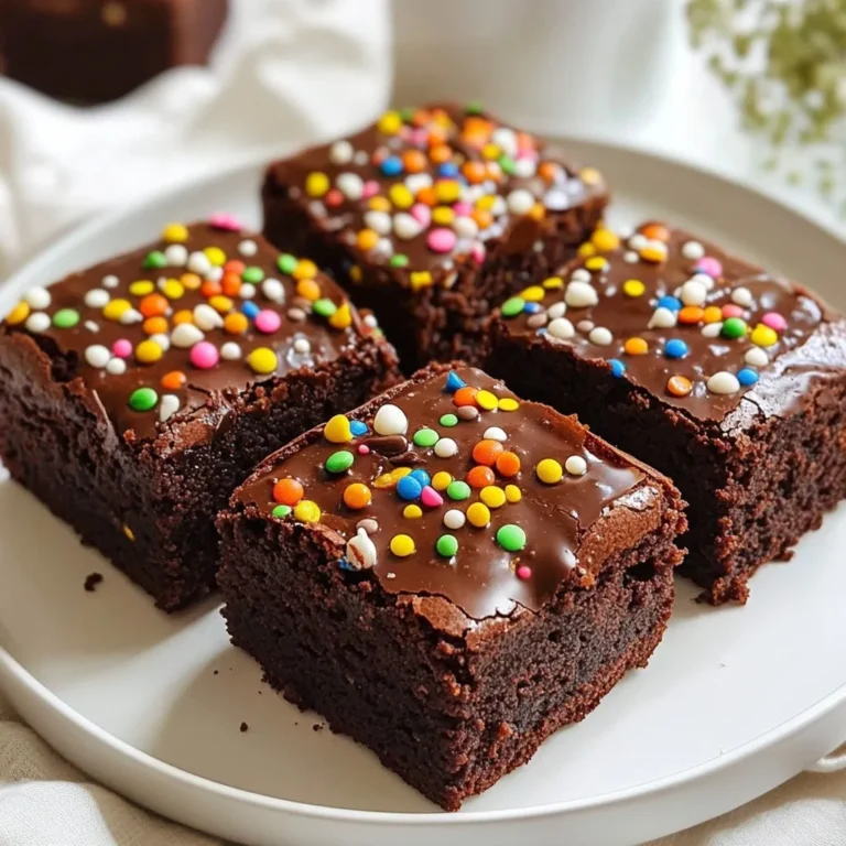 To make your Vegan Cosmic Brownies, gather these simple ingredients: - 1 cup almond butter (or any nut or seed butter) - 1/2 cup pure maple syrup - 1/4 cup unsweetened cocoa powder - 1 cup oat flour (or whole wheat flour) - 1/4 teaspoon baking soda - 1/4 teaspoon fine salt - 1 teaspoon vanilla extract - 1/2 cup vegan chocolate chips - 1/4 cup colorful vegan-friendly sprinkles - Optional: 1/4 cup chopped nuts (like walnuts or pecans) These ingredients create a rich, fudgy brownie that everyone will love. If you need to swap any ingredients, here are some easy options: - Nut butter: Use sunflower seed butter for a nut-free version. - Maple syrup: Agave nectar or brown rice syrup works well too. - Cocoa powder: Carob powder can replace cocoa for a different flavor. - Oat flour: You can use all-purpose flour if you don’t have oat flour. These substitutions keep your brownies tasty and vegan-friendly. Want to make your brownies even better? Try these add-ins: - Chopped nuts: Walnuts or pecans add a nice crunch. - Dried fruit: Chopped dates or cranberries bring sweetness. - Mint extract: A drop of mint extract gives a fresh twist. - Peanut butter: Adding a swirl of peanut butter gives a rich flavor. These add-ins make your Vegan Cosmic Brownies unique and fun! {{ingredient_image_2}} First, heat your oven to 350°F (175°C). This helps the brownies bake evenly. Next, grab an 8x8 inch baking pan. Line it with parchment paper. Leave some paper hanging over the edges. This makes it easy to lift out the brownies later. In a large bowl, add 1 cup of almond butter and 1/2 cup of pure maple syrup. Use a spatula or whisk to mix them. Blend until the mixture is smooth and creamy. Now stir in 1 teaspoon of vanilla extract. This adds a nice flavor to your brownies. In a different bowl, whisk together the dry ingredients. Use 1 cup of oat flour, 1/4 cup of cocoa powder, 1/4 teaspoon of baking soda, and 1/4 teaspoon of fine salt. Make sure there are no lumps. Once mixed, slowly add the dry ingredients to the wet bowl. Stir gently until just combined. The batter will be thick and fudgy. If you want, fold in 1/2 cup of vegan chocolate chips and any chopped nuts. Pour the brownie batter into your prepared baking pan. Use a spatula to spread the batter evenly. Make sure the thickness is the same across the pan. Now, place the pan in the oven. Bake for 25 to 30 minutes. Check for doneness by inserting a toothpick into the center. It should come out mostly clean, with a few moist crumbs. After baking, let the brownies cool in the pan for about 10 minutes. Use the parchment paper to lift them out. Place them on a wire rack to cool fully. Once cool, slice the brownies into 16 squares. Enjoy your delicious Vegan Cosmic Brownies! To make your Vegan Cosmic Brownies fudgy, use almond butter. It adds a rich, creamy base. Be sure to mix the wet ingredients well until they are smooth. When adding the dry ingredients, mix gently. Over-mixing can make your brownies tough. Bake them just until a toothpick shows moist crumbs. This keeps them soft and gooey. Add toppings for fun and flavor! After pouring the batter, press colorful vegan sprinkles on top. This makes them look cosmic and festive. You can also sprinkle some chopped nuts for crunch. Try adding a drizzle of melted vegan chocolate after baking. It adds a lovely shine and richness. To keep your brownies fresh, store them in an airtight container. This prevents them from drying out. They can last up to five days at room temperature. For longer storage, wrap them well and freeze. This way, you can enjoy them later. Just thaw at room temperature when you crave a treat. Pro Tips Use room temperature ingredients: Ensure your almond butter and maple syrup are at room temperature for easier mixing, resulting in a smoother brownie batter. Don’t overmix the batter: Mix until just combined to maintain the fudgy texture; overmixing can lead to denser brownies. Experiment with flavors: Add a pinch of espresso powder or a dash of almond extract for a unique flavor twist that enhances the chocolate. Store properly: Keep the brownies in an airtight container at room temperature for up to a week or refrigerate for longer freshness. {{image_4}} If you want nut-free vegan cosmic brownies, use sunflower seed butter. It works great and tastes yummy! You can also try using pumpkin seed butter for a fun twist. Both options will keep your brownies moist and fudgy. To change up the flavor, add different extracts. Almond extract gives a nice touch. Peppermint extract adds a cool flavor, perfect for the holidays. You can also mix in some spices like cinnamon or nutmeg for warmth. Try adding fresh fruit like mashed bananas for sweetness, too! To make these brownies gluten-free, swap oat flour for gluten-free flour blends. You can use almond flour or coconut flour as well. Just remember to adjust the liquid amount, as these flours absorb moisture differently. Also, ensure your chocolate chips are gluten-free for a worry-free treat. To keep your Vegan Cosmic Brownies fresh, store them in an airtight container. Line the container with parchment paper. This helps to absorb any moisture. Place a piece of wax paper between layers of brownies if you stack them. Keep the container in a cool, dry place. Brownies taste best within four days, but they can last longer if stored correctly. If you want to save some brownies for later, freezing is a great option. Make sure the brownies are completely cool. Cut them into squares before freezing. Wrap each square tightly in plastic wrap. Then, place the wrapped brownies in a freezer bag. Be sure to squeeze out as much air as possible. You can freeze them for up to three months. When you are ready to eat them, simply thaw overnight in the fridge. To enjoy your brownies warm, reheat them in the oven. Preheat it to 350°F (175°C). Place the brownies on a baking sheet and cover them with foil. Heat for about 10 to 15 minutes. You can also microwave them for a quick treat. Use a microwave-safe plate and heat for about 10 to 15 seconds. Enjoy your fudgy brownies just like fresh! Yes, you can swap almond butter for any nut or seed butter. Peanut butter works well and adds a unique flavor. Sunflower seed butter is a great option for nut-free diets. Just keep in mind that each butter has its own taste. Adjust the flavors according to your preference. To make Vegan Cosmic Brownies gluten-free, use oat flour. This flour is naturally gluten-free if made from certified gluten-free oats. You can also use almond flour or a gluten-free all-purpose blend. Ensure that all your ingredients, like baking soda, are also gluten-free. Serve these brownies warm for a melty chocolate experience. You can top them with a scoop of vegan ice cream for a fun dessert. Place them on a colorful plate and sprinkle extra toppings, like nuts or more sprinkles, for a cosmic look. They also taste great with a drizzle of vegan chocolate sauce. Absolutely! Vegan Cosmic Brownies are great for kids. They are fun, tasty, and colorful. You can involve kids in the baking process too. Let them add the sprinkles and mix the batter. These brownies make a perfect treat for school lunches or after-school snacks. You now know how to make delicious Vegan Cosmic Brownies. We covered the key ingredients and helpful substitutions, plus optional add-ins to boost flavor. The step-by-step guide made the baking easy and fun. I shared tips to get that perfect fudgy texture and suggested ways to store and freeze your brownies. You can even try different flavor variations or nut-free options. Now, get ready to share these tasty treats with friends and family! Enjoy your baking adventure!