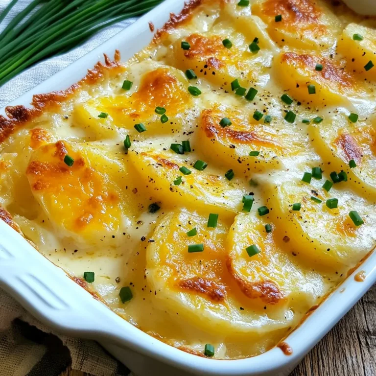 - 4 large Yukon Gold potatoes, thinly sliced (about 1/8 inch thick) - 2 cups heavy cream - 1 cup shredded sharp cheddar cheese - 1 cup grated Parmesan cheese - 2 cloves garlic, minced - 1 tablespoon fresh thyme leaves (or 1 teaspoon dried thyme) - 1 teaspoon salt - ½ teaspoon black pepper - 1 tablespoon butter (for greasing the dish) - Optional: Fresh chives, finely chopped for garnish I love using Yukon Gold potatoes because they have a creamy texture. If you can't find them, try using Russet potatoes instead. They will work well, but the texture will be a bit different. For the cream, heavy cream gives a rich taste. If you want a lighter option, you can use half-and-half. Just keep in mind it may not be as rich. If you want a twist, swap the cheddar cheese for Gruyère or mozzarella. These cheeses melt well and add unique flavor. For garlic, you can use garlic powder if you're in a pinch. Just use about 1 teaspoon. Instead of fresh thyme, dried thyme works fine but use less. Dried herbs are stronger, so use only 1 teaspoon instead of 1 tablespoon. {{ingredient_image_2}} Start by preheating your oven to 375°F (190°C). This step is key for even cooking. While the oven warms up, grease a 2-quart baking dish with butter. Use enough butter to coat all sides. This helps the potatoes not stick. In a medium saucepan, mix the heavy cream, minced garlic, fresh thyme, salt, and black pepper. Heat the mixture on medium. Stir it often. Watch for small bubbles to form. This means it is simmering. Once it simmers, take it off the heat. You don’t want it to boil. Now, start layering! Place half of the sliced potatoes in the greased dish. Overlap the slices slightly. This helps them cook well. Pour half of the cream mixture over the first layer. Spread it evenly. Then, sprinkle half of the cheddar and Parmesan cheeses on top. Next, repeat the layering. Add the rest of the potato slices on top. Pour the remaining cream mixture over them. Finish with the rest of the cheeses. This creates a rich and creamy dish. Cover the dish tightly with aluminum foil. This helps steam the potatoes. Place it in the preheated oven and bake for 45 minutes. After 45 minutes, carefully remove the foil. This allows the top to crisp. Bake it uncovered for another 30 minutes. The potatoes should be fork-tender. You want the top to be golden brown and bubbly. When baked, take the dish out of the oven. Let it cool for 5-10 minutes. This resting time helps the layers set. It makes slicing easier. For a fresh touch, sprinkle finely chopped chives on top. This adds color and flavor. Serve the potatoes warm and enjoy each delicious bite! To make the cream mixture rich and smooth, use heavy cream. Heat it gently with garlic and thyme. Stir often to avoid burning. Once it simmers, take it off the heat. This step keeps the flavor fresh. Mix well to blend all the ingredients. A well-made cream ensures your potatoes soak up the taste. Slice your Yukon Gold potatoes evenly. Aim for about 1/8 inch thick. This way, they cook at the same time. Layer them in your baking dish, slightly overlapping each slice. This helps them cook evenly and prevents any slices from being too firm. Make sure to coat each layer with cream for better flavor and texture. To get that perfect golden crust, cover your dish with foil at first. This traps steam and helps the potatoes cook. After 45 minutes, remove the foil. Bake for an extra 30 minutes to crisp the top. Keep an eye on it to prevent burning. The goal is a bubbly, golden finish that looks inviting. Pro Tips Choose the Right Potatoes: Yukon Gold potatoes are ideal for scalloped potatoes due to their creamy texture and buttery flavor. They hold their shape well while cooking. Layer Wisely: Ensure that each layer of potatoes is evenly coated with the cream mixture and cheese. This helps achieve a creamy texture throughout the dish. Experiment with Cheese: While cheddar and Parmesan are classic choices, feel free to mix in other cheeses like Gruyère or Fontina for a unique flavor profile. Rest Before Serving: Allow the scalloped potatoes to rest for 5-10 minutes after baking. This helps the layers set and makes it easier to cut into neat slices. {{image_4}} You can add veggies to your golden scalloped potatoes for more flavor and color. Try thinly sliced onions or bell peppers. Spinach or kale can also work well. These greens add a nice touch and boost the nutrition. Just remember to layer them between the potatoes and cream. This way, they cook well and blend with the dish. Switching up the cheese can change the taste a lot. You can use gouda, fontina, or even mozzarella. Each cheese brings its own flavor and meltiness. If you love a sharp taste, try more cheddar. For a creamy touch, add brie or cream cheese. Mix and match to find your favorite combo! If you want to make a lighter version, you can swap heavy cream for milk or a plant-based cream. Almond or coconut milk is a great choice. These options cut down on calories but still keep it creamy. You can even mix in some vegetable broth for extra flavor. Adjust the seasonings to balance the taste. To store your Golden Scalloped Potatoes, let them cool first. Once cool, place them in an airtight container. They will stay fresh in the fridge for up to three days. If you want to keep them longer, consider freezing. When you're ready to enjoy leftovers, preheat your oven to 350°F (175°C). Transfer the potatoes to an oven-safe dish. Cover them with foil to keep moisture in. Heat for about 20 minutes or until warm. You can uncover them for the last five minutes to re-crisp the top. For freezing, slice the potatoes and assemble the dish without baking. Wrap it tightly in plastic wrap and then in foil. This way, it can last up to three months in the freezer. When you are ready to bake, let the dish thaw in the fridge overnight. Then bake as directed, adding a little extra time if needed. Yes, you can prepare Golden Scalloped Potatoes ahead. Just make the dish up to the baking step. Cover it tightly and store it in the fridge for up to 24 hours. When you are ready to bake, let it sit at room temperature for about 30 minutes before baking. This helps the dish cook evenly and taste fresh. To stop the potatoes from browning, you can soak them in cold water. This keeps the potatoes moist and prevents oxidation. Another option is to add lemon juice to the water. Just be sure to drain them before you layer them in your dish. Yes, you can use different cheeses. Try Gruyère for a nutty flavor or mozzarella for a creamy texture. Mix and match cheeses to find your favorite blend. Just keep an eye on the flavors so they work well together. Golden Scalloped Potatoes pair well with many dishes. Serve them with roasted chicken for a family meal. They also go great with grilled veggies for a lighter option. For a special touch, add a fresh salad on the side for crunch and color. This guide covered key steps to make delicious Golden Scalloped Potatoes. We explored essential ingredients, step-by-step instructions, and helpful tips to perfect your dish. I shared variations to cater to your taste, plus storage tips for leftovers. Keep these insights in mind as you cook. With a little practice, you'll impress everyone with your gourmet skills. Enjoy the journey of creating this classic dish, and savor every bite!