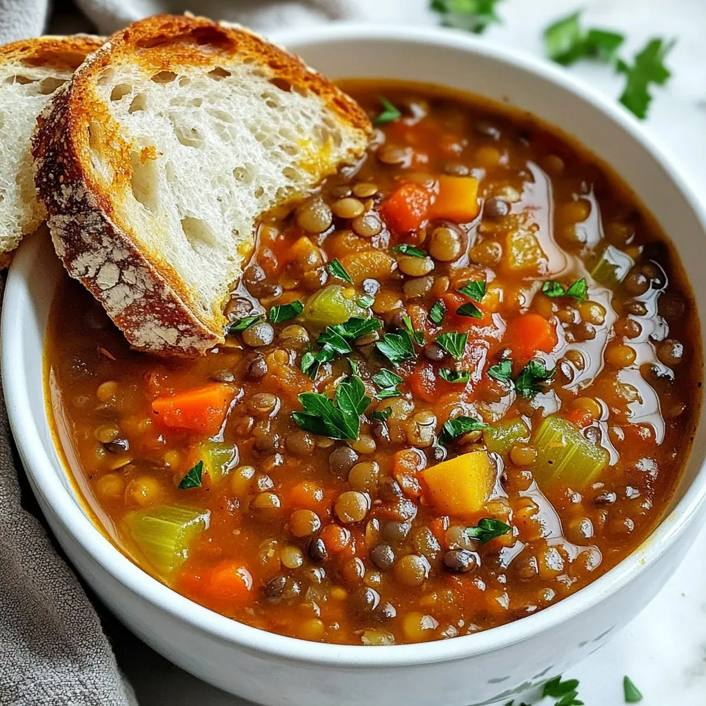 For a hearty and nourishing bowl of classic lentil soup, you will need: - 1 cup green or brown lentils, thoroughly rinsed - 1 medium onion, finely diced - 2 cloves garlic, minced - 2 medium carrots, peeled and diced - 2 celery stalks, diced - 1 can (14 oz) diced tomatoes, undrained - 6 cups vegetable broth - 1 teaspoon ground cumin - 1 teaspoon smoked paprika - 1 bay leaf - 2 tablespoons extra-virgin olive oil - Salt and freshly cracked black pepper, to taste These ingredients create a rich, flavorful base. Lentils are packed with protein and fiber, making them a great choice. The vegetables add nutrients and texture to the soup. You can add a few garnishes to elevate your soup: - Fresh parsley, finely chopped - A drizzle of extra-virgin olive oil Garnishes add color and a fresh taste. The parsley brightens the dish, while olive oil gives it a nice finish. If you want a healthier twist, consider these swaps: - Use low-sodium vegetable broth for less salt. - Swap olive oil for avocado oil for a different flavor profile. - Add more leafy greens like spinach or kale for extra nutrients. These changes keep the soup tasty while enhancing its health benefits. Experiment with the ingredients to find your perfect blend. {{ingredient_image_2}} 1. Gather all your ingredients. You will need: - 1 cup green or brown lentils, thoroughly rinsed - 1 medium onion, finely diced - 2 cloves garlic, minced - 2 medium carrots, peeled and diced - 2 celery stalks, diced - 1 can (14 oz) diced tomatoes, undrained - 6 cups vegetable broth - 1 teaspoon ground cumin - 1 teaspoon smoked paprika - 1 bay leaf - 2 tablespoons extra-virgin olive oil - Salt and freshly cracked black pepper, to taste - Fresh parsley, finely chopped (for garnish, optional) 2. Chop the onion, garlic, carrots, and celery. Make sure they are small and even. This helps them cook well. 1. In a large pot, heat the olive oil over medium heat. 2. Add the diced onion. Sauté it for about 5 minutes. You want it to turn soft and clear. 3. Add the minced garlic, carrots, and celery. Cook for another 3-4 minutes. Stir often until the veggies start to soften. 4. Now, add the rinsed lentils, diced tomatoes with their juice, and vegetable broth. Mix in the cumin, smoked paprika, and bay leaf. Bring it to a strong boil. 5. Once boiling, lower the heat and cover the pot. Let it simmer for 30-35 minutes. Stir it every now and then. The lentils should be tender but not mushy. 6. After cooking, add salt and black pepper to taste. Don’t forget to remove the bay leaf before serving. 1. If you like your soup creamy, use an immersion blender. Blend part of the soup right in the pot. 2. Blend until you reach your desired smoothness. Stir well to mix everything again. 3. For a chunkier soup, skip blending. Enjoy the hearty texture of the lentils and veggies! To cook lentils well, rinse them first. This removes dust and small stones. Use water or broth in a pot. Cook lentils on medium heat. They should simmer, not boil hard. For green or brown lentils, cook for 30-35 minutes. Check for tenderness but avoid mushiness. Taste a few lentils to see if they are done. This step makes a big difference in your soup's texture. Herbs and spices can make your lentil soup shine. Ground cumin adds warmth and earthiness. Smoked paprika gives a nice, smoky flavor. Fresh parsley adds color and freshness. You can also try thyme or bay leaves for more depth. To add a kick, sprinkle some red pepper flakes. Adjust the spices to fit your taste. Remember, always taste as you go! Serve your lentil soup hot in a bowl. A sprinkle of fresh parsley on top makes it pretty. For extra richness, drizzle a bit of olive oil. Pair it with crusty bread for a hearty meal. You can also add a side salad for crunch. This soup is perfect for lunch or dinner. Enjoy every warm spoonful! Pro Tips Storage Tips: This lentil soup can be stored in the refrigerator for up to 5 days. For longer storage, freeze in airtight containers for up to 3 months. Flavor Boost: Enhance the flavor by adding a splash of red wine or a tablespoon of balsamic vinegar just before serving. Vegetable Variations: Feel free to add other vegetables such as spinach, kale, or bell peppers to increase nutrition and flavor. Spice Adjustment: Adjust the level of spices according to your taste. Add chili powder for some heat or fresh herbs for a fragrant finish. {{image_4}} You can easily make this soup vegetarian or vegan. Start with vegetable broth, which I already use in the recipe. You can skip the meat and stick to the tasty lentils. The soup is still packed with flavor and nutrients. If you want a creamier texture, blend some of the soup. This makes it rich without adding dairy. If you want to add meat, here are some tasty choices. Cook diced bacon or sausage in the pot before adding the veggies. This gives the soup a smoky flavor. You can also add shredded chicken or beef. Just make sure to cook the meat thoroughly before adding the lentils and broth. This adds heartiness to your meal. Get creative with your ingredients! You can swap out carrots and celery for other veggies. Sweet potatoes, bell peppers, or kale work great too. For added flavor, try adding a splash of lemon juice or vinegar. This brightens the taste. You can also mix in different spices like curry powder or chili flakes for a kick. These swaps keep the soup exciting and unique every time you make it. You can store classic lentil soup in the fridge. Place it in an airtight container. It stays fresh for about 3 to 5 days. Make sure it cools down before you seal it. This helps keep the flavors intact. When you’re ready to eat, just take it out and check for any signs of spoilage. Freezing is a great option for longer storage. Ladle the cooled soup into freezer-safe containers. Leave some space at the top since the soup will expand as it freezes. You can freeze it for up to 3 months. When you want to enjoy it, thaw it in the fridge overnight. Reheating lentil soup is simple. You can use the stove or microwave. If using the stove, heat it in a pot over low heat. Stir often to avoid burning. If you use the microwave, place it in a bowl and cover it loosely. Heat in short bursts, stirring in between. Add a splash of broth if it seems thick. Enjoy your warm, hearty soup! Lentil soup will last about 5 days in the fridge. Store it in an airtight container. Make sure it cools before sealing. The flavors will deepen as it sits. Yes, you can use dry lentils. Just rinse them well before cooking. Add them at the start of the recipe. They will cook in about 30 to 35 minutes. This method gives a fresh taste. Lentil soup pairs well with warm bread. Try crusty sourdough or whole grain. A simple green salad also works great. For a hearty meal, serve it with grilled cheese. It adds a nice crunch and flavor. In this article, I covered how to make classic lentil soup. You learned about key ingredients, optional garnishes, and healthy substitutions. I shared step-by-step instructions for preparation, cooking, and blending the soup. I provided tips on cooking lentils, enhancing flavors, and serving options. Lentil soup offers plenty of room for fun and creativity. You can try variations like vegetarian, vegan, or protein-rich recipes. With proper storage, you can enjoy it later too. Make it your own and savor each bowl!