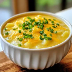 Let&rsquo;s gather the key ingredients for this Cheddar Garlic Potato Soup. You will need: - 4 medium-sized potatoes, peeled and diced into uniform cubes - 1 medium onion, finely chopped - 3 cloves of garlic, minced - 4 cups vegetable broth (or chicken broth for added flavor) - 1 cup sharp cheddar cheese, freshly grated - 1 cup heavy cream or coconut cream for a dairy-free option - 3 tablespoons unsalted butter - 1 teaspoon dried thyme - Salt and freshly ground black pepper to taste - Chopped chives for garnish Each ingredient plays a vital role in creating a rich and creamy soup. The potatoes provide a soft base, while the onion and garlic add depth and aroma. The broth brings everything together, and the cheese gives it that hearty flavor we love. Heavy cream or coconut cream adds smoothness, perfect for a cozy dish. Don&rsquo;t forget the thyme, salt, and pepper, which enhance the soup's taste. Finally, chives make a bright, tasty garnish. Enjoy your cooking! {{ingredient_image_2}} Saut&eacute;ing Onion and Garlic Start by melting butter in a large pot over medium heat. Keep an eye on it; you don&rsquo;t want it to brown. Once melted, add the finely chopped onion. Saut&eacute; it for about five minutes. The onion should become soft and clear. Next, add three minced garlic cloves. Cook this for another minute while stirring. The garlic will smell amazing, but watch it closely to prevent burning. Adding Potatoes and Broth Now, it&rsquo;s time to add the diced potatoes into the pot. Pour in four cups of vegetable broth or chicken broth for extra flavor. Bring the mixture to a boil. Once it bubbles, lower the heat to a gentle simmer and cover the pot. Let it cook for 15 to 20 minutes. The potatoes should be fork-tender when done. Boiling and Simmering After the potatoes are soft, you can begin to blend the soup. If you have an immersion blender, use it right in the pot. Blend until the soup is smooth and creamy. If you don&rsquo;t have one, carefully pour the soup into a countertop blender in batches. Blend each batch until it&rsquo;s smooth. Pureeing the Soup Return the blended soup to low heat in the pot. Stir in one cup of heavy cream or coconut cream. Add one teaspoon of dried thyme and half of the grated cheddar cheese. Mix it well until the cheese melts into the soup. Stirring in Cream and Cheese Now is the time to taste your soup. Add salt and freshly ground black pepper to your liking. If the soup is too thick, add a bit more broth or water to reach the texture you want. Adjusting Consistency Serve the soup hot. Top each bowl with more cheddar cheese and chopped chives. This adds a nice touch and some color. Enjoy your warm bowl of cheesy goodness! To make a great Cheddar Garlic Potato Soup, start with fresh, quality ingredients. Choose medium-sized potatoes. Yukon Golds work best for their creamy texture. Use a sweet onion for a mild taste. Fresh garlic adds a strong aroma. Always opt for sharp cheddar cheese. It brings a bold flavor that shines in the soup. Adding seasonings can elevate your soup. Dried thyme gives a nice depth. You might also try adding a pinch of smoked paprika for warmth. If you like a kick, sprinkle in some red pepper flakes. Fresh herbs like parsley or chives can brighten the dish. For a smooth soup, you can use an immersion blender. It&rsquo;s easy and quick; blend right in the pot. If you don&rsquo;t have one, a countertop blender works too. Just be careful, as hot soup can splatter. Blend in small batches to keep it safe. You can control the soup's thickness. If it&rsquo;s too thick, add more broth or water. Stir gently until you reach the desired creaminess. For a heartier soup, leave it thicker. Presentation matters! Top each bowl with extra cheddar cheese. Add a sprinkle of chives for color. A swirl of cream adds elegance. You can also include crispy bacon bits for crunch. Pair the soup with crusty bread for a full meal. A simple salad can refresh the palate. You might even serve it with garlic bread for a double garlic treat! Pro Tips Use Fresh Ingredients: The fresher your potatoes and garlic, the more vibrant the flavor of the soup. Always opt for fresh, high-quality ingredients whenever possible. Adjust the Thickness: If you prefer a thinner soup, gradually add more broth or water until you reach your desired consistency. Remember to adjust seasoning as needed. Cheese Variations: Experiment with different cheeses like Gouda or Gruy&egrave;re for a unique twist on flavor. Just ensure they melt well to maintain a creamy texture. Garnishing for Flavor: Top the soup with crispy bacon bits or a drizzle of truffle oil for an extra layer of flavor and an elegant presentation. {{image_4}} You can make this soup dairy-free by using coconut cream. Coconut cream adds a rich, creamy texture without dairy. Choose a full-fat coconut cream for the best flavor. This option keeps the soup smooth and delicious while being safe for those with lactose issues. To make the soup heartier, you can add protein. Incorporating cooked bacon or ham adds a lovely smoky flavor. Chop the meat into small pieces and stir it in after blending the soup. You can also add vegetables like carrots or celery for more nutrition. Dice them small and add them when you cook the onion. They will soften and blend nicely into the soup. If you like heat, adjust the spice level to your taste. You can add cayenne pepper or paprika for a kick. Start with a small amount and taste as you go. This way, you can control the heat and enjoy your soup just how you like it. For leftovers, store your soup in an airtight container. This keeps it fresh and tasty. Your Cheddar Garlic Potato Soup lasts for about 3 to 4 days in the fridge. Always let it cool down before sealing. To freeze, pour the cooled soup into freezer-safe bags or containers. Leave some space at the top for expansion. This soup can stay good in the freezer for up to 3 months. When you're ready to eat, take it out and place it in the fridge overnight. Reheat your soup on the stove over low heat. Stir it often to prevent sticking. If the soup seems thick, add a splash of broth or water. For a creamy texture, be sure to heat it gently. Avoid boiling it to keep the cream smooth. I recommend using Yukon Gold or Russet potatoes. They are creamy and smooth. Yukon Gold adds a nice buttery flavor. Russet potatoes provide a fluffy texture. Both types help create a rich soup. Yes, you can use pre-shredded cheese. However, fresh cheese melts better and tastes richer. Pre-shredded cheese often has anti-caking agents. These can affect the soup's smoothness. For the best flavor, I suggest grating your own cheese. To make this soup vegetarian, use vegetable broth instead of chicken broth. All other ingredients are already vegetarian-friendly. This keeps the soup hearty and delicious. You can also add more veggies for extra flavor and texture. Yes, you can make this soup ahead of time. Store it in the fridge for up to three days. Just reheat it gently on the stove. If it thickens, add a bit of broth or water. This soup pairs well with crusty bread or a fresh salad. Grilled cheese sandwiches are also a great choice. For a lighter meal, serve it with steamed veggies. Enjoy the soup with your favorite toppings for added flavor! This blog post outlined a delicious Cheddar Garlic Potato Soup recipe. We covered ingredients, step-by-step instructions, and helpful tips. I shared ideas for variations and storage methods, ensuring you can enjoy this soup in many ways. Remember, you can easily adjust the recipe to fit your taste. Experiment with flavors and textures. Enjoy making this warm and comforting soup. I hope it brings joy to your table!