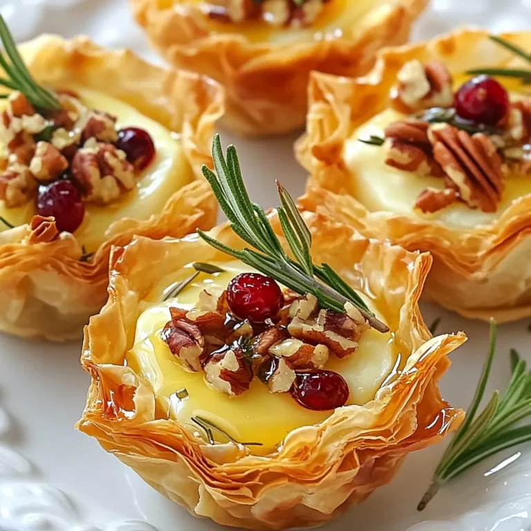 To make Brie Pecan Cranberry Phyllo Cups, gather these items: - 1 package of phyllo pastry cups (15-count) - 8 ounces of Brie cheese, cut into small bite-sized pieces - 1/2 cup fresh cranberries, finely chopped (or substitute with 1/4 cup dried cranberries, chopped) - 1/2 cup pecans, finely chopped - 2 tablespoons honey - 1 tablespoon fresh rosemary, finely chopped - 1 tablespoon olive oil - Salt and freshly cracked black pepper to taste For the best taste, I recommend using high-quality Brie. Look for soft, creamy Brie from local dairies. For cranberries, fresh is best, but dried can work too. When it comes to pecans, choose raw or lightly toasted for more flavor. Use pure honey for sweetness and extra depth. I suggest cold-pressed olive oil for its rich taste. Fresh rosemary adds a wonderful aroma, so try to use it instead of dried. You can swap Brie with Camembert if you want a different taste. For a nut-free option, use sunflower seeds instead of pecans. If you don’t have fresh cranberries, dried cranberries work just as well. Maple syrup can replace honey for a vegan option. Use vegan cheese if you want a plant-based version. Also, you can skip the rosemary if you prefer a milder flavor. {{ingredient_image_2}} Start by preheating your oven to 350°F (175°C). This ensures even baking. Next, grab a baking sheet. Arrange the phyllo pastry cups on it. Make sure they have space between them. This allows hot air to flow around them and cook evenly. In a mixing bowl, add the chopped fresh cranberries. If you prefer, you can use dried cranberries instead. Next, toss in the finely chopped pecans. Add two tablespoons of honey for sweetness. Then, sprinkle in one tablespoon of finely chopped rosemary. Pour in one tablespoon of olive oil. Don’t forget a pinch of salt and freshly cracked black pepper. Mix all these ingredients well. You want everything coated evenly. Now, it's time to assemble. Take a small piece of Brie cheese. Place it at the bottom of each phyllo cup. This will create a creamy base. Spoon the cranberry-pecan mixture on top of the Brie. Fill each cup almost to the top. Carefully slide the baking sheet into your preheated oven. Bake the cups for about 10 to 12 minutes. Keep an eye on them. They should turn golden brown, and the cheese will melt beautifully. Once they are done, take the baking sheet out of the oven. Let the cups cool for a few minutes. This helps them set before you serve them on a nice platter. To get the best bake on your phyllo cups, follow these steps: - Preheat your oven to 350°F (175°C). - Arrange the cups on a baking sheet with space between them. This helps them cook evenly. - Watch the time! Bake for 10-12 minutes. Look for golden brown tops and melted cheese. Soggy cups can ruin your dish. Here are some tips: - Use fresh ingredients. Old or wet ingredients can make the cups soggy. - Add the cheese first. Place a piece of Brie in each cup to create a barrier. - Don’t overfill! Leave a little space at the top to avoid overflow. Serve your phyllo cups with style! Here are some ideas: - Garnish with rosemary. Fresh sprigs add color and flavor. - Use a nice platter. A decorative platter makes your cups look even more tempting. - Pair with drinks. Offer wine or sparkling water to enhance the experience. Pro Tips Use Fresh Ingredients: Fresh cranberries and herbs will enhance the flavor of your phyllo cups, making them more vibrant and delicious. Experiment with Cheese: While Brie is a classic choice, feel free to experiment with other soft cheeses like Camembert or goat cheese for a different flavor profile. Make Ahead: You can prepare the cranberry-pecan mixture in advance and store it in the fridge. Just fill the cups and bake them right before serving. Watch the Baking Time: Keep an eye on the phyllo cups while baking; they can go from perfectly golden to burnt quickly, depending on your oven. {{image_4}} You can mix things up with different fillings. Instead of Brie, try goat cheese or feta cheese. Both add a nice tang. For a sweet twist, use a mix of cream cheese and honey. You can also switch the cranberries for apples or pears. These fruits pair well with cheese and nuts. Try adding caramelized onions for a savory touch. The options are endless! Seasoning can change the whole taste of your dish. You can add cinnamon or nutmeg for a warm flavor. If you love spice, add a pinch of red pepper flakes. For a herby taste, mix in thyme or sage. Don't forget to taste as you go! Adjust the salt and pepper to suit your preferences. A splash of balsamic vinegar can add a nice kick, too. To make this recipe gluten-free, use gluten-free phyllo cups. Many stores sell them now. For a vegan version, swap Brie with vegan cheese. Also, replace honey with maple syrup or agave nectar. You can use chopped nuts and fruits just like in the original recipe. These options make it easy for everyone to enjoy these tasty treats! To keep leftover phyllo cups fresh, place them in an airtight container. Layer them with parchment paper to avoid sticking. Store them in the fridge for up to three days. If they sit too long, they may lose their crispness. When you’re ready to enjoy the leftovers, preheat your oven to 350°F (175°C). Place the phyllo cups on a baking sheet. Heat them for about 5 to 7 minutes. This method keeps them crispy and warm. Avoid using a microwave, as it can make the cups soggy. You can freeze the unbaked phyllo cups for later use. Assemble the cups but do not bake them. Place them on a baking sheet and freeze until solid. Then transfer them to a freezer-safe bag. They can last up to two months. When you’re ready to bake, just add a few extra minutes to the cooking time. Yes, you can prep these cups in advance. Make the filling and fill the cups. Store them in the fridge for up to a day. Bake them just before serving. This keeps them warm and crisp. Watch for the color. The phyllo cups should turn golden brown. You will also see the Brie melting. This usually takes about 10 to 12 minutes at 350°F (175°C). Keep an eye on them to avoid burning. These cups pair well with a light salad. Try a simple arugula salad with lemon vinaigrette. You can also serve them alongside a cheese platter. Include some fresh fruits and nuts for a nice touch. This article covered how to make Brie Pecan Cranberry Phyllo Cups. You learned about the ingredients, preparation steps, and helpful tips to bake perfectly. We also explored variations for different diets and how to store leftovers. Remember, you can customize these cups to fit any taste. With the right ingredients and a bit of practice, you will impress your guests. Enjoy creating and sharing these tasty treats!