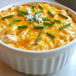To make Slow Cooker Buffalo Chicken Dip, you need these simple ingredients: - 2 cups cooked chicken, shredded - 1/2 cup cream cheese, softened to room temperature - 1/2 cup sour cream - 1/2 cup ranch dressing - 1/2 cup buffalo sauce - 1 cup shredded sharp cheddar cheese - 1/2 cup crumbled blue cheese (optional) - 1/4 teaspoon garlic powder - 1/4 teaspoon onion powder - Garnishes: sliced fresh chives or chopped green onions Each ingredient plays a role in making the dip creamy, spicy, and full of flavor. The chicken adds protein and texture. Cream cheese and sour cream give it a rich base. Ranch dressing adds a nice, herby taste. Buffalo sauce gives the dip its signature heat and tang. Cheddar cheese melts beautifully, giving the dip a gooey finish. If you love bold flavors, add blue cheese for an extra zing. Garlic and onion powder enhance the savory notes. Finally, fresh chives or green onions add a pop of color and freshness to the dish. With this list in hand, you're ready to create a tasty dip that's perfect for any gathering! {{ingredient_image_2}} - In a mixing bowl, combine: - 2 cups cooked chicken, shredded - 1/2 cup cream cheese, softened - 1/2 cup sour cream - 1/2 cup ranch dressing - 1/2 cup buffalo sauce - Use a spatula or whisk to blend until smooth and homogenous. This mix is the base of your dip. - Carefully transfer the creamy chicken mixture into the slow cooker. - Spread the mixture evenly across the bottom for even cooking. This step helps the dip heat well. - Set your slow cooker to low heat for 2 hours or high heat for 1 hour. - Stir occasionally to promote even heating. This helps the flavors meld together and keeps the dip hot and bubbly. Enjoy the smell of the dip as it cooks! It's hard to resist. You can adjust the buffalo sauce based on how spicy you like it. If you want more heat, add more sauce. If you prefer it milder, use less. It is a good idea to taste the dip before serving. This way, you can modify the spice level to fit your taste. Stirring the dip during cooking is very important. This helps it heat evenly. You want the dip to be hot and bubbly when you serve it. Stir it well after cooking to mix everything together. This ensures every bite is flavorful. Get creative with your serving ideas! Use fun dippers like tortilla chips, celery sticks, or carrot sticks. Arrange the dippers around the bowl of dip for a nice spread. This makes it look inviting and fun for your guests. Pro Tips Adjust the Heat: Feel free to modify the amount of buffalo sauce based on your spice tolerance. Start with less and add more gradually for the perfect flavor. Make It Ahead: This dip can be prepared a day in advance. Assemble the ingredients, store them in the fridge overnight, and simply heat in the slow cooker the next day. Cheese Variations: Experiment with different cheese blends like Monterey Jack or Pepper Jack for a unique twist on the classic buffalo chicken dip. Serving Suggestions: In addition to tortilla chips, consider serving with pita bread, crackers, or even sliced bell peppers for a healthier option. {{image_4}} You can easily swap ingredients to fit your taste. For a lighter option, use Greek yogurt instead of sour cream. This change keeps the dip creamy while adding protein. If you want to avoid dairy, try a plant-based cream cheese. When it comes to cheese, feel free to mix and match. If you don&rsquo;t like blue cheese, skip it. You can use mozzarella for a milder taste or pepper jack for a spicy twist. Buffalo sauce can vary in heat. If you prefer mild flavors, choose a sauce labeled 'mild'. These will give you the buffalo taste without too much heat. For spice lovers, opt for a hot buffalo sauce. You can also blend sauces to find your perfect heat level. Start with half the recommended amount and add more to taste. Want to jazz up your dip? Consider adding extra ingredients. Diced jalape&ntilde;os give a nice kick. You can also mix in diced tomatoes for a fresh taste. Another great option is to stir in some cooked bacon bits. This adds a smoky flavor and crunch. Experiment with your favorite ingredients to make this dip your own! To keep your Buffalo chicken dip fresh, store it in an airtight container. This will help prevent it from drying out or absorbing other odors in the fridge. You can keep the dip in the fridge for up to four days. Always make sure it cools down to room temperature before sealing it up. When you want to enjoy the dip again, you can reheat it in a few ways. The best method is to use a microwave. Place the dip in a microwave-safe bowl and heat it in short bursts of 30 seconds. Stir it between bursts to help it heat evenly. You can also reheat it on the stove in a small pot over low heat. Stir often to avoid burning. You can freeze Buffalo chicken dip for longer storage. If you want to freeze it, do this before cooking. Place the uncooked dip in an airtight container or freezer bag. When you're ready to use it, let it thaw in the fridge overnight. You can also freeze it after cooking. Just make sure it cools completely before freezing. It will stay good for up to three months. Yes, you can use raw chicken to make this dip. Just place the raw chicken in the slow cooker. Add the cream cheese, sour cream, ranch dressing, buffalo sauce, and spices on top. Cook it on low heat for 6 to 8 hours or high heat for 4 to 5 hours. Once it&rsquo;s done, shred the chicken with a fork and mix everything well. This method gives the dip a great flavor, but make sure the chicken is fully cooked. Buffalo Chicken Dip can last about 3 to 4 days in the fridge. To store it, put it in an airtight container. Make sure it cools down first before sealing it. When you're ready to enjoy it again, just reheat it on the stove or in the microwave. Always check for any off smells or colors before eating leftovers to ensure it's still good. You can serve Buffalo Chicken Dip with many tasty dippers. Some popular choices include: - Tortilla chips - Celery sticks - Carrot sticks - Pita chips - Crackers - Sliced bell peppers These sides add crunch and freshness to your dip experience. Arrange them nicely around the dip for a fun, inviting spread that everyone will enjoy! This guide covered all you need for the perfect Buffalo Chicken Dip. We discussed the ingredients, step-by-step cooking instructions, and helpful tips for flavor and presentation. I shared how to store leftovers and offered answers to your questions. Now, you can enjoy this dish any time! Make it your own with variations and serving ideas. Dive in and have fun experimenting with flavors. Your taste buds will thank you!