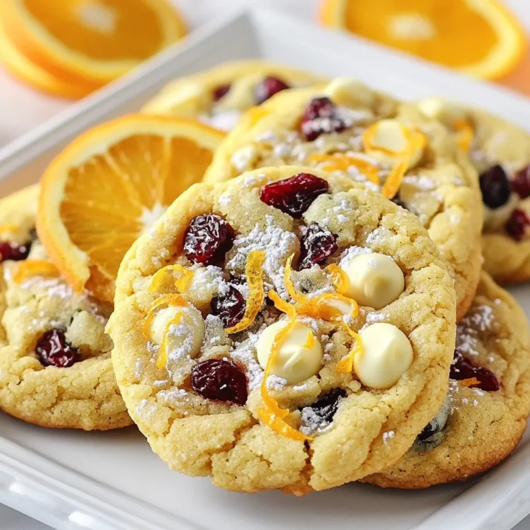 To make delicious Cranberry Orange Cookies, gather these simple ingredients: - 1 cup unsalted butter, softened to room temperature - 1 cup granulated sugar - 1/2 cup brown sugar, packed firmly - 2 large eggs, at room temperature - 1 tablespoon pure vanilla extract - Zest of 1 large orange, finely grated - 2 1/2 cups all-purpose flour - 1 teaspoon baking soda - 1/2 teaspoon baking powder - 1/2 teaspoon salt - 1 cup dried cranberries, roughly chopped - 1/2 cup white chocolate chips (optional for added sweetness) - 1/4 teaspoon ground cinnamon Getting measurements right is key to great cookies. Use a kitchen scale for precise weight. For dry ingredients, use the spoon and level method. Spoon flour into a measuring cup and level it off with a knife. This avoids packing the flour too tightly. For butter, make sure it’s soft but not melted. Room temperature butter creams better with sugar. I recommend using high-quality butter, like Kerrygold, for better taste. Choose pure vanilla extract over imitation for a richer flavor. For dried cranberries, look for unsweetened or lightly sweetened to balance the sugars. If you want great white chocolate chips, Ghirardelli or Guittard brands are tasty options. They melt well and add a creamy touch to your cookies. {{ingredient_image_2}} 1. Preheat your oven to 350°F (175°C). Line two baking sheets with parchment paper. This helps the cookies not stick. 2. In a large bowl, mix the softened butter with granulated and brown sugars. Use an electric mixer on medium for about 3-4 minutes. You want the mix to be light and fluffy. 3. Add the eggs one at a time. Mix well after each addition. Then, add the vanilla extract and orange zest. Blend until everything is mixed in well. 4. In another bowl, whisk together the flour, baking soda, baking powder, salt, and cinnamon. Slowly add this to your wet mix, stirring gently. Don't overmix; this keeps your cookies soft. 5. Use a spatula to fold in the chopped cranberries and white chocolate chips if you want. Make sure they are spread evenly in the dough. 6. Scoop tablespoon-sized amounts of dough onto the baking sheets. Leave about 2 inches between each scoop. This gives them space to spread. 7. Bake for 10-12 minutes. The edges should be lightly golden. The centers may look slightly underbaked but will firm up as they cool. 8. After baking, let the cookies cool on the sheets for 5 minutes. Then, transfer them to a wire rack to cool completely. - Make sure your butter is soft. This helps the sugars mix well. - For fluffy cookies, beat the butter and sugars long enough to incorporate air. - Adding eggs slowly allows for better mixing and texture. - Measure your flour correctly. Too much flour can make cookies dry. - Folding in mix-ins gently prevents overworking the dough. - Use a cookie scoop for even-sized cookies. - Keep an eye on the baking time. Every oven is different. Set your oven to 350°F (175°C) for best results. Bake the cookies for 10-12 minutes. Look for lightly golden edges. The centers should look a bit soft. They will harden as they cool. If you want them chewier, you can take them out a minute earlier. For crispier cookies, leave them in a minute longer. To make the best cranberry orange cookies, focus on the butter. Use softened unsalted butter for a creamy mix. This creates a light and fluffy batter. When you add sugars, beat them well to combine. The goal is a pale, airy texture. Add eggs one at a time. This helps to fully mix them in. The vanilla and orange zest add depth to the flavor. Mix gently after adding dry ingredients. Overmixing can lead to tough cookies. For the right balance, fold in the cranberries and optional white chocolate chips. This adds a sweet and tart contrast. Bake just until the edges are golden. The centers should look slightly underbaked. They will firm up while cooling. One common mistake is not measuring ingredients properly. Use a kitchen scale or measuring cups for accuracy. Another issue is overmixing the dough. This can make the cookies hard instead of soft. Be careful not to bake too long. Keep an eye on the cookies as they bake. If they look too brown, they may be overdone. Lastly, let the cookies cool properly on a wire rack. This keeps them from becoming soggy. Use a large mixing bowl for easy mixing. An electric mixer speeds up the process, but a whisk works too. A spatula is great for folding in ingredients without overmixing. Baking sheets lined with parchment paper help prevent sticking. A cookie scoop or tablespoon makes it easy to portion dough. An oven thermometer can ensure your oven is at the right temperature. Investing in good-quality baking sheets ensures even baking. These tools will help you make the perfect cranberry orange cookies every time! Pro Tips Chill the Dough: For thicker, chewier cookies, chill the dough for at least 30 minutes before baking. This helps to prevent spreading and enhances the flavors. Use Fresh Ingredients: For the best flavor, use fresh cranberries and high-quality vanilla extract. Fresh ingredients can significantly elevate the taste of your cookies. Experiment with Spices: Feel free to add a pinch of nutmeg or ginger for an extra layer of warmth and flavor. These spices pair beautifully with the orange and cranberry. Storage Tips: Store cookies in an airtight container at room temperature for up to a week. You can also freeze the dough for up to 3 months for quick baking later! {{image_4}} You can easily make these cookies gluten-free. Just swap regular flour with a gluten-free blend. Look for one that works well for baking. For a vegan option, use vegan butter and flax eggs. To make a flax egg, mix 1 tablespoon of ground flaxseed with 3 tablespoons of water. Let it sit for a few minutes to thicken. This keeps the cookies moist and tasty. To add a crunchy twist, mix in some chopped nuts. Walnuts or pecans work great. They add a rich flavor and texture. You can also spice things up with a dash of nutmeg or ginger. These spices blend well with the orange and cranberry. Experiment with different amounts to find what you like best. If you're feeling creative, try different dried fruits or chocolates. Dried cherries or apricots add a nice touch. You can also swap white chocolate chips for dark or milk chocolate. Each option gives the cookies a unique flavor. Mix it up and discover your favorites! To keep your Cranberry Orange Cookies fresh, store them in an airtight container. This helps maintain their soft texture. Place a piece of parchment paper between layers to prevent sticking. Keep the container in a cool, dry place. Avoid direct sunlight or heat sources, as they may dry out the cookies. If you want to save some cookies for later, freezing is a great option. First, let the cookies cool completely. Then, place them in a single layer on a baking sheet. Freeze for about 1 hour until firm. After that, transfer the cookies to a freezer bag or an airtight container. Label the bag with the date. The cookies can last up to 3 months in the freezer. If your cookies become stale, don’t worry! You can easily refresh them. Preheat your oven to 300°F (150°C). Place the cookies on a baking sheet lined with parchment paper. Heat them for about 5 minutes. This will soften them and bring back their chewy texture. Enjoy your cookies like they are fresh from the oven! Cranberry Orange Cookies are soft, chewy treats. They mix sweet cranberries with fresh orange zest. The cookies have a light, sweet base from butter and sugars. Adding white chocolate chips gives extra sweetness. They are perfect for any gathering or a cozy night at home. Yes, you can make the dough ahead of time. Prepare the dough and cover it well. Store it in the fridge for up to three days. When you are ready to bake, just scoop and bake as usual. This makes it easy to enjoy fresh cookies anytime. To adjust sweetness, you can change the sugar amounts. Use less granulated sugar or brown sugar. You can also skip the white chocolate chips for less sweetness. For a sweeter cookie, add more white chocolate chips. Taste the dough before baking to find your perfect balance. This blog post covered the essential ingredients, step-by-step instructions, tips, and variations for making Cranberry Orange Cookies. We explored the best brands to ensure quality and discussed common mistakes to avoid. Remember, the right tools and careful measurements lead to great results. You can also customize flavors and store cookies properly for lasting freshness. With these insights, you’ll create tasty treats that everyone will enjoy. Happy baking!
