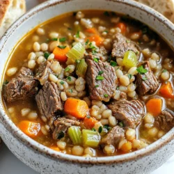 - 1 lb (450g) beef stew meat, cut into 1-inch cubes - 1 cup pearl barley, rinsed thoroughly - 1 large onion, finely diced - 3 cloves garlic, minced - 3 medium carrots, sliced into rounds - 2 stalks celery, finely diced - 1 teaspoon dried thyme - 1 teaspoon dried oregano - 2 bay leaves - 2 tablespoons olive oil - Salt and freshly ground black pepper, to taste - 6 cups beef broth (or vegetable broth for a lighter option) - Fresh parsley, chopped (for garnish) Gather these ingredients before you start. The beef stew meat gives the stew its rich flavor. Pearl barley adds a nice texture. The vegetables make it hearty and colorful. Thyme and oregano bring out the savory notes. Olive oil helps to cook everything perfectly. Don't forget the salt and pepper to season. You can add fresh parsley at the end for a burst of color and flavor. This blend creates a warm and satisfying dish you will love. {{ingredient_image_2}} 1. Heat 2 tablespoons of olive oil in a large pot over medium-high heat. The oil should shimmer but not smoke. 2. While the oil heats, season 1 pound of cubed beef stew meat with salt and black pepper. 3. Add the beef to the pot in batches. Sear each piece for 3-4 minutes until browned. 4. Once browned, transfer the beef to a plate and set aside. 1. Lower the heat to medium. Add 1 large diced onion to the same pot. 2. Sauté the onion for about 3-4 minutes until it becomes translucent. 3. Stir in 3 minced garlic cloves, 3 sliced carrots, and 2 diced celery stalks. 4. Cook the mixture for 4-5 minutes, stirring regularly until the vegetables soften. 1. Return the seared beef to the pot. 2. Mix in 1 cup of rinsed pearl barley, 6 cups of beef broth, 1 teaspoon of dried thyme, 1 teaspoon of dried oregano, and 2 bay leaves. 3. Raise the heat to bring the mixture to a gentle boil. 4. Once boiling, reduce the heat to low. Cover the pot and let it simmer for about 1 hour. Stir occasionally. 5. Check the beef and barley for tenderness. If needed, cook for an extra 15-20 minutes until both are tender. 6. Remove the bay leaves once the stew has cooked through. Adjust seasoning with salt and pepper if desired. 7. Serve the hearty beef barley stew in bowls. Garnish with chopped parsley for a fresh touch. To check if your beef and barley are done, you can poke the beef with a fork. If it is tender and falls apart easily, it’s ready. The barley should be soft but still have a slight chew. If either is not done, let it cook longer. You can add 15 to 20 more minutes to the cooking time if needed. Taste your stew before serving. Add more salt and pepper to fit your taste. You can also enhance the flavor by adding herbs. Fresh thyme, rosemary, or even a bay leaf can bring out more depth in your stew. Just remember to remove the bay leaves before serving. Serve your hearty beef barley stew in rustic bowls. This adds a warm touch to your meal. Pair it with some crusty bread for a great dipping option. A sprinkle of fresh parsley on top makes it look extra special. Enjoy your cozy meal! Pro Tips Choose the Right Cut: Opt for tougher cuts of beef like chuck or round, as they become tender during the slow cooking process, adding rich flavor to your stew. Rinse the Barley: Always rinse pearl barley before use to remove excess starch. This helps prevent the stew from becoming too thick and ensures a better texture. Enhance the Flavor: For a deeper flavor, consider adding a splash of red wine along with the beef broth. It complements the beef and adds complexity to the dish. Garnish Wisely: Fresh herbs like parsley not only add a pop of color but also brighten the dish. Add them just before serving to maintain their vibrant flavor. {{image_4}} You can make this stew lighter by using vegetable broth instead of beef broth. This change keeps the flavor rich but cuts the calories. You can also swap the beef stew meat for leaner proteins like chicken or turkey. These options still provide great taste without the extra fat. Adding more veggies can boost nutrition and flavor. Think about using seasonal vegetables. Zucchini, bell peppers, or mushrooms fit well. You can also toss in greens like spinach or kale. These greens add color and nutrients to your stew. Want to mix things up? You can add spices or sauces to change the flavor. A dash of smoked paprika gives a deep taste. Soy sauce or Worcestershire sauce can also add umami. Experimenting with international flavors, like adding curry powder or cumin, can make the stew unique and exciting. To store leftovers, let the stew cool first. Then, transfer it to an airtight container. This helps keep it fresh and safe to eat. Store the stew in the fridge for up to three days. Always check for any off smells or changes in color before eating. For freezing, let the stew cool completely. Then, place it in freezer-safe bags or containers. Remove as much air as you can to prevent freezer burn. It can last up to three months in the freezer. When you're ready to eat, thaw the stew overnight in the fridge. Reheat it on the stove or in the microwave until hot. Stir occasionally to ensure even heating. Enjoy every warm, hearty bite! Yes, you can use a slow cooker. To adapt the recipe, follow these steps: - Sear the beef: Start by browning the beef in a skillet. This step adds flavor. - Chop the veggies: Dice the onion, garlic, carrots, and celery as usual. - Combine everything: Place the beef, veggies, barley, broth, and spices in the slow cooker. - Set the heat: Cook on low for 6 to 8 hours or high for 3 to 4 hours. - Check for doneness: Make sure the beef and barley are tender before serving. The slow cooker makes it easy to enjoy this hearty stew without much fuss. If you can't find pearl barley, several good substitutes work well: - Quinoa: A gluten-free option that cooks faster. - Brown rice: A hearty grain that adds a nice texture. - Farro: Another great choice with a nutty flavor. - Couscous: Quick to cook and light in texture. Each of these grains will give your stew a different taste and feel, so choose what you like best. This stew stays fresh in the fridge for about 3 to 4 days. To keep it safe: - Store in an airtight container: This helps prevent spoilage. - Check for signs of spoilage: If you see mold or notice a bad smell, toss it out. Enjoy your leftovers, but make sure to eat them within a week for the best taste! In this blog post, we covered how to make a delicious beef stew from scratch. We explored key ingredients like tender beef, pearl barley, and fresh veggies. You learned the right cooking techniques, tips for perfect tenderness, and ways to personalize your stew. Remember, you can store and freeze leftovers to enjoy later. Experiment with flavors and add more veggies for creativity. This stew is comforting and versatile, making it a great addition to any meal. Enjoy making it your own!