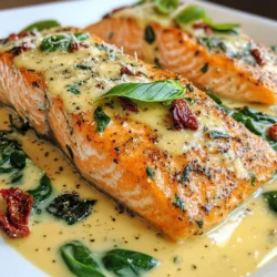 - 4 salmon fillets (about 6 oz each) - 2 tablespoons extra virgin olive oil - 3 cloves garlic, minced - 1 cup heavy cream (or a dairy-free alternative) - 1 cup fresh spinach, roughly chopped - 1/2 cup sun-dried tomatoes in oil, drained and chopped - 1/4 cup grated Parmesan cheese (or nutritional yeast) - 1 teaspoon dried Italian herbs (like basil, oregano, and thyme) - 1 tablespoon freshly squeezed lemon juice - Fresh basil leaves for garnish - Optional: Lemon wedges for serving These ingredients come together to form a tasty and creamy sauce. The salmon fillets are the stars, bringing rich flavor to the dish. Olive oil helps to sear the salmon, giving it a nice crust. Garlic adds depth to the sauce, making it aromatic and inviting. Heavy cream creates a luscious base, while spinach and sun-dried tomatoes add color and nutrition. Parmesan cheese or nutritional yeast gives a savory finish. Italian herbs and lemon juice brighten the flavors. Fresh basil and lemon wedges make great garnishes, adding a pop of freshness. This dish is not just simple; it&rsquo;s full of flavor. You can find these ingredients at your local grocery store. Using fresh items will really enhance the taste. So, gather these ingredients and get ready to make a delightful meal! {{ingredient_image_2}} To start, pat the salmon fillets dry with paper towels. This step helps the fish sear nicely. Next, season both sides with salt and freshly cracked black pepper. This simple seasoning enhances the salmon&rsquo;s natural taste. Now, heat 2 tablespoons of extra virgin olive oil in a large skillet over medium-high heat. Once the oil is hot, carefully place the salmon fillets skin side down in the skillet. Cook for 4-5 minutes until they form a golden-brown crust. Flip the fillets and cook for another 3-4 minutes, or until fully cooked. Once done, transfer the salmon to a plate and set aside. With the salmon resting, reduce the heat to medium. In the same skillet, add 3 cloves of minced garlic. Saut&eacute; the garlic for about a minute until it becomes fragrant. Be sure not to burn it. Next, pour in 1 cup of heavy cream while stirring. This creates a rich base for the sauce. After mixing, add 1 cup of roughly chopped fresh spinach and 1/2 cup of drained, chopped sun-dried tomatoes. Let the mixture simmer for about 3-4 minutes. This allows the spinach to wilt and blend well with the sauce. Now, stir in 1/4 cup of grated Parmesan cheese and 1 teaspoon of dried Italian herbs. Allow the sauce to simmer for another 2-3 minutes until it thickens slightly. To brighten the flavors, add 1 tablespoon of freshly squeezed lemon juice. Finally, gently return the seared salmon fillets to the skillet. Spoon the creamy sauce over each fillet. Heat everything for another 1-2 minutes to ensure it's warm. Your Creamy Tuscan Salmon is ready to serve! To cook salmon just right, control the temperature. Heat your skillet over medium-high heat. This helps get a nice crust. Place the salmon skin side down. Cook for 4-5 minutes until golden-brown. Then, flip it over and cook for another 3-4 minutes. The salmon should be opaque and flake easily with a fork. If it is still shiny or raw in the middle, it needs more time. Always check doneness by looking for a firm texture and a bright color. For a dairy-free option, use coconut cream or almond milk. Both add great flavor without dairy. You can swap Parmesan for nutritional yeast too. This will keep the dish creamy while making it vegan. To adjust the sauce's flavor, use fresh herbs like basil or parsley. A pinch of red pepper flakes can add a nice kick. Lemon juice brightens the sauce and brings all flavors together. Don't be afraid to experiment with your favorite herbs and spices! Pro Tips Perfectly Cooked Salmon: For a perfectly cooked salmon, use a fish spatula to gently flip the fillets and avoid breaking them. Cook until the internal temperature reaches 145&deg;F (63&deg;C). Heavy Cream Alternatives: If you want a lighter sauce, consider using half-and-half or Greek yogurt as alternatives to heavy cream, but adjust the cooking time accordingly. Enhancing Flavor: Add a pinch of red pepper flakes to the sauce for a subtle heat that complements the creaminess and adds depth to the dish. Storage Tips: Leftover salmon can be stored in an airtight container in the fridge for up to 2 days. Reheat gently to avoid drying out the fish. {{image_4}} If you want to switch things up, consider using other leafy greens. Kale or chard can work well in this dish. They add a different flavor and help with texture. Just chop them roughly as you would with spinach. You can enhance the taste of your dish by adding sun-dried tomatoes or olives. Both ingredients add a pop of flavor. A splash of white wine can also deepen the sauce. Just a little will do wonders for the overall taste. For those needing gluten-free options, this dish is naturally gluten-free. Just check your ingredients. If you're looking for low-carb variations, omit the cream and use coconut milk instead. This will keep the dish creamy while being lighter. - After cooking, let the salmon cool to room temperature. - Place any leftovers in an airtight container. - Store the container in the fridge for up to three days. - To freeze, wrap the salmon tightly in plastic wrap and foil. - Use a freezer-safe bag for extra protection. - Frozen salmon can last up to three months. - For best results, reheat in a skillet over low heat. - Add a splash of cream or broth to keep it moist. - You can also use the microwave, but be careful. - Heat on low power in short bursts to avoid drying. - Check the salmon often to ensure it warms evenly. To check if your salmon is done, look for a few signs. First, the flesh should change from translucent to opaque. Use a fork to gently flake the thickest part. If it flakes easily, it is ready. Aim for an internal temperature of 145&deg;F. To avoid dryness, avoid cooking too long. Salmon cooks quickly, so watch it closely. Yes, you can make this dish ahead of time. Cook the salmon and sauce, then cool them. Store them in separate containers in the fridge for up to two days. When ready to eat, reheat gently on the stove. Add a splash of cream if the sauce thickens too much. This dish pairs well with many sides. Here are some great ideas: - Creamy mashed potatoes - Crusty garlic bread - Steamed asparagus - Simple green salad - Roasted vegetables - Lemon wedges for a zesty touch This dish combines simple ingredients to create a delicious meal. You learned how to prepare salmon and make a creamy sauce with garlic and spinach. I shared tips to enhance flavor and ensure perfect cooking. You can also adapt the recipe to fit your diet, use leftovers wisely, and know how to reheat them without losing taste. Enjoy cooking your creamy Tuscan salmon, and don&rsquo;t be afraid to experiment and make it your own. Happy cooking!