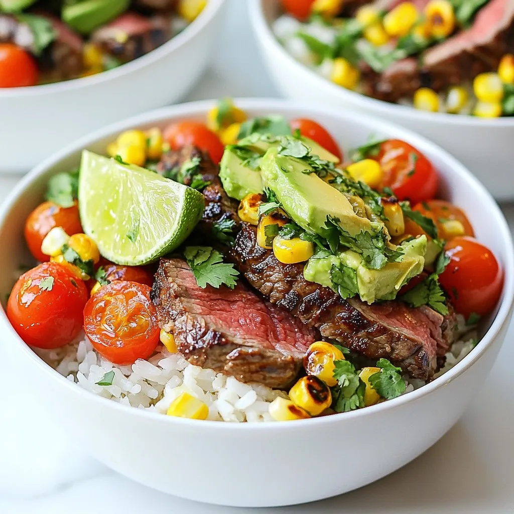 - 1 lb flank steak - 1 cup jasmine rice - 1 cup beef broth - 1/4 cup fresh cilantro, finely chopped - Juice of 2 limes - 1 cup cherry tomatoes, halved - 2 tablespoons olive oil - 1 teaspoon ground cumin - Salt and pepper to taste - Optional: sour cream or Greek yogurt for topping The ingredients for cilantro lime steak rice bowls are simple yet packed with flavor. The flank steak serves as the star of the dish. It is juicy and tender when cooked right. Jasmine rice adds a fragrant base that pairs perfectly with the steak. Cooking it in beef broth enhances the taste, making each bite delightful. Fresh ingredients are key. The lime juice brightens the dish, while the cilantro adds a fresh green note. Cherry tomatoes bring sweetness and color, making your bowl visually appealing. Olive oil adds richness to the marinade. Ground cumin gives a warm, earthy flavor that complements the steak. Season with salt and pepper to enhance all the flavors. If you like creaminess, consider topping your bowl with sour cream or Greek yogurt. It adds a nice touch! {{ingredient_image_2}} First, I mix the marinade. In a medium bowl, I combine olive oil, lime juice, cumin, garlic powder, salt, and pepper. Next, I stir in half of the cilantro. This adds a burst of fresh flavor. Now, I coat the flank steak. I place it into the marinade, making sure it covers every part. This is key for great taste. Cover the bowl with plastic wrap. I let it sit for at least 30 minutes at room temperature. For deeper flavor, I recommend marinating for up to 2 hours in the fridge. Rinsing the jasmine rice is important. I wash it under cold water until the water runs clear. This removes excess starch and helps the rice cook well. In a medium saucepan, I add the rinsed rice and beef broth. I bring it to a boil, then lower the heat to a gentle simmer. I cover the pan and let it simmer for about 15 minutes. The rice will absorb all the liquid and become fluffy. After that, I remove it from heat and let it sit for another 5 minutes, covered. I preheat my grill pan over medium-high heat. After that, I take the steak out of the marinade. I let any extra marinade drip off before cooking. I place the steak in the hot pan. For medium-rare, I cook it for 5-7 minutes on each side. If you prefer it more well-done, adjust the time. Once it's cooked, I let it rest for 5 minutes. This helps keep it juicy. Then, I slice it thinly against the grain to ensure it's tender. Next, I fluff the cooked rice with a fork. Then, I evenly distribute it among serving bowls. On top of the rice, I layer the sliced steak, halved cherry tomatoes, corn, and avocado slices. This creates a colorful and tasty base. To finish, I sprinkle the remaining cilantro on top. I like to add a squeeze of lime juice for extra zing. For a creamy touch, I can add a dollop of sour cream or Greek yogurt. For a nice touch, I arrange the ingredients well. This makes the bowl look vibrant. Serving each bowl with a lime wedge on the side adds a fun, decorative flair. - Best marination practices: To get great flavor, mix olive oil, lime juice, ground cumin, garlic powder, salt, and pepper. Add half the chopped cilantro to the marinade. This mix adds depth to the meat. Coat the flank steak well and let it sit at room temperature for at least 30 minutes or up to 2 hours in the fridge. The longer it marinates, the better it tastes. - Allowing the steak to rest: After cooking, let the steak rest for 5 minutes. This step keeps the juices inside. If you cut it right away, the juices will run out, and the steak will be dry. - Adjustments for larger servings: If you need more rice, just double or triple the amount. Keep the same ratio of rice to beef broth. This way, you ensure it cooks evenly. - Flavoring the rice with spices: To boost flavor, add a teaspoon of ground cumin or garlic powder to the broth. This makes the rice taste even better and ties it to the steak’s flavors. - Colorful layering techniques: When you assemble the bowls, layer the ingredients. Start with fluffy rice, then add sliced steak, cherry tomatoes, corn, and avocado. This makes it look inviting and fun to eat. - Using garnishes for visual appeal: Finish your bowl with a sprinkle of cilantro and a squeeze of lime juice. A lime wedge on the side adds color and is great for a burst of flavor. You can also add a dollop of sour cream or Greek yogurt for creaminess. Pro Tips Marinate for Flavor: The longer you marinate the steak, the more flavorful it will be. Aim for at least 2 hours, or overnight if possible, to maximize the infusion of flavors. Rest the Steak: After cooking, let the steak rest for 5 minutes before slicing. This helps the juices redistribute, ensuring a juicy and tender bite. Perfectly Fluffy Rice: Allow the rice to sit covered for an additional 5 minutes after cooking. This step helps to steam the rice further, making it fluffy and light. Colorful Presentation: For an eye-catching bowl, arrange the ingredients in separate sections. This showcases the vibrant colors and makes the dish more appealing. {{image_4}} You can switch up the protein in your cilantro lime steak rice bowls. If you prefer chicken, use boneless, skinless chicken thighs or breasts. Simply marinate and cook them the same way as the steak. Shrimp is another great option. Marinate them for just 15 minutes and cook quickly on high heat. If you want plant-based options, try using tofu or tempeh. Press the tofu to remove extra water, then cube it. Marinate it like the steak and grill or sauté until golden. You can also use chickpeas for a protein punch. Just toss them in the marinade and roast until crispy. While jasmine rice is a classic choice, you can explore other grains. Quinoa is a fantastic alternative. It cooks quickly, is high in protein, and adds a nutty flavor. Brown rice is another option; it has a chewier texture and more fiber. If you want to cut carbs, consider cauliflower rice. You can buy it pre-riced or make it at home by pulsing cauliflower florets in a food processor. Sauté it for about five minutes to soften. Adding toppings can elevate your bowl. Try sliced radishes for crunch or pickled onions for zing. Fresh jalapeños can add heat if you like spice. Seasonal vegetables are great too. In summer, add grilled zucchini or bell peppers. In fall, roasted butternut squash or sweet potatoes work well. These additions not only enhance flavor but also boost nutrition. Mix and match to find your favorite combo! You can store leftovers in the fridge for up to three days. To cool the food, place it in shallow containers. This helps to cool the food quickly and safely. Always cover the containers tightly to keep the flavors fresh. To reheat the rice, add a splash of water and cover it. You can microwave it for about one to two minutes. For the steak, use a skillet over low heat. This helps keep the meat juicy. Slicing the steak before reheating can also help it warm up evenly. Yes, you can freeze the rice and steak. Store them in airtight containers or freezer bags. When you are ready to eat, thaw them in the fridge overnight. For reheating, you can microwave the rice and steak together or in separate dishes. This way, you enjoy a tasty meal without losing texture. The best way to marinate steak is with a mix of oil, acid, and spices. I recommend marinating flank steak for at least 30 minutes. For deeper flavor, let it sit for up to 2 hours in the fridge. Key ingredients for a flavorful marinade: - Olive oil - Lime juice - Ground cumin - Garlic powder - Salt and pepper - Fresh cilantro These ingredients work together to make the steak tender and tasty. Yes, you can make these bowls ahead of time. Meal prep makes busy days easier. Cook the rice and steak, then store them separately in the fridge. They will stay fresh for about 3-4 days. Tips for meal prep and storage: - Let the steak cool before storing. - Use airtight containers for the rice and steak. - Keep chopped veggies in a separate container to maintain freshness. If you need alternatives for jasmine rice, you have several options. You can use basmati rice, which has a similar flavor. Quinoa is also a great choice and adds protein. Alternative rice options: - Basmati rice - Brown rice - Quinoa Grain substitutes for dietary needs: - Cauliflower rice for low-carb diets - Millet for gluten-free options To achieve the perfect steak doneness, use a meat thermometer. For medium-rare, aim for an internal temperature of 130-135°F. Visual cues for steak doneness: - Rare: cool red center - Medium-rare: warm red center - Medium: pink center - Well-done: brown throughout These tips help ensure your steak is cooked just right for the best flavor and texture. This blog post covered how to make cilantro lime steak rice bowls. You learned about the main and fresh ingredients, detailed steps to marinate and cook, plus tips for serving and storage. Remember, great steak starts with good marination. Experiment with protein and rice options for variety. Whether you enjoy it today or save it for later, this meal is a winner every time. Enjoy creating this flavorful dish and impressing everyone at the table!