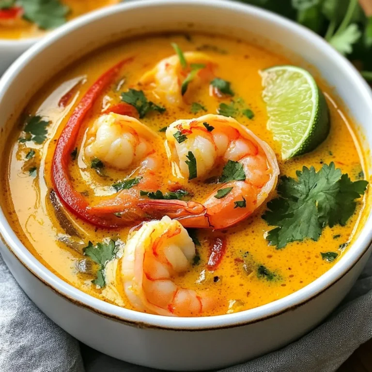 To make quick spicy shrimp soup, you need a few fresh ingredients that pack a punch. Here’s what to gather: - 1 pound large shrimp, peeled and deveined - 4 cups vegetable broth - 1 can (14 oz) coconut milk - 1 red bell pepper, sliced into thin strips - 2 cloves garlic, finely minced - 1 tablespoon fresh ginger, grated - 2 tablespoons red curry paste - 1 teaspoon red chili flakes - 1 tablespoon freshly squeezed lime juice - A handful of fresh cilantro leaves - Salt and pepper to taste These ingredients come together to create a vibrant and flavorful dish. The shrimp brings great flavor, while the coconut milk adds creaminess. The red curry paste and chili flakes give it a spicy kick. You can adjust the heat by adding more or less chili flakes based on your taste. Fresh cilantro adds a bright touch at the end. Each ingredient plays a key role in making this soup quick, spicy, and delicious. {{ingredient_image_2}} 1. Start by heating the vegetable broth in a large pot over medium heat. Bring it to a light simmer. 2. Once simmering, add two cloves of minced garlic and one tablespoon of grated ginger. Stir them for about one minute until they smell great. 1. Next, mix in two tablespoons of red curry paste. This will add a nice kick to the broth. 2. If you like it spicier, add one teaspoon of red chili flakes. You can adjust this based on how hot you want the soup to be. 1. Slowly pour in one can of coconut milk. Stir well to combine it with the broth. 2. Now, add your pound of peeled and deveined shrimp and the sliced red bell pepper. Stir everything together. 3. Cook for about 3 to 5 minutes. Keep an eye on the shrimp. They are done when they turn pink and opaque. This shows they are fully cooked. Ensuring shrimp are perfectly cooked To cook shrimp just right, watch the color. They should turn pink and opaque. Overcooking makes them tough. Cook them for about 3 to 5 minutes. Check for that bright pink color before serving. Adjusting spice levels to taste Start with a small amount of red chili flakes. You can always add more if you like it hotter. Taste the soup as it cooks. This way, you can find the right level of spice for you. How to serve the soup attractively Use deep, colorful bowls for serving. This makes the soup look inviting. Add a lime wedge on the side. It adds a pop of color and flavor. For extra flair, drizzle a little coconut milk on top. Garnishing techniques with cilantro Fresh cilantro adds a bright touch. Scatter a handful of leaves on top just before serving. This not only looks great but also adds fresh flavor. Make sure to use it generously for the best effect. Optional ingredients to spice it up Consider adding sliced jalapeños for more heat. You could also stir in some diced tomatoes for added texture. If you love coconut, add a bit more milk for creaminess. Suggestions for additional toppings Top your soup with crispy fried onions or crushed peanuts. These add great crunch and flavor. You can also serve it with a side of crusty bread to soak up every delicious drop. Pro Tips Freshness Matters: Always use fresh shrimp for the best flavor and texture. If using frozen shrimp, ensure they are completely thawed and drained before cooking. Customize Your Spice: Adjust the amount of red chili flakes based on your spice tolerance. For a milder soup, start with less and add more as needed. Balance the Flavors: Taste the soup before serving and adjust seasoning with lime juice, salt, or pepper to achieve a perfect balance between spicy, salty, and tangy. Make it Heartier: For a more substantial meal, consider adding vegetables like spinach, bok choy, or mushrooms, or serve the soup with rice or noodles on the side. {{image_4}} You can switch up the shrimp with other seafood. Try scallops or fish for a new taste. For a vegetarian soup, use mushrooms or tofu instead of shrimp. They add nice texture and flavor. You can also use vegetable broth for a lighter base. Explore different curry pastes to change the flavor. Green curry paste gives a fresh taste. You can also try yellow curry for a milder option. Adding fruits like pineapple or mango can bring sweetness. Nuts like cashews can add a nice crunch and richness. Serve your soup with rice or crusty bread. These pair well and soak up the broth. A fresh salad can add a nice balance to the meal. Consider a side of roasted veggies for extra nutrition and flavor. To store leftovers, let the soup cool first. Pour it into a container with a tight lid. Use glass or BPA-free plastic containers for best results. The soup stays fresh in the fridge for up to three days. You can freeze the soup for future meals. Allow it to cool completely before freezing. Use freezer-safe bags or containers. When you're ready to eat, thaw it in the fridge overnight. Reheat on the stove or in the microwave. Stir well to ensure even heating. The soup lasts about three days in the fridge. In the freezer, it stays good for up to three months. Always check for any changes in smell or color before eating. To peel shrimp, hold the shrimp in one hand. With the other hand, start at the head. Gently pull off the shell in one piece. Next, to devein, use a small knife. Make a shallow cut along the back to expose the vein. Use the knife to lift it out, then rinse the shrimp. This keeps the shrimp clean and tasty. Yes, you can! To make it vegetarian, replace the shrimp with tofu or chickpeas. For a vegan option, use vegetable broth and coconut milk as before. You can add more veggies like mushrooms or zucchini for extra flavor. The soup will still be rich and delicious. You can replace coconut milk with almond milk or cashew cream. These options provide a creamy texture but have a different flavor. If you're looking for something lighter, use low-fat milk or unsweetened soy milk. Just remember, the taste may change a bit. Adjusting spice is easy! Start with less red chili flakes if you prefer mild. You can always add more later. For extra heat, try a dash of hot sauce or fresh chopped chili. Taste as you go, and find your perfect spice level. This soup pairs well with rice or crusty bread. Jasmine rice adds a nice touch. You can also serve a fresh salad for crunch. If you want something heartier, try garlic bread or quinoa. Each option complements the soup's flavors perfectly. This blog post guided you through making a delicious shrimp coconut soup. We covered the key ingredients, from shrimp to spices and coconut milk. You learned step-by-step instructions for preparing and cooking the dish. Helpful tips for cooking, presenting, and enhancing flavor were also shared. Plus, we explored variations to suit your taste. Remember, you can store this soup easily for later use. Enjoy creating this meal, and don't hesitate to get creative with flavors and ingredients!