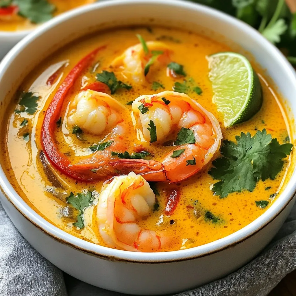 To make quick spicy shrimp soup, you need a few fresh ingredients that pack a punch. Here’s what to gather: - 1 pound large shrimp, peeled and deveined - 4 cups vegetable broth - 1 can (14 oz) coconut milk - 1 red bell pepper, sliced into thin strips - 2 cloves garlic, finely minced - 1 tablespoon fresh ginger, grated - 2 tablespoons red curry paste - 1 teaspoon red chili flakes - 1 tablespoon freshly squeezed lime juice - A handful of fresh cilantro leaves - Salt and pepper to taste These ingredients come together to create a vibrant and flavorful dish. The shrimp brings great flavor, while the coconut milk adds creaminess. The red curry paste and chili flakes give it a spicy kick. You can adjust the heat by adding more or less chili flakes based on your taste. Fresh cilantro adds a bright touch at the end. Each ingredient plays a key role in making this soup quick, spicy, and delicious. {{ingredient_image_2}} 1. Start by heating the vegetable broth in a large pot over medium heat. Bring it to a light simmer. 2. Once simmering, add two cloves of minced garlic and one tablespoon of grated ginger. Stir them for about one minute until they smell great. 1. Next, mix in two tablespoons of red curry paste. This will add a nice kick to the broth. 2. If you like it spicier, add one teaspoon of red chili flakes. You can adjust this based on how hot you want the soup to be. 1. Slowly pour in one can of coconut milk. Stir well to combine it with the broth. 2. Now, add your pound of peeled and deveined shrimp and the sliced red bell pepper. Stir everything together. 3. Cook for about 3 to 5 minutes. Keep an eye on the shrimp. They are done when they turn pink and opaque. This shows they are fully cooked. Ensuring shrimp are perfectly cooked To cook shrimp just right, watch the color. They should turn pink and opaque. Overcooking makes them tough. Cook them for about 3 to 5 minutes. Check for that bright pink color before serving. Adjusting spice levels to taste Start with a small amount of red chili flakes. You can always add more if you like it hotter. Taste the soup as it cooks. This way, you can find the right level of spice for you. How to serve the soup attractively Use deep, colorful bowls for serving. This makes the soup look inviting. Add a lime wedge on the side. It adds a pop of color and flavor. For extra flair, drizzle a little coconut milk on top. Garnishing techniques with cilantro Fresh cilantro adds a bright touch. Scatter a handful of leaves on top just before serving. This not only looks great but also adds fresh flavor. Make sure to use it generously for the best effect. Optional ingredients to spice it up Consider adding sliced jalapeños for more heat. You could also stir in some diced tomatoes for added texture. If you love coconut, add a bit more milk for creaminess. Suggestions for additional toppings Top your soup with crispy fried onions or crushed peanuts. These add great crunch and flavor. You can also serve it with a side of crusty bread to soak up every delicious drop. Pro Tips Freshness Matters: Always use fresh shrimp for the best flavor and texture. If using frozen shrimp, ensure they are completely thawed and drained before cooking. Customize Your Spice: Adjust the amount of red chili flakes based on your spice tolerance. For a milder soup, start with less and add more as needed. Balance the Flavors: Taste the soup before serving and adjust seasoning with lime juice, salt, or pepper to achieve a perfect balance between spicy, salty, and tangy. Make it Heartier: For a more substantial meal, consider adding vegetables like spinach, bok choy, or mushrooms, or serve the soup with rice or noodles on the side. {{image_4}} You can switch up the shrimp with other seafood. Try scallops or fish for a new taste. For a vegetarian soup, use mushrooms or tofu instead of shrimp. They add nice texture and flavor. You can also use vegetable broth for a lighter base. Explore different curry pastes to change the flavor. Green curry paste gives a fresh taste. You can also try yellow curry for a milder option. Adding fruits like pineapple or mango can bring sweetness. Nuts like cashews can add a nice crunch and richness. Serve your soup with rice or crusty bread. These pair well and soak up the broth. A fresh salad can add a nice balance to the meal. Consider a side of roasted veggies for extra nutrition and flavor. To store leftovers, let the soup cool first. Pour it into a container with a tight lid. Use glass or BPA-free plastic containers for best results. The soup stays fresh in the fridge for up to three days. You can freeze the soup for future meals. Allow it to cool completely before freezing. Use freezer-safe bags or containers. When you're ready to eat, thaw it in the fridge overnight. Reheat on the stove or in the microwave. Stir well to ensure even heating. The soup lasts about three days in the fridge. In the freezer, it stays good for up to three months. Always check for any changes in smell or color before eating. To peel shrimp, hold the shrimp in one hand. With the other hand, start at the head. Gently pull off the shell in one piece. Next, to devein, use a small knife. Make a shallow cut along the back to expose the vein. Use the knife to lift it out, then rinse the shrimp. This keeps the shrimp clean and tasty. Yes, you can! To make it vegetarian, replace the shrimp with tofu or chickpeas. For a vegan option, use vegetable broth and coconut milk as before. You can add more veggies like mushrooms or zucchini for extra flavor. The soup will still be rich and delicious. You can replace coconut milk with almond milk or cashew cream. These options provide a creamy texture but have a different flavor. If you're looking for something lighter, use low-fat milk or unsweetened soy milk. Just remember, the taste may change a bit. Adjusting spice is easy! Start with less red chili flakes if you prefer mild. You can always add more later. For extra heat, try a dash of hot sauce or fresh chopped chili. Taste as you go, and find your perfect spice level. This soup pairs well with rice or crusty bread. Jasmine rice adds a nice touch. You can also serve a fresh salad for crunch. If you want something heartier, try garlic bread or quinoa. Each option complements the soup's flavors perfectly. This blog post guided you through making a delicious shrimp coconut soup. We covered the key ingredients, from shrimp to spices and coconut milk. You learned step-by-step instructions for preparing and cooking the dish. Helpful tips for cooking, presenting, and enhancing flavor were also shared. Plus, we explored variations to suit your taste. Remember, you can store this soup easily for later use. Enjoy creating this meal, and don't hesitate to get creative with flavors and ingredients!