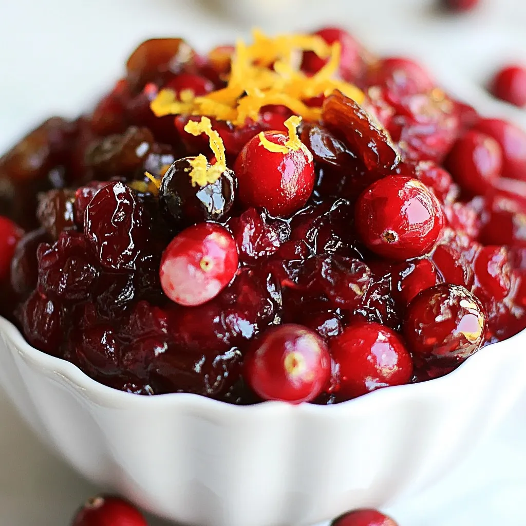 To make easy cranberry chutney, gather these ingredients: - 12 oz fresh cranberries, rinsed - 1 cup granulated sugar - 1/2 cup freshly squeezed orange juice - 1/4 cup apple cider vinegar - 1/2 teaspoon ground cinnamon - 1/4 teaspoon ground ginger - 1/4 teaspoon ground allspice - 1 small onion, finely chopped - 1/2 cup raisins - 1 tablespoon freshly grated orange zest - Sea salt to taste You can swap some ingredients if needed. For sugar, try honey or maple syrup for a natural sweetener. If you lack fresh orange juice, bottled juice works in a pinch. You can also use white vinegar if apple cider vinegar is not on hand. If you prefer a different fruit, dried cranberries or chopped apples can add a fun twist. Fresh cranberries are key for great chutney. Look for bright red berries without any soft spots. Check expiration dates on juices and vinegar to ensure quality. Use fresh spices for the best flavor. If you have old spices, you might not get the taste you want. Remember, fresh ingredients make a big difference in your final dish! {{ingredient_image_2}} First, wash the cranberries well under cold water. This step is key for freshness. After rinsing, place them in a colander. Let them drain while you prepare the other ingredients. Next, finely chop the small onion. This will add flavor to your chutney. Zest one orange to enhance the taste. Gather the other ingredients and get ready to cook. In a medium saucepan, mix sugar, orange juice, apple cider vinegar, cinnamon, ginger, and allspice. Turn on the heat to medium. Stir the mixture until the sugar dissolves. This step takes just a few minutes. Then, add the chopped onion. Cook for 3-4 minutes until it softens. Now, add the rinsed cranberries, raisins, and orange zest to the pan. Stir everything together. Increase the heat until the mixture boils. Once boiling, lower the heat to let it simmer for 15-20 minutes. Stir every now and then. You want the cranberries to burst and thicken the chutney. After simmering, taste it. If you want more salt or sweetness, adjust as needed. Remove the saucepan from the heat. Let the chutney cool to room temperature. It will thicken more as it cools. Once it’s cool, transfer it to an airtight container. Refrigerate it for at least 2 hours before serving. This chilling time helps the flavors blend well. Making cranberry chutney can be simple, but some errors can ruin it. Here are a few to watch for: - Skipping the rinsing: Always rinse the cranberries. This removes dirt and debris. - Not checking for bad berries: Discard any soft or rotten cranberries. They can spoil the flavor. - Overcooking the chutney: Keep an eye on the cooking time. Cook just until the berries burst and thicken. Every taste is unique. You can adjust the chutney to fit your preferences: - For a sweeter chutney: Add more sugar. Start with a tablespoon and taste. - For a tangier taste: Increase the apple cider vinegar. A teaspoon more can make a difference. - Adding spices: If you love spice, try adding a pinch of cayenne or more ginger for warmth. Cooking cranberries is easy if you follow these tips: - Use medium heat: This helps dissolve the sugar without burning it. - Stir often: Stirring prevents sticking and ensures even cooking. - Watch for popping sounds: This means the berries are bursting. It’s a good sign of doneness. By following these tips, you will make a tasty and balanced cranberry chutney that everyone will love! Pro Tips Choose Fresh Cranberries: Opt for bright, plump cranberries for the best flavor and texture. Avoid any that are soft or blemished. Adjust Sweetness: Depending on your taste, feel free to add more sugar or a touch of honey to balance the tartness of the cranberries. Let It Chill: Allowing the chutney to chill for a few hours enhances the flavors, making it even more delicious when served. Experiment with Spices: Don’t hesitate to add other spices like cloves or nutmeg for a unique twist on the traditional recipe. {{image_4}} To add some heat to your cranberry chutney, try adding jalapeños or chili flakes. Start with one minced jalapeño for a mild spice. If you like it hotter, add more! The heat will balance well with the sweet and tart flavors. This spicy twist makes it great for those who love a kick in their food. You can mix in different fruits or spices to make your chutney special. Try adding diced apples, pears, or even pineapple for a fruity touch. Nuts like walnuts or pecans add a nice crunch. Fresh herbs, such as mint or cilantro, give a fresh taste. Just remember to keep the balance of sweet and tart in mind. Seasonal ingredients can enhance your chutney. In fall, add diced pears or squash for warmth. In spring, consider fresh herbs or berries. Summer is perfect for peaches or cherries. Using fresh, seasonal ingredients not only boosts flavor but also makes your dish more vibrant and colorful. To keep your cranberry chutney fresh, use an airtight container. Once it cools, transfer it to the container. Make sure to seal it tightly. Store it in the fridge for the best flavor. It can stay good for up to two weeks. If you want to save some chutney for later, freezing is a great option. Pour the cooled chutney into a freezer-safe container. Leave some space at the top for expansion. Seal it well to avoid freezer burn. It can last in the freezer for up to six months. Cranberry chutney tastes better after a day in the fridge. This time allows the flavors to blend. Always check for any off smells or changes in color before using. If you see any mold, it’s best to throw it away. For the best taste, use the chutney within two weeks after opening. Yes, you can use frozen cranberries. They work well in this recipe. Just thaw them first. Rinse and drain them before adding to the mix. Frozen cranberries may be softer but still taste great. You can serve cranberry chutney in many ways. A small bowl works best. It pairs nicely with roasted meats, like turkey or chicken. You can also use it as a spread on sandwiches. For a touch of flair, add a mint sprig on top. Cranberry chutney goes well with various dishes. It complements turkey, ham, and pork. You can also serve it with cheese boards. Add it to salads or grain bowls for a burst of flavor. It is very versatile and adds a nice touch to many meals. In this blog post, we explored all you need to know about cranberry chutney. We covered key ingredients, step-by-step instructions, and tips to make your chutney stand out. I shared various ways to personalize the flavor and how to store it properly. Remember, fresh ingredients make a huge difference. Don’t forget to try the spicy version or add seasonal fruits. Lastly, serving suggestions can help you enjoy your dish more. With these insights, you'll make cranberry chutney like a pro!