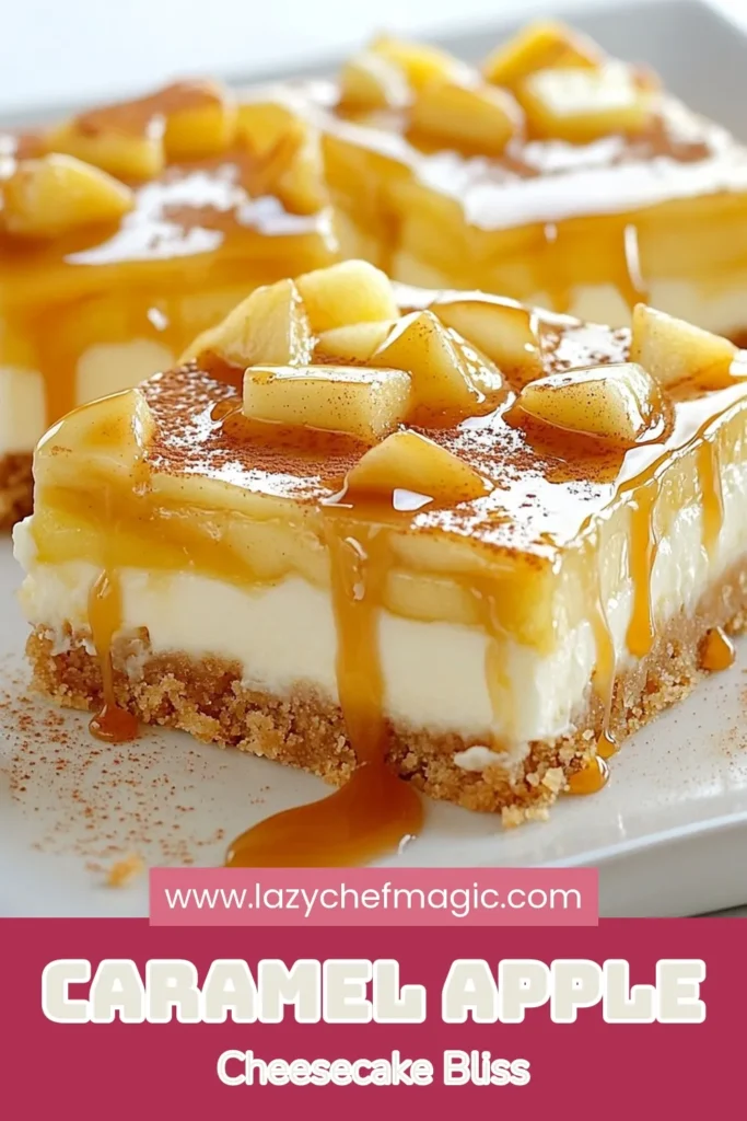 Indulge in these delicious caramel apple cheesecake bars, the perfect easy cheesecake bars for your fall dessert recipes! With a creamy cheesecake filling, fresh Granny Smith apples, and homemade caramel sauce, these decadent treats will impress everyone. This cheesecake dessert recipe is not only simple to make but also a delightful addition to any gathering. Save this recipe for a cozy autumn celebration! #CheesecakeDessert #FallTreats #HomemadeCaramel #DessertRecipes