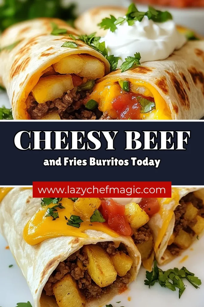 Indulge in these mouthwatering Cheesy Beef & Fries Burritos, the perfect easy burrito recipe for those craving comfort food! This beef and fries recipe combines seasoned ground beef, crispy fries, and melted cheese, all wrapped in warm tortillas. Ideal for busy weeknights, these loaded burritos are a hit with the whole family. Try these cheesy potato burritos today and make mealtime memorable! Don’t forget to save this recipe! #CheesyBeefBurritos #EasyBurritoRecipe #LoadedBurritos #BeefAndFriesRecipe