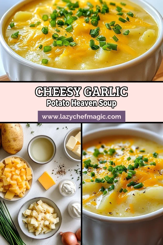 Savor the rich flavors of this Cheddar Garlic Potato Soup! This creamy potato soup recipe combines tender potatoes with minced garlic, sharp cheddar cheese, and a dash of thyme for a comforting dish that's easy to make. Perfect for chilly days, this potato soup with garlic is sure to become a family favorite. Try it now and enjoy a bowl of warmth! Save for later and share your creations! #CheddarGarlicPotatoSoup #EasySoupRecipes #CheddarCheeseSoup #ComfortFood