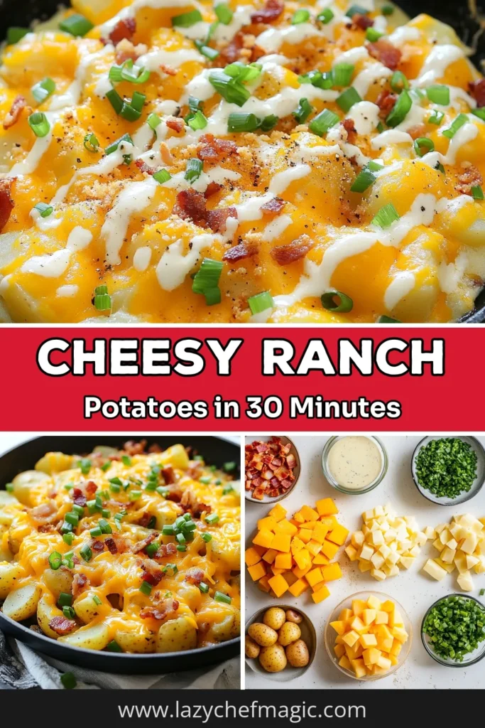 Discover the deliciousness of cheesy ranch potatoes with this easy potato skillet recipe! Perfect for busy nights, this ranch dressing potato dish combines tender potatoes with a creamy cheddar topping, making it an irresistible skillet dinner recipe. In just 30 minutes, you can serve up a comforting meal everyone will love. Try this cheesy ranch potato skillet tonight and save for later! #CheesyPotatoes #RanchDressing #SkilletRecipes #EasyDinnerIdeas