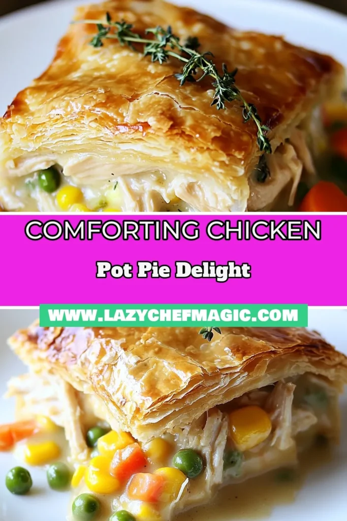 Indulge in this cozy comfort food with our easy chicken pot pie recipe! This homemade pot pie combines tender shredded chicken and vibrant mixed vegetables, all enveloped in a flaky crust for a classic chicken dinner that warms the soul. Perfect for weeknight dinners, this easy chicken pot pie is sure to become a family favorite. Click to discover the full recipe and save for later! #ChickenPotPie #CozyComfortFood #HomemadePotPie #EasyChickenDinner