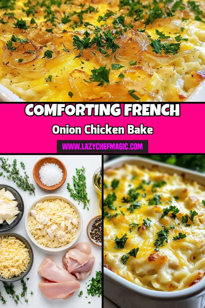 Savor the delightful flavors of this easy French Onion Chicken Orzo Bake! This savory chicken dish combines tender chicken, creamy orzo, and sweet caramelized onions, topped with melty Gruy&egrave;re cheese for the ultimate comfort food. Perfect for family dinners, this French onion chicken recipe is a must-try! Save this orzo bake recipe and impress your loved ones tonight! #FrenchOnionChicken #OrzoBake #SavoryChickenDish #GruyereCheeseBake
