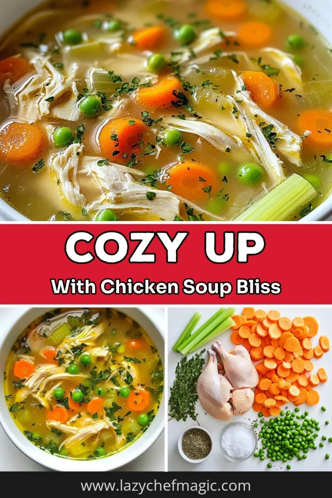 Savor the warmth of this homestyle chicken soup with our easy chicken soup recipe! Packed with tender chicken and vibrant vegetables, this comforting chicken soup is perfect for chilly days. In just two hours, you can create a delicious homemade chicken soup that the whole family will love. Don't miss out on this ultimate recipe. Save now and enjoy a flavorful bowl of goodness! #ChickenSoup #HomemadeRecipes #ComfortFood #SoupsOfPinterest