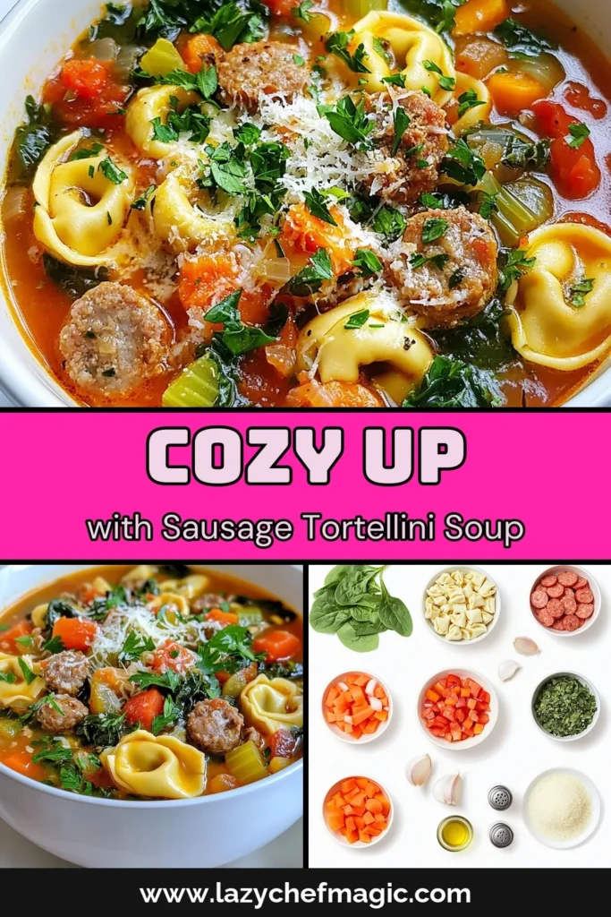 Warm up with this Sausage Tortellini Comfort Soup, a perfect blend of Italian sausage, cheesy tortellini, and fresh vegetables. This easy soup recipe is a must-try for anyone seeking comforting comfort food recipes. Packed with flavor and ready in just 35 minutes, it's ideal for weeknight dinners. Enjoy this delicious sausage tortellini soup with crusty bread for a hearty meal. Save this recipe! #ComfortFood #SausageTortelliniSoup #ItalianSausageSoup #CheesyTortelliniSoup
