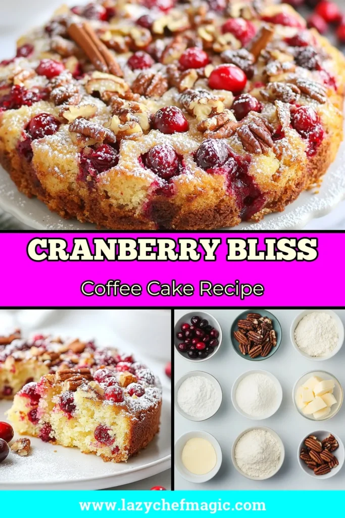 Discover the perfect holiday dessert with this easy cranberry coffee cake recipe! Featuring fresh cranberries and crunchy pecans, this Cranberry Bliss Cake is a delightful addition to any spread. Ideal for gatherings, this pecan cranberry cake will surely impress your guests. Whip up this delicious coffee cake for your next celebration! Save this recipe for festive occasions! #CranberryCoffeeCake #HolidayDessertRecipes #EasyCoffeeCakeRecipe #CranberryBlissCake