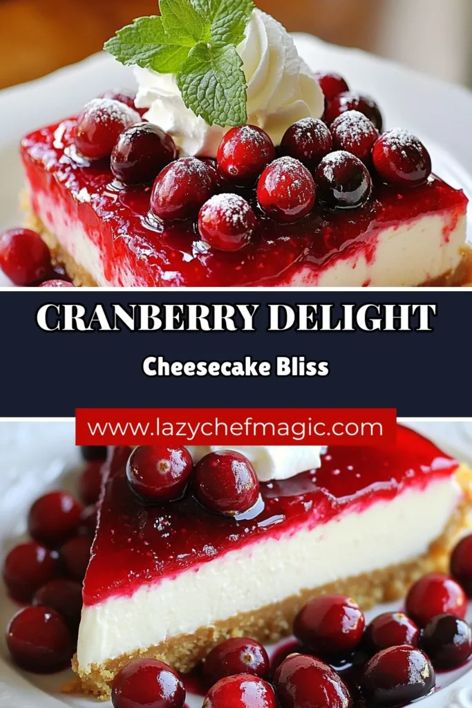 Indulge in this velvety cranberry cheesecake that’s perfect for gatherings! Our easy cheesecake recipe features a creamy filling made with cream cheese, topped with a delightful fresh cranberry sauce. This cranberry delight cheesecake is not only simple to make but also a stunning centerpiece for your dessert table. Try this cream cheese dessert recipe today and impress your guests! Save for later! #cranberrycheesecake #easyrecipe #dessert #cheesecakerecipes