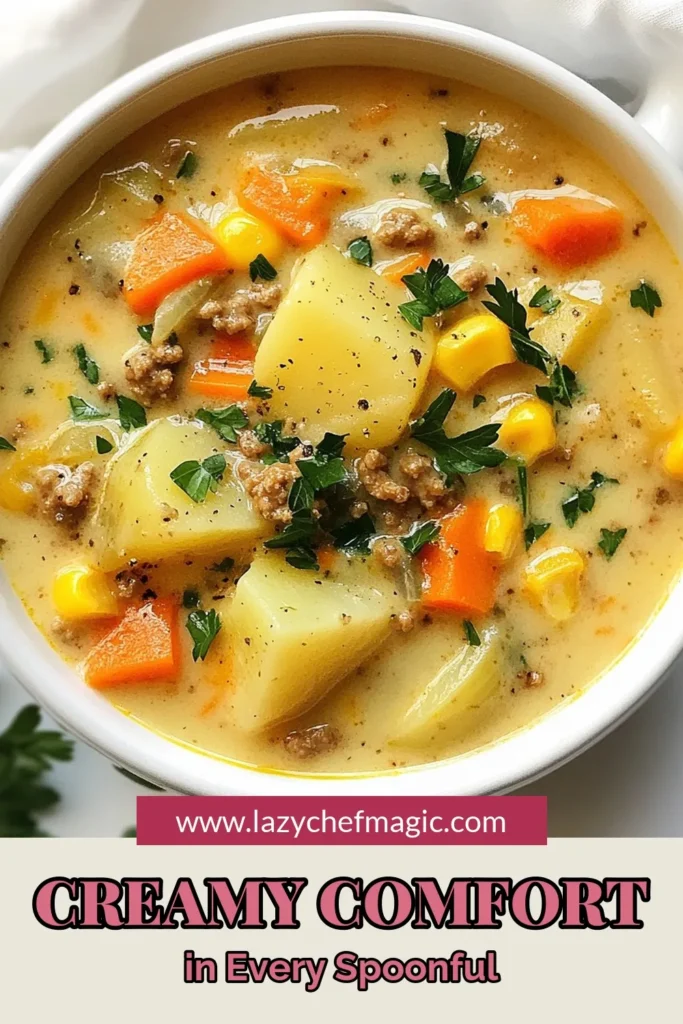 Warm up with this hearty potato hamburger soup that's perfect for chilly nights! This creamy potato soup recipe features tender potatoes, flavorful ground beef, and a blend of veggies, making it a delightful comfort food soup. Easy to whip up, this ground beef soup recipe is a family favorite and ideal for meal prep. Discover the joy of simple, delicious meals and save this recipe to try later! #SoupRecipes #ComfortFood #PotatoSoup #EasyRecipes