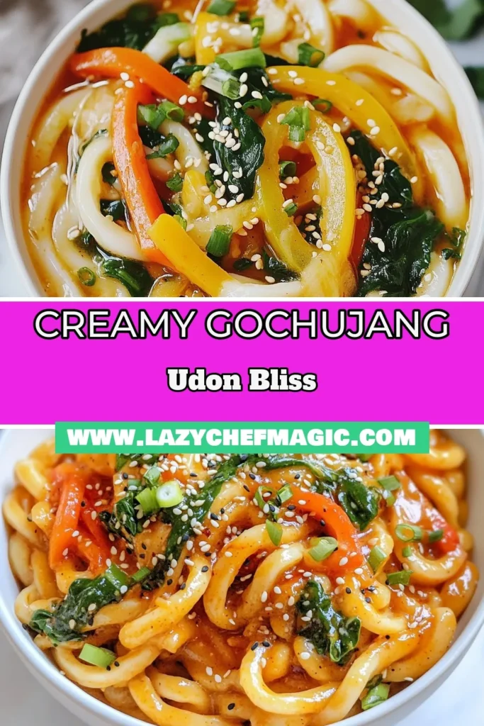 Indulge in the rich flavors of creamy gochujang udon with this easy udon stir-fry recipe! This vegan creamy noodles recipe combines fresh veggies and a delicious gochujang pasta dish that's ready in just 25 minutes. Perfect for a quick weeknight dinner, this Korean udon noodle recipe will please everyone. Save this delightful dish and impress your loved ones! #CreamyGochujangUdon #VeganRecipes #UdonNoodles #AsianCuisine