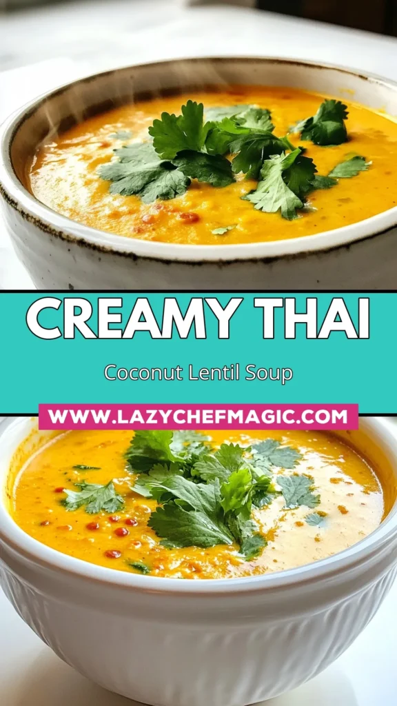 Indulge in the comforting flavors of Thai Coconut Red Lentil Soup. This delicious red lentil soup recipe features creamy coconut milk and a hint of red curry, making it a perfect vegan Thai soup for chilly evenings. Ready in just 35 minutes, this nutritious dish is sure to become a family favorite. Don&rsquo;t miss out on this creamy coconut milk soup that warms the soul! Save and try this delightful recipe today! #ThaiCoconutSoup #RedLentilSoupRecipe #VeganThaiSoup #CreamyCoconutMilkSoup