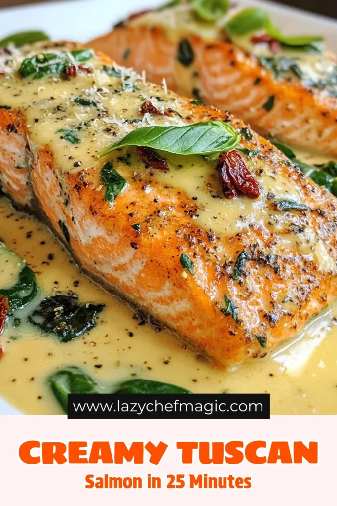 Indulge in this deliciously creamy Tuscan Salmon recipe featuring sun-dried tomatoes and spinach. Perfect for a quick weeknight meal, this easy creamy salmon recipe is bursting with flavor, thanks to aromatic Italian herbs. Each bite of these Italian herb salmon fillets will leave you wanting more. Get ready to impress your family and friends with this delightful spinach and salmon dish! Save the recipe now! #CreamyTuscanSalmon #EasySalmonRecipe #HealthyDinner #ItalianCuisine