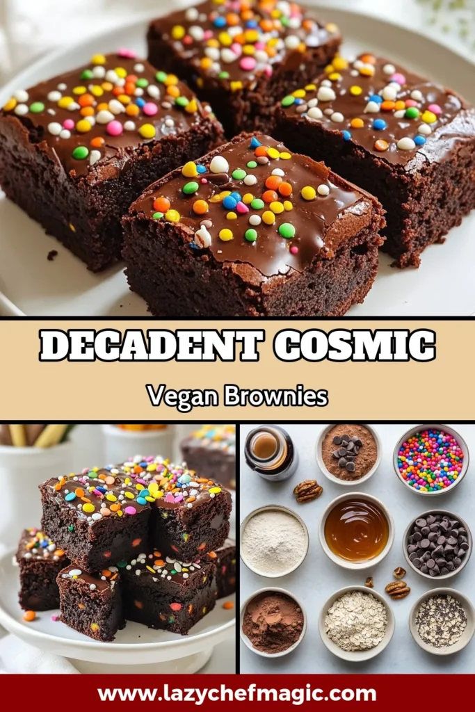 Indulge in these Vegan Cosmic Brownies&mdash;a delicious twist on your favorite healthy brownie recipe! Packed with almond butter and topped with colorful vegan-friendly sprinkles, these easy vegan baking delights will satisfy your chocolate cravings. Try these vegan chocolate desserts at your next gathering! Perfect for snacking or dessert. Don't forget to save this recipe! #VeganCosmicBrownies #HealthyBrownieRecipe #EasyVeganBaking #VeganChocolateDesserts