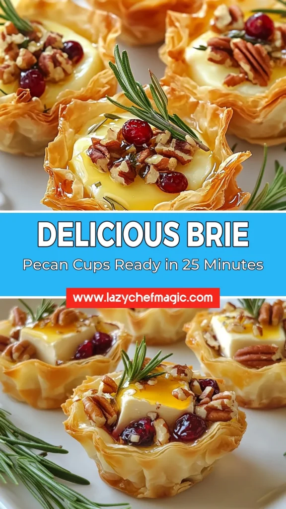 Delight your guests with these irresistible Brie cranberry pecan appetizers! This baked Brie cups recipe combines creamy Brie cheese, crunchy pecans, and tart cranberries in flaky phyllo pastry for an impressive holiday party snack. Perfect as easy cheese appetizers, these phyllo pastry recipes are stunning and simple to make. Give your gatherings a delicious twist—save and try this recipe today! #BrieAppetizers #HolidaySnacks #EasyRecipes #PhylloCups