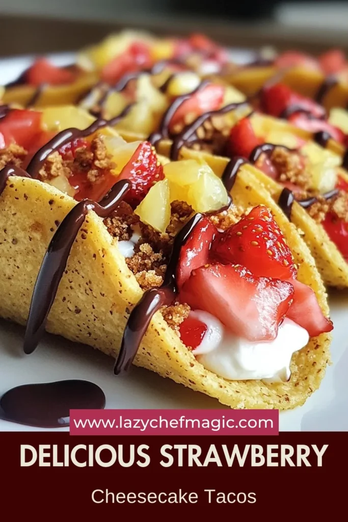 Indulge in the delightful Strawberry Crunch Cheesecake Tacos! This no-bake cheesecake tacos recipe combines creamy cheesecake filling with fresh strawberries, all nestled in crunchy graham cracker shells. Perfect for dessert lovers, these strawberry dessert tacos are easy to make and a showstopper at any gathering. Try this tasty twist on dessert tacos and impress your guests. Save this recipe for your next sweet treat! #DessertTacosRecipe #StrawberryDessertTacos #CrunchyCheesecakeTacos #NoBakeCheesecakeTacos
