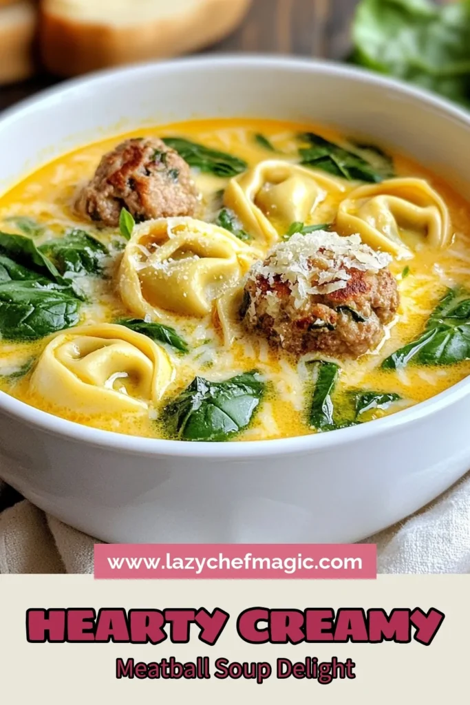 Warm up with this delicious creamy Italian meatball soup featuring tender meatballs and cheesy tortellini. It's the best meatball soup recipe you'll ever try, made easy with chicken broth for depth and richness. Whip up this easy Italian soup recipe in under an hour and enjoy a bowl of comfort. Perfect for busy weeknights! Pin now and savor every bite later! #ItalianMeatballSoup #CreamyTortelliniSoup #EasySoupRecipe #MeatballSoup