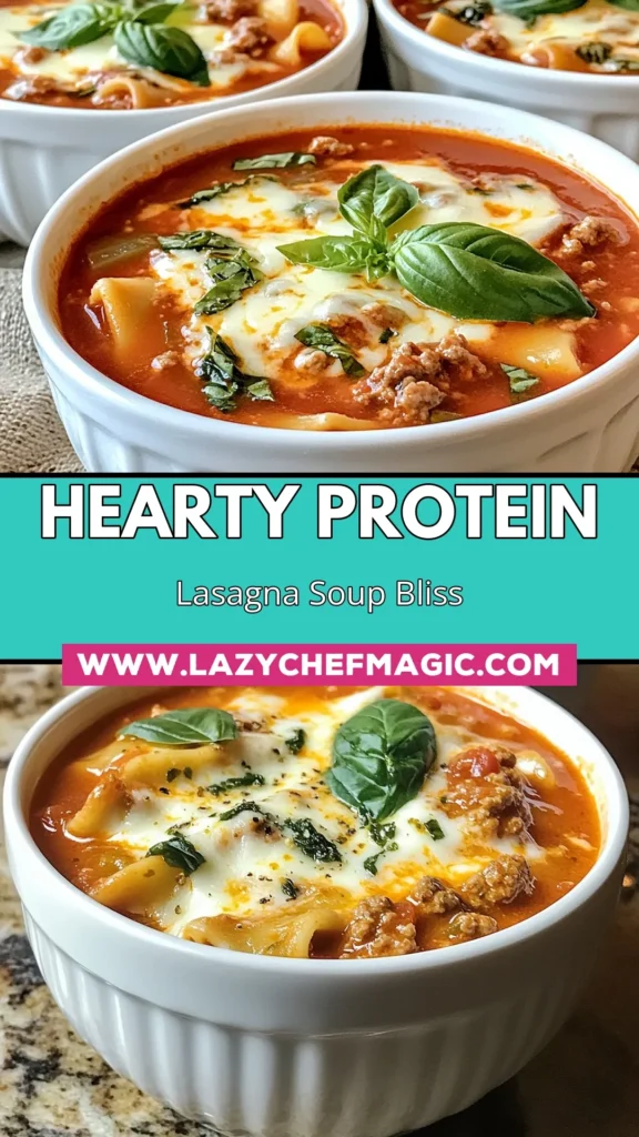 Discover a delicious and nutritious dinner with this Protein Lasagna Soup! This Healthy Lasagna Soup Recipe features ground turkey for a low-fat, high-protein meal that the whole family will love. It's an easy family dinner recipe packed with flavor and wholesome ingredients. Perfect for busy nights, this quick ground turkey soup will satisfy your cravings. Click for the full recipe! #ProteinLasagnaSoup #HealthyDinner #GroundTurkeySoup #EasyDinnerRecipe