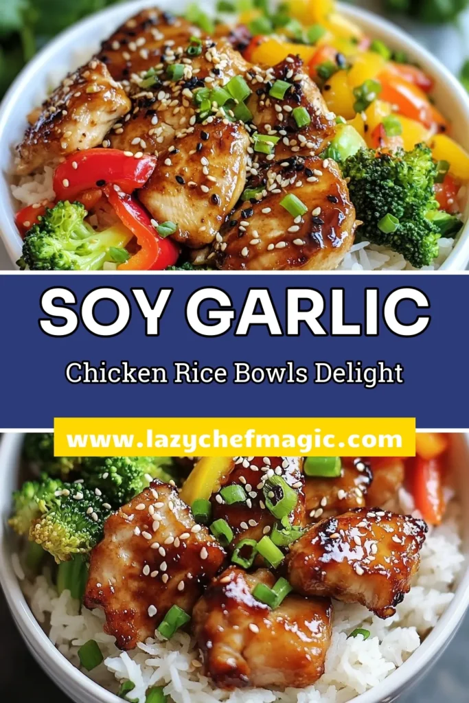 Discover the deliciousness of Soy Garlic Chicken Rice Bowls! This healthy chicken recipe features tender soy garlic chicken served over fluffy jasmine rice. Perfect for a quick dinner, this easy chicken stir-fry combines vibrant vegetables for a nourishing meal. Get ready to impress with this tasty soy sauce chicken bowl that everyone will love! Save this recipe for your next meal prep! #SoyGarlicChicken #JasmineRiceBowl #HealthyChickenRecipe #EasyChickenStirFry