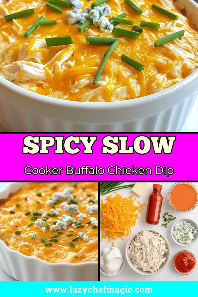 Discover the ultimate Buffalo chicken dip recipe with this slow cooker buffalo dip that&rsquo;s perfect for parties! This creamy buffalo chicken dip features shredded chicken, cream cheese, and spicy buffalo sauce, creating an irresistible appetizer dip for gatherings. Serve warm and enjoy every bite of this spicy buffalo chicken dip with your favorite dippers. Save this recipe now and impress your guests! #BuffaloChickenDip #SlowCookerRecipes #PartyAppetizers #DipRecipes