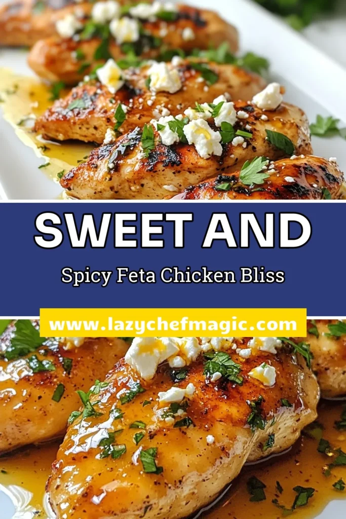 Looking for an easy chicken dinner idea? Try this Spicy Honey Feta Chicken! This baked chicken recipe combines juicy chicken breasts, crumbled feta, and a sweet-hot honey garlic glaze for a deliciously unique meal. Perfect for weeknight dinners, this Honey Garlic Chicken will be a hit with the whole family. Save this recipe for a tasty dinner tonight! #ChickenDinner #BakedChicken #HoneyGarlicChicken #FetaCheeseRecipes