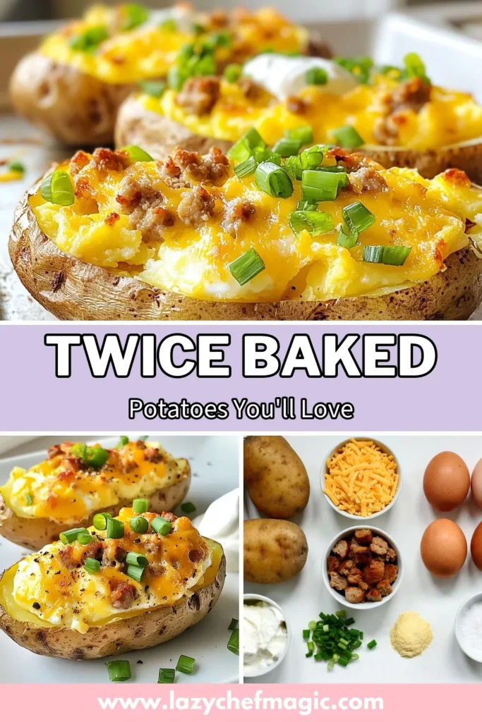 Indulge in these twice baked breakfast potatoes for the ultimate morning treat! This stuffed potatoes recipe is packed with cheesy goodness and crumbled turkey sausage, making them the perfect breakfast potato recipe. Try these cheesy potato bites for a delicious start to your day. Don't miss out on this easy recipe that will wow your family! Save this one for later! #TwiceBakedPotatoes #StuffedPotatoes #BreakfastRecipes #CheesyBites