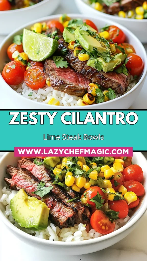Savor the flavors of these Cilantro Lime Steak Bowls &ndash; a delicious Flank Steak Rice Bowl Recipe that's both easy and healthy! Featuring grilled steak with rice, vibrant cherry tomatoes, creamy avocado, and fresh cilantro, this Easy Beef Rice Bowl is perfect for any meal. Elevate your dinner game with this Healthy Cilantro Lime Recipe that your family will love. Try it today and enjoy! #CilantroLimeSteakBowls #HealthyRecipes #BeefRiceBowl #GrilledSteak