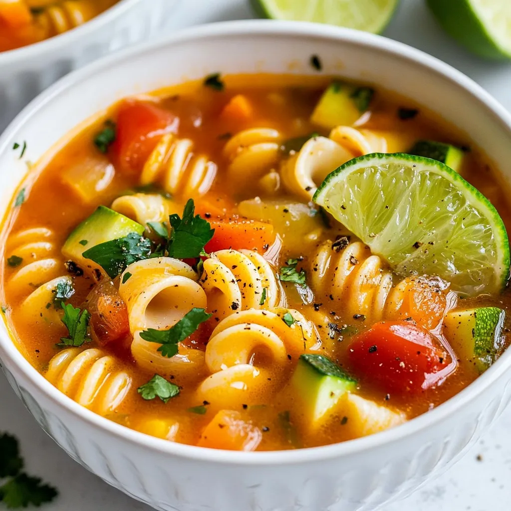For a delicious pot of Mexican Sopa de Conchas, you'll need: - 1 cup conch shell pasta (or any small shell-shaped pasta) - 2 tablespoons extra virgin olive oil - 1 medium onion, diced - 2 cloves garlic, minced - 1 medium carrot, diced - 1 medium zucchini, diced - 1 cup diced tomatoes (canned or fresh, with juice) - 4 cups vegetable broth (preferably low-sodium) - 1 teaspoon ground cumin - 1 teaspoon smoked paprika - 1/2 teaspoon chili powder (or adjust to taste for desired spice level) - Salt and freshly ground black pepper to taste - Fresh cilantro, chopped (for garnish) - 1 lime, cut into wedges (for serving) You can swap ingredients based on what you have: - Pasta: Use any small pasta shape, like ditalini or orzo. - Olive Oil: Canola or avocado oil work as good substitutes. - Vegetable Broth: Chicken broth is a tasty option if you want more flavor. - Tomatoes: Use tomato sauce for a smoother texture. - Cilantro: Parsley can replace cilantro if you prefer a milder taste. Choosing fresh ingredients makes a big difference. Here are some tips: - Onions: Look for firm, smooth-skinned onions. Avoid soft spots. - Garlic: Choose bulbs that are firm and dry with tight skin. - Carrots: Pick bright orange carrots that feel firm and crisp. - Zucchini: Select small to medium zucchini that are glossy and firm. - Tomatoes: Choose ripe tomatoes that smell sweet and feel slightly soft. These tips will help you gather the best ingredients for your flavorful Sopa de Conchas! {{ingredient_image_2}} 1. Heat oil: Start by heating 2 tablespoons of extra virgin olive oil in a large pot over medium heat. 2. Sauté onion: Add 1 medium diced onion. Cook for 3-4 minutes until it turns translucent and fragrant. 3. Add garlic: Next, add 2 minced garlic cloves. Stir for about 1 minute. Don’t let it burn. 4. Incorporate veggies: Toss in 1 medium diced carrot and 1 medium diced zucchini. Cook for another 3-4 minutes, stirring until they soften. 5. Mix in tomatoes and spices: Add 1 cup of diced tomatoes with juice, 1 teaspoon of ground cumin, 1 teaspoon of smoked paprika, and 1/2 teaspoon of chili powder. Season with salt and pepper. Cook for 5 minutes, stirring often. 6. Pour in broth: Add 4 cups of vegetable broth. Raise the heat to bring it to a gentle boil. 7. Cook pasta: Once boiling, add 1 cup of conch shell pasta. Cook according to the package, usually 8-10 minutes, stirring to avoid sticking. 8. Taste and serve: After cooking, taste the soup. Adjust the seasoning if needed. Remove from heat and let flavors meld for a couple of minutes. Serve hot, garnished with fresh cilantro and a lime wedge. - Keep an eye on the heat. If it gets too high, your soup might boil too fast. - Stir occasionally to prevent sticking, especially after adding the pasta. - Let the soup sit for a couple of minutes after cooking. This helps the flavors blend. - Sauté the onion and garlic well. This builds a solid flavor base. - Use fresh tomatoes when in season for a brighter taste. - Adjust the spice levels by adding more chili powder or fresh peppers. Taste as you go for the best results. To ensure your conch shell pasta is just right, cook it al dente. This means it should be firm but not hard. Follow the package instructions closely. Stir the pasta often while cooking. This helps prevent it from sticking to the pot. Want more heat? Add more chili powder! If you prefer mild flavors, skip the chili powder. You can also use fresh jalapeños for a different kick. Taste your soup as you cook. This way, you can adjust the spices to fit your taste. Serve your soup with lime wedges. The lime adds a bright flavor. Fresh cilantro on top gives a nice touch. You might also enjoy tortilla chips or crusty bread on the side. These add crunch and make the meal more filling. Pro Tips Use Fresh Ingredients: For the best flavor, opt for fresh vegetables and herbs. Fresh produce enhances the overall taste and nutritional value of your soup. Adjust Spice Levels: Customize the heat of your soup by adjusting the chili powder to your liking. Start with less and add more as needed to suit your taste. Don't Overcook the Pasta: Be sure to cook the conch shell pasta al dente to prevent it from becoming mushy in the soup. It will continue to cook slightly after being added to the broth. Garnish for Flavor: A sprinkle of fresh cilantro and a squeeze of lime not only add a pop of color but also enhance the flavor profile of the soup, making it more vibrant. {{image_4}} You can easily make Sopa de Conchas vegetarian or vegan. Replace vegetable broth with vegetable stock. For added protein, use beans like black beans or chickpeas. They add texture and nutrients. You can also add more vegetables like bell peppers or spinach. These add color and taste to your soup. If you want to add protein, chicken or shrimp works great. For chicken, use shredded cooked chicken. You can add it when you add the pasta. If you prefer shrimp, add it a few minutes before the pasta is done. This way, the shrimp cooks perfectly without getting tough. Sopa de Conchas varies by region. In some areas, you might find avocado or corn added. For a spicy kick, add diced jalapeños. You could also try using different spices like oregano or coriander. These options give the soup a unique flavor. Experiment with local ingredients to make it your own! To keep your Sopa de Conchas fresh, let it cool down first. Place it in an airtight container. Store it in the fridge. It will last for about three days. Make sure to separate the pasta if possible. This prevents it from getting too soft. When reheating, use a pot on medium heat. Add a splash of water or broth. This helps to keep the soup from drying out. Stir often to mix the flavors. You can also microwave it in a safe bowl. Heat in short bursts to avoid overheating. For long-term storage, freeze the soup without the pasta. Use freezer-safe containers or bags. It can stay fresh for up to three months. When ready to eat, thaw it in the fridge overnight. Reheat and add fresh pasta for the best taste. Sopa de Conchas is a hearty soup from Mexico. It features conch shell pasta in a rich broth. The soup combines fresh veggies and spices for a tasty meal. You can enjoy it as a starter or main dish. The blend of flavors creates a comforting and satisfying experience. Yes, you can use other small pasta shapes. Try ditalini, orzo, or even mini shells. The key is to choose pasta that holds sauce well. Adjust cooking time based on the pasta you pick. Make sure the pasta is cooked al dente for the best texture. Sopa de Conchas can be mild or spicy. It depends on how much chili powder you add. If you prefer less heat, start with a smaller amount. You can always add more spice later. The dish is also great with lime juice to balance flavors. In this blog post, we explored how to make Sopa de Conchas. We covered key ingredients, cooking steps, and useful tips to enhance flavor. You learned about ingredient substitutions and ways to store leftovers. We also discussed variations to suit your taste. Remember, cooking is fun and creative. Don't hesitate to try new ideas. Enjoy every bowl of Sopa de Conchas you make! Your taste buds will thank you.