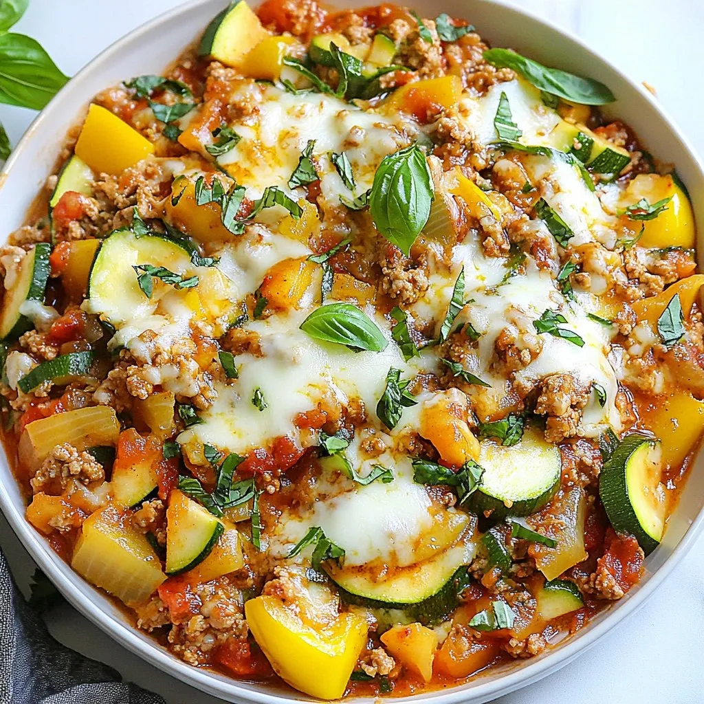 To make a tasty Low-Carb Italian Turkey Skillet, gather these main ingredients: - 1 pound ground turkey - 1 medium zucchini, diced - 1 medium yellow bell pepper, diced - 1 small red onion, finely chopped - 2 cloves garlic, minced - 1 can (14 ounces) diced tomatoes, with juices - 1 teaspoon Italian seasoning - 1/2 teaspoon red pepper flakes (optional) - 1/4 cup fresh basil, chopped - 1/2 cup shredded mozzarella cheese - 2 tablespoons olive oil - Salt and pepper, to taste These ingredients work well together. They create a rich flavor and a nice texture. Ground turkey is lean yet tasty, while the veggies add color and crunch. You may need a few pantry staples for the dish: - Olive oil - Italian seasoning - Salt - Pepper These items are easy to find and should be on hand for many meals. They help boost flavor without adding too many carbs. You can customize the dish with these optional additions: - Add more veggies like spinach or mushrooms for variety. - Swap ground turkey for chicken or beef if you prefer. - Use a different cheese, like provolone or parmesan, for a new taste. Feel free to play with these options. The key is to keep it low-carb but still fun and flavorful! {{ingredient_image_2}} 1. Heat 2 tablespoons of olive oil in a large skillet over medium heat. 2. Add 1 small red onion, finely chopped. Sauté for 3-4 minutes until soft. 3. Stir in 2 cloves of minced garlic. Cook for 1 minute until fragrant. 4. Turn the heat to medium-high. Add 1 pound of ground turkey. Cook for 5-7 minutes. 5. Break apart the turkey with a wooden spoon. Cook until no longer pink. 6. Season the turkey with salt, black pepper, 1 teaspoon Italian seasoning, and 1/2 teaspoon red pepper flakes (if you want spice). Mix well. 7. Add 1 medium zucchini and 1 medium yellow bell pepper, both diced. Stir to combine. 8. Cook for 5-6 minutes until the veggies are tender but still crunchy. 9. Pour in 1 can of diced tomatoes, including juices. Stir and let it simmer for 5 minutes. 10. Fold in 1/4 cup of chopped fresh basil. Sprinkle 1/2 cup mozzarella cheese on top. 11. Cover the skillet for 2 minutes to melt the cheese. 12. Remove from heat. Serve hot, adding more basil for garnish if you like. - Prep time is about 10 minutes. - Total cooking time is around 20 minutes. - Aim for medium heat for sautéing and medium-high when cooking the turkey. - Use fresh herbs for a vibrant taste. Dried herbs work, but fresh are best! - Adjust the red pepper flakes to fit your spice preference. - Always taste as you cook. This helps you find the right balance of flavors. - Let the dish sit for a couple of minutes after cooking. This allows flavors to blend better. To get the best texture for your turkey, choose lean ground turkey. This gives a nice balance of flavor without being too greasy. When you cook the turkey, keep breaking it up with a wooden spoon. This helps it cook evenly and stay tender. Avoid overcooking; once it’s no longer pink, it’s ready. Adding fresh herbs can lift the flavor. I love using chopped basil just before serving. It adds brightness. Red pepper flakes give a nice kick, but feel free to skip them for mild flavor. Also, try a splash of balsamic vinegar for depth. You can mix in some olives or capers for a briny touch. For a low-carb meal, serve this skillet in rustic bowls. Add a drizzle of olive oil on top for richness. You can also pair it with a side salad. Greens like arugula or spinach work well. If you want more crunch, try serving it with roasted veggies. They complement the dish and keep it light. Pro Tips Use Fresh Ingredients: Fresh vegetables and herbs will elevate the flavors of your dish, making it taste more vibrant and delicious. Adjust Spice Levels: If you prefer a milder dish, reduce or omit the red pepper flakes. You can always add hot sauce later for those who enjoy more heat. Let the Flavors Marry: Allow the skillet to simmer for a few extra minutes to let the flavors meld together for a more harmonious taste. Experiment with Cheese: Try using different types of cheese like provolone or feta for a unique twist on the classic mozzarella topping. {{image_4}} You can swap ground turkey for other meats. Ground chicken or lean beef work well. If you want a richer flavor, try ground lamb. Adjust cooking times as needed. Each protein brings a unique taste and texture to the dish. For a meatless option, use plant-based crumbles. They mimic ground meat well. You can also use chopped mushrooms to add depth. Another option is diced eggplant, which soaks up flavors nicely. These choices keep the meal hearty and satisfying. Feel free to switch up the veggies. Spinach or kale can add nutrition and flavor. You might like to add diced carrots for sweetness. Broccoli florets add a nice crunch too. Experiment with what you love for a personalized dish. To keep your Low-Carb Italian Turkey Skillet fresh, store it in an airtight container. Let the dish cool down to room temperature first. This helps keep moisture out. You can store it in the fridge for up to three days. If you want to enjoy it later, follow the freezing tips below. When you're ready to eat, simply reheat the skillet. Place it in a pan over low heat. Stir it occasionally to warm it evenly. You can also use a microwave. Heat it in a microwave-safe bowl for about 1-2 minutes. Stir halfway to ensure even heating. If you want to freeze your turkey skillet, make sure it’s completely cool first. Use a freezer-safe container for best results. Label it with the date. It can last up to three months in the freezer. To thaw, move it to the fridge a day before you plan to eat it. Reheat it as described above. This keeps the flavors intact and makes it easy for you to enjoy later! A low-carb diet limits carbohydrates. This includes foods like bread, pasta, and sugar. Instead, it focuses on proteins and healthy fats. People often use this diet to lose weight or control blood sugar. It can help with energy and mood too. Many find it easier to eat more vegetables and lean meats. This diet can be tasty and filling. Yes, you can make this dish ahead of time. Cook it fully and cool it down. Store it in an airtight container in the fridge. It lasts about 3-4 days. Reheat it on the stove or in the microwave. Just stir it well to heat evenly. This makes mealtime quick and easy! To change the spice level, add or remove red pepper flakes. Start with a small amount for mild heat. If you like it spicy, add more. You can also include hot sauce or fresh chili peppers. Taste as you go, so it fits your liking. Adjusting spices makes the dish your own! In this blog post, we covered how to make a tasty low-carb Italian turkey skillet. We discussed key ingredients, easy preparation steps, and clever tips to boost flavor. You learned about protein alternatives and how to store leftovers. Remember, this dish is flexible, so feel free to experiment. Using your favorites will make it truly yours. With these guidelines, you can enjoy healthy meals without losing flavor. Embrace your cooking journey and create something delicious today!
