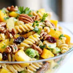 - 2 cups whole wheat rotini pasta - 1 cup butternut squash, peeled and diced - 1 cup Brussels sprouts, trimmed and halved - 1 sweet apple, cored and diced (try Fuji or Honeycrisp) - 1/2 cup dried cranberries - 1/2 cup pecans, toasted and roughly chopped - 1/4 cup feta cheese, crumbled (optional) In this salad, whole wheat rotini pasta provides a great base. The pasta has a nice texture and holds the dressing well. Butternut squash adds sweetness and warmth. Brussels sprouts bring a slight crunch and depth. The sweet apple gives a fresh pop. Dried cranberries add a tangy bite. Toasted pecans offer a nutty flavor and crunch. Feta cheese is optional but adds creaminess. - 3 tablespoons olive oil - 2 tablespoons apple cider vinegar - 1 teaspoon Dijon mustard - 1 teaspoon maple syrup - Salt and pepper, to taste The dressing is simple yet flavorful. Olive oil adds richness, while apple cider vinegar gives a tangy note. Dijon mustard adds depth, and maple syrup sweetens the mix. Adjust salt and pepper to your taste. This dressing brings all the ingredients together. It makes the salad shine with flavor. {{ingredient_image_2}} Set your oven to 400&deg;F (200&deg;C). This heat helps the vegetables cook well. Preparing the veggies first is key. It makes sure they roast perfectly while you focus on the pasta. For the butternut squash and Brussels sprouts, peel and dice the squash. Trim and halve the Brussels sprouts. Spread them on a large baking sheet. Drizzle with 1 tablespoon of olive oil and sprinkle with salt and pepper. Toss them to coat evenly. Roast in the oven for 20-25 minutes. Stir halfway through to get even roasting. They should be tender and slightly caramelized when done. While the veggies roast, bring a pot of salted water to a boil. Add 2 cups of whole wheat rotini pasta. Cook according to the package directions until al dente. Once it's ready, drain the pasta and rinse it under cold water. This cools it down and stops the cooking process. In a small bowl, whisk together 2 tablespoons of olive oil, apple cider vinegar, Dijon mustard, and maple syrup. Add a pinch of salt and pepper. Keep whisking until everything blends well into a smooth mix. In a large mixing bowl, combine the cooled pasta, roasted butternut squash, Brussels sprouts, diced apple, dried cranberries, and chopped pecans. This mix brings together sweet and savory flavors that make the salad special. Drizzle the prepared dressing over the pasta mix. Gently toss everything with a large spoon. If you want to add feta cheese, do it now. Toss again carefully to mix without breaking the cheese too much. Taste the salad and add more salt and pepper if needed. Before serving, sprinkle fresh parsley on top for a nice touch. To make sure your vegetables shine, avoid sogginess. Spread out the butternut squash and Brussels sprouts on the baking sheet. This helps them roast well. If they are too close, they will steam instead of roast. Stir them halfway to ensure even cooking. This will give them a nice caramel color and a sweet flavor. For a tasty boost, think about adding seasonings. I love using thyme and rosemary. They give a warm, fall flavor to the salad. You can also add chopped nuts or seeds for extra crunch. If you want to swap ingredients, try different apples or nuts. Pecans can be replaced with walnuts if you prefer. The key is to find flavors you love. Serving your pasta salad in clear bowls makes it pop. You can see the beautiful colors of the ingredients. For a fun touch, drizzle balsamic reduction around the bowl. This adds a nice look and extra flavor. Don&rsquo;t forget to sprinkle fresh parsley on top. It gives a fresh touch and looks great! Pro Tips Roasting Perfection: Ensure your vegetables are cut into uniform sizes for even cooking and caramelization. Pasta Cooking: For the best texture, cook your pasta until al dente and rinse it under cold water to stop the cooking process. Dressing Balance: Adjust the acidity of the dressing to your taste; add more apple cider vinegar for a tangier flavor. Garnish Wisely: Fresh herbs not only enhance flavor but also add color; consider using arugula or spinach for a different twist. {{image_4}} You can switch up the pasta type in this salad. Try using your favorite gluten-free pasta. Bowtie or penne pasta also works great. You can even use quinoa for a protein boost. When it comes to vegetables, there are many choices. Sweet potatoes add a nice flavor. Roasted carrots or beets can brighten the dish. You can also use kale or spinach for extra greens. For the dressing, you can make your own vinaigrette. Use balsamic vinegar instead of apple cider for a different taste. A touch of honey can replace the maple syrup. Adding herbs like basil or thyme can bring fresh flavor. Try a pinch of red pepper flakes for a little heat. Experimenting with spices can make the dressing unique. If you want a vegan option, skip the feta cheese. You can add more nuts or seeds for creaminess. Chickpeas also make a great addition for protein. For gluten-free needs, use gluten-free pasta as mentioned. Check that your dressing is also gluten-free. This way, everyone can enjoy the salad. The Fall Harvest Pasta Salad stays fresh in the fridge for about 3 to 5 days. To keep it tasty, store it in an airtight container. This helps avoid any excess moisture. If you see any signs of spoilage, it's best to toss it. You can freeze the pasta salad, but it&rsquo;s best to do this without the dressing. To freeze, place the salad in a freezer-safe bag or container. Make sure to squeeze out as much air as possible. When you're ready to enjoy it, thaw it overnight in the fridge. For a quick meal, serve it cold or gently reheat it on the stove. After storage, the salad may need a little refresh. Drizzle some olive oil or a splash of vinegar to perk it up. Toss in some fresh herbs or a bit of feta cheese for added flavor. Pair it with grilled chicken or roasted vegetables for a complete meal. This salad also goes well with crusty bread or a light soup. Yes, you can prep this salad ahead of time. Make the roasted veggies and pasta in advance. Store them separately in the fridge. You can mix everything together just before serving. This helps keep the pasta and veggies fresh. The dressing can also be made ahead. Just store it in a jar in the fridge. When you are ready to serve, toss the salad with the dressing. It tastes great after a few hours as the flavors blend. Whole wheat rotini works well, but other shapes are great too. You can try penne, fusilli, or farfalle. These shapes hold the dressing well and add texture. You could even use gluten-free pasta if that fits your diet. Just make sure to follow the cooking directions on the package. To make this salad heartier, add protein. Grilled chicken or turkey pairs nicely. You can also add chickpeas for a plant-based option. Black beans or diced tofu are great choices too. Nuts like almonds or walnuts can add crunch and protein. Simply mix them in with the other ingredients for a satisfying meal. Yes, this salad is perfect for potlucks. It travels well and tastes good cool. Pack it in a large container with a lid. When you arrive, stir it well and add the dressing. If you want to keep it fresh, bring the dressing separately. Serve it in a clear bowl to show off the colors. Your friends will love this tasty dish! This blog post guides you through making a tasty pasta salad with healthy ingredients. We covered the main ingredients like whole wheat rotini, butternut squash, and apples. Then, I shared simple steps to roast veggies, cook pasta, and prepare dressing. Plus, I offered tips on enhancing flavors and made suggestions for variations and storage. In summary, this recipe is fun and flexible. Get creative, and make it your own! Enjoy every bite of your delicious pasta salad!