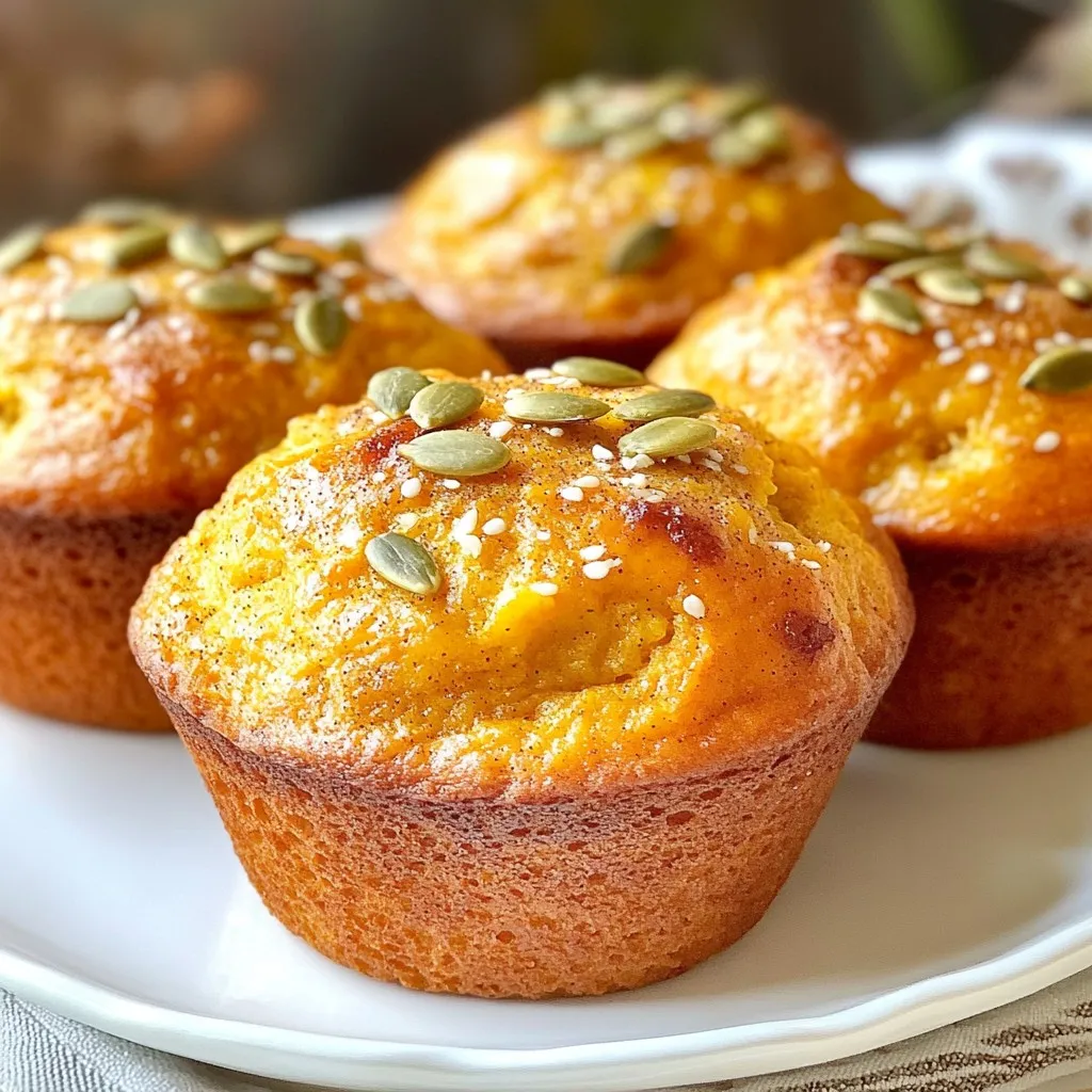 - 1 1/2 cups all-purpose flour - 1 cup canned pumpkin puree - 1/2 cup granulated sugar - 1/4 cup packed brown sugar - 1/3 cup vegetable oil - 2 large eggs, lightly beaten - 1/2 cup buttermilk, at room temperature - 1 teaspoon vanilla extract - 1 teaspoon baking powder - 1/2 teaspoon baking soda - 1 teaspoon ground cinnamon - 1/2 teaspoon ground nutmeg - 1/2 teaspoon ground ginger - 1/4 teaspoon ground cloves - 1/2 teaspoon salt These ingredients come together to create soft and moist muffins. The canned pumpkin adds flavor and moisture. The mix of sugars gives you a perfect sweet taste. - 1/2 cup chopped pecans or walnuts - 1/4 cup pumpkin seeds for topping Nuts add a nice crunch. You can also use seeds for a tasty finish on top. Feel free to mix and match based on what you like! - For a gluten-free option, use a gluten-free flour blend. - If you don’t have buttermilk, mix 1/2 cup milk with 1/2 tablespoon vinegar or lemon juice. - Instead of vegetable oil, you can use melted coconut oil or applesauce for a lighter taste. These changes can help you customize your muffins. They allow you to meet dietary needs or use what you have on hand. Enjoy experimenting with different flavors! {{ingredient_image_2}} First, preheat your oven to 350°F (175°C). This step is key for even baking. While the oven warms, prepare your muffin tin. Line it with paper liners or grease it lightly with cooking spray. This keeps the muffins from sticking. Next, grab a large mixing bowl. In it, combine 1 1/2 cups of all-purpose flour, 1 teaspoon of baking powder, 1/2 teaspoon of baking soda, and 1/2 teaspoon of salt. Add 1 teaspoon of ground cinnamon, 1/2 teaspoon of ground nutmeg, 1/2 teaspoon of ground ginger, and 1/4 teaspoon of ground cloves. Whisk these dry ingredients together well. This ensures an even spice distribution. In another bowl, mix 1 cup of canned pumpkin puree with 1/2 cup of granulated sugar and 1/4 cup of packed brown sugar. Add 1/3 cup of vegetable oil, 2 lightly beaten eggs, 1/2 cup of buttermilk, and 1 teaspoon of vanilla extract. Whisk this mixture until it is smooth. A smooth mixture helps your muffins rise well. Pour the wet mixture into the bowl of dry ingredients. Stir gently until just combined. Do not overmix; some lumps are fine. If you want extra crunch, fold in 1/2 cup of chopped pecans or walnuts at this point. This adds a delightful texture to your muffins. Using a spoon or a cookie scoop, fill each muffin cup about two-thirds full. This allows space for the muffins to rise. If you like, sprinkle the tops with pumpkin seeds for a nice touch. This step adds both flavor and looks. Place the muffin tin in your preheated oven and bake for 18-20 minutes. They are ready when a toothpick inserted in the center comes out clean, with a few moist crumbs attached. After baking, let them cool in the tin for about 5 minutes. Then, transfer them to a wire rack to cool completely. This cooling method keeps them light and fluffy. To get that perfect muffin texture, follow a few key steps. First, measure your flour correctly. Spoon it into the measuring cup and level it off. This helps avoid dense muffins. When mixing the batter, stir gently. You want to mix until just combined. Some lumps are okay. Overmixing can make your muffins tough. Also, use room temperature ingredients. This helps the batter mix well and rise nicely. To keep your muffins fresh, store them in an airtight container. This helps prevent them from drying out. If you plan to keep them longer, freeze them. Wrap each muffin in plastic wrap, then place them in a freezer bag. This protects them from freezer burn. Muffins can last up to three months in the freezer. For the best taste, reheat your muffins before eating. You can use a microwave for quick heating. Just warm them for about 10-15 seconds. For a crispy top, pop them in a 350°F oven for 5-7 minutes. This brings back their fresh-baked flavor. Enjoy your muffins warm with butter or cream cheese for added flavor! Pro Tips Use Fresh Spices: Ensure your spices are fresh for the best flavor. Ground spices lose potency over time, so check their expiration dates and consider using whole spices whenever possible for a more robust taste. Measure Flour Correctly: To avoid dense muffins, spoon flour into your measuring cup and level it off with a knife, rather than scooping directly from the bag, which can compact the flour. Room Temperature Ingredients: Make sure your buttermilk and eggs are at room temperature before mixing. This helps create a smoother batter and results in a lighter muffin. Don’t Overmix: Stir the batter until just combined. Overmixing can lead to tough muffins due to the development of gluten, so be gentle! {{image_4}} You can make gluten-free pumpkin spice muffins by swapping all-purpose flour with a gluten-free blend. Look for a blend that contains xanthan gum. This will help the muffins rise and hold their shape. The rest of the ingredients stay the same. You might not even notice the difference! To make these muffins vegan, replace the eggs with flax eggs. Use one tablespoon of ground flaxseed mixed with three tablespoons of water for each egg. Choose a plant-based milk instead of buttermilk. Almond milk or soy milk works great. Also, opt for a vegetable oil that is free from animal products. Feel free to add your own twist! You can toss in chocolate chips for a sweet touch. Dried cranberries or raisins add a nice fruity flavor too. If you enjoy nuts, pecans or walnuts give a great crunch. You can also mix in some coconut flakes for a tropical flair. To keep your muffins fresh, place them in an airtight container. Line the container with paper towels to absorb moisture. This helps keep the muffins soft. If you use a zip-top bag, remove as much air as possible before sealing. Store them at room temperature for up to three days. Freezing is great for long-term storage. Once the muffins cool, wrap each one in plastic wrap. Then, place them in a freezer bag or airtight container. This keeps them safe from freezer burn. You can freeze them for up to three months. To enjoy, thaw them in the fridge overnight or warm them in the microwave. Bakery-style pumpkin spice muffins stay good for three days at room temperature. After that, they may dry out. If you freeze them, they last for three months. Always check for signs of spoilage, like mold or an off smell, before eating. Enjoy your muffins while they’re fresh for the best taste! Yes, you can use fresh pumpkin. Start by roasting a pumpkin until soft. Then, scoop out the flesh and blend it until smooth. This fresh puree can replace canned pumpkin without any trouble. Keep in mind, fresh pumpkin may have a different moisture level. Adjust your recipe slightly if needed. You can make these muffins healthier by using whole wheat flour instead of all-purpose flour. This adds fiber and nutrients. You can also reduce the sugar by half or use honey or maple syrup as a natural sweetener. Adding in some oats or chia seeds boosts nutrition too. If you don't have buttermilk, you can make your own! Mix one cup of milk with one tablespoon of vinegar or lemon juice. Let it sit for about 5 minutes to curdle. This will give you a great substitute. You can also use plain yogurt thinned with a bit of water. To prevent sticking, line your muffin tin with paper liners. You can also lightly grease each cup with cooking spray. Ensure the muffins cool for 5 minutes before removing them. This will help them release easily from the pan. In this post, I shared how to make delicious muffins. We covered main ingredients, optional add-ins, and substitutions. I outlined simple steps for mixing and baking. I also included tips for texture and freshness. You learned about tasty variations, storage methods, and answers to common questions. Keep this guide handy as you bake. With what you learned, you can create muffins that are not only tasty but also fit your needs. Enjoy your baking journey!