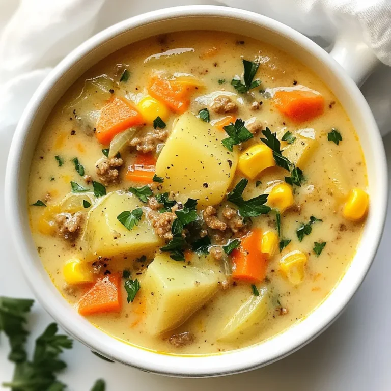 - 1 lb ground beef or ground turkey - 4 medium potatoes, peeled and cut into cubes - 1 medium onion, finely diced - 2 cloves garlic, minced - 4 cups beef or vegetable broth - 1 cup heavy cream or coconut milk - 1 cup frozen sweet corn - 1 cup shredded carrots - 2 teaspoons dried thyme - 1 teaspoon paprika - Salt and black pepper, to taste - Fresh parsley, finely chopped (for garnish) This creamy potato and hamburger soup brings warmth and comfort. You need simple, fresh ingredients for a rich flavor. Ground beef or turkey forms the heart of the dish. Potatoes add a creamy texture that fills you up. Choose Yukon Gold for a buttery taste. A mix of sweet corn and shredded carrots gives color and sweetness. Broth is essential for depth. I prefer beef broth for a hearty flavor. If you want a lighter soup, use vegetable broth instead. For creaminess, heavy cream makes it rich. Coconut milk is a great dairy-free option. Spices like thyme and paprika give warmth and depth. Salt and black pepper enhance all the flavors. Fresh parsley on top adds a bright touch. This list creates a comforting dish that warms your soul. Plus, it is easy to adjust based on what you have at home. {{ingredient_image_2}} First, heat a large pot over medium heat. Add 1 pound of ground beef or turkey. Cook it for about 6 to 8 minutes. Stir often to break it into small pieces. When it turns brown, check for excess fat. If there is too much, drain it out. This keeps the soup light and tasty. Next, add 1 finely diced onion and 2 minced garlic cloves to the pot. Stir them in with the meat. Cook for about 5 minutes. You want the onion to become soft and translucent. This adds great flavor to your soup. Now, it's time to add the main ingredients. Toss in 4 cubed potatoes, 4 cups of beef broth, 2 teaspoons of dried thyme, and 1 teaspoon of paprika. Stir everything well. Bring the mixture to a rolling boil. Once it boils, lower the heat. Cover the pot and let it simmer for 15 to 20 minutes. The potatoes should be fork-tender. After simmering, add in 1 cup of frozen sweet corn and 1 cup of shredded carrots. Slowly pour in 1 cup of heavy cream or coconut milk. Stir gently to blend it in. This makes the soup rich and creamy. Let it simmer for another 5 to 10 minutes. The flavors will come together beautifully. Taste the soup for seasoning. Add salt and black pepper to your liking. Once done, remove the pot from the heat. Serve the soup in bowls, and garnish with freshly chopped parsley. This adds a nice touch of color and freshness to your dish. Enjoy your creamy potato and hamburger soup! - Choosing the right potatoes: I recommend using Yukon Gold or Russet potatoes. They have a creamy texture and hold up well in soup. Avoid waxy potatoes like red potatoes, as they can turn mushy. - Browning meat for depth of flavor: Browning the meat adds a rich taste to your soup. Cook the ground beef or turkey until it has a nice brown color. This step is quick but makes a big difference. - Storing leftovers properly: Let the soup cool before placing it in an airtight container. It keeps well in the fridge for about 3-4 days. For longer storage, freeze it in individual portions. - Best reheating methods: Reheat the soup on the stove over low heat, stirring often. If using a microwave, heat in short bursts, stirring in between. This way, the soup warms evenly. - Recommended spices to add: For a little kick, try adding a pinch of cayenne pepper or crushed red pepper flakes. These spices can elevate the taste without overpowering it. - Using fresh herbs for garnish: Fresh parsley adds a nice touch. You can also use chives or thyme for a boost of flavor. Sprinkle them on top just before serving for a bright and fresh finish. Pro Tips Brown the Meat Well: Ensure you brown the ground beef or turkey thoroughly to enhance the flavor of the soup. Use Fresh Herbs: For an extra aromatic touch, consider adding fresh thyme or parsley instead of dried. Adjust Creaminess: You can adjust the creaminess by varying the amount of cream or coconut milk based on your preference. Leftover Magic: This soup tastes even better the next day, making it perfect for meal prep or leftovers! {{image_4}} You can switch the ground beef for chicken or turkey. Both options keep the soup tasty and hearty. If you want a plant-based twist, try using lentils or a meat substitute. These choices add flavor while making the dish fit various diets. If you want to make the soup dairy-free, use coconut milk instead of heavy cream. It adds a nice sweetness and creamy texture. Coconut milk works well with the spices and potatoes. You won’t miss the dairy at all. Feel free to boost the nutrition by adding more veggies. Chopped bell peppers, diced zucchini, or fresh spinach all work great. You can throw them in during the last few minutes of cooking. This helps keep their color and crunch, making your soup even better. To keep your creamy potato and hamburger soup fresh, follow these steps: - Refrigerating leftovers: Allow the soup to cool down at room temperature. Once cooled, transfer it to an airtight container. It will last in the fridge for about 3 to 4 days. Make sure to label it with the date. - Freezing for long-term storage: If you want to store it longer, consider freezing. Use freezer-safe containers or bags. Leave some space at the top, as the soup will expand when frozen. This way, it can last up to 3 months in the freezer. When it’s time to enjoy your soup again, reheating is key to keeping its taste: - Stovetop method: Pour the soup into a pot. Heat over medium-low heat. Stir it often to prevent sticking. Heat until it’s warm, about 10 to 15 minutes. - Microwave method: Transfer a bowl of soup to the microwave. Heat on high for 1 to 2 minutes. Stir halfway through, ensuring even warming. These methods keep the flavors intact, so your comforting soup tastes just as good as when you first made it! Creamy potato and hamburger soup can last in the fridge for about 3 to 4 days. To store it properly, let it cool down first. Then, transfer it to an airtight container. This keeps the soup fresh and tasty. Always label the container with the date. This way, you can track how long it has been stored. Yes, you can make this soup ahead of time. In fact, it often tastes better the next day! To prepare in advance, follow the recipe up to adding the cream. Store the soup in the fridge without the cream. When you're ready to enjoy it, reheat the soup on the stove and stir in the cream. This keeps the soup creamy and delicious. If you want a lighter option, use coconut milk instead of heavy cream. It adds a nice flavor without the dairy. You can also try using half-and-half or whole milk for a lighter version. Each substitute changes the taste just a bit, so feel free to experiment! In this post, we explored how to make a hearty soup. We covered the key ingredients like ground meat, potatoes, and broth. You learned step-by-step instructions for preparing the dish, from browning meat to garnishing. I shared tips for enhancing flavor and storing leftovers. Remember, you can customize with different proteins or veggies, too. Soup is simple and satisfying, perfect for any meal. Enjoy making your version and share it with others!