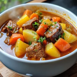 - 2 lbs beef chuck, cut into uniform 1-inch cubes - 4 large carrots, sliced into thick rounds - 3 celery stalks, diced into small pieces - 1 large onion, roughly chopped - 3 cloves garlic, minced finely - 4 medium potatoes, peeled and diced into 1-inch pieces - 4 cups beef broth (low-sodium recommended) - 2 tablespoons tomato paste - 1 tablespoon Worcestershire sauce - 1 teaspoon dried thyme - 1 teaspoon dried rosemary - Salt and freshly ground black pepper to taste - 1 bay leaf - 2 tablespoons olive oil (extra virgin for flavor) - Fresh parsley, chopped, for garnish You can add some fun twists to your stew. Consider these options: - 1 cup frozen peas for sweetness - 1 cup green beans for crunch - 1 cup mushrooms for earthiness - 1 tablespoon balsamic vinegar for depth Seasoning makes your stew shine. Besides thyme and rosemary, try these: - 1 teaspoon smoked paprika for a smoky touch - 1 teaspoon dried oregano for a herb boost - A pinch of cayenne pepper for heat - Fresh herbs like dill or basil for bright flavor Feel free to mix and match these ingredients. The key is to find what you love! {{ingredient_image_2}} Start by cutting the beef chuck into 1-inch cubes. This helps the meat cook evenly. Next, season the cubes with salt and freshly ground black pepper. This step adds a strong flavor to your beef, making it taste great. Heat 2 tablespoons of olive oil in a large skillet over medium-high heat. Once hot, add the beef cubes. Do this in batches to avoid crowding the pan. Brown the meat for about 5-7 minutes, turning it with tongs. This browning step is key. It locks in the juices and adds a rich flavor to the stew. After browning, transfer the beef to your slow cooker. Then, add in the sliced carrots, diced celery, chopped onion, minced garlic, and diced potatoes. Make sure everything is mixed well. This mix of vegetables gives the stew a hearty texture. Pour 4 cups of beef broth over the mixture in the slow cooker. Add 2 tablespoons of tomato paste and 1 tablespoon of Worcestershire sauce. Stir gently to combine. Then sprinkle in 1 teaspoon of dried thyme and 1 teaspoon of dried rosemary. Place a bay leaf in the mix for extra flavor. Secure the lid and set your cooker to low for 8 hours or high for 4 hours. Cooking on low makes the beef tender and juicy. When the cooking time is up, stir the stew well. Taste it and adjust with more salt or pepper if needed. Don&rsquo;t forget to take out the bay leaf before serving. Ladle the stew into bowls and top with fresh parsley. This adds a nice pop of color and flavor. Enjoy your hearty meal! To boost the taste of your stew, start with seasoning. Use salt and pepper on the beef before cooking. Add fresh herbs like thyme or rosemary when you combine the ingredients. You can also toss in a splash of red wine for depth. A spoonful of sugar can balance the acidity of the tomatoes. Lastly, let it cook slowly. This helps all the flavors mix well. Browning the meat is key. When you sear beef in the skillet, it forms a crust. This crust adds a rich taste to the stew. It also keeps the meat juicy. Never skip this step; it makes a big difference. For best results, cook in batches. This prevents steam from forming, which can stop browning. You can swap ingredients based on what you have. If you don&rsquo;t have beef chuck, try brisket or stew meat. For veggies, use mushrooms or green beans instead of carrots or celery. You can also use chicken broth instead of beef broth for a lighter flavor. Just keep in mind that these changes can affect the stew's taste. Serve your hearty beef stew in big bowls. Top each bowl with fresh parsley for color. I love to pair it with crusty bread. It&rsquo;s perfect for soaking up the sauce. You can also add a simple salad on the side. This adds freshness and balances the rich stew. Enjoy the warmth and comfort it brings! Pro Tips Choose the Right Cut: Opt for beef chuck as it becomes tender and flavorful after slow cooking. It&rsquo;s perfect for stews. Layer Flavors: Searing the beef before adding it to the slow cooker enhances the stew's overall flavor. Don't skip this step! Vegetable Variations: Feel free to add other vegetables like parsnips or mushrooms for added texture and flavor. Storage Tips: This stew freezes well! Portion it out and store in airtight containers for a quick meal later. {{image_4}} You can easily change the stew by adding different vegetables. Think about using parsnips, turnips, or sweet potatoes. Each vegetable gives a unique flavor and texture. You could also add green beans or peas for a pop of color. Just chop them into bite-sized pieces to match the other veggies. Beef chuck is great, but you can also try other proteins. If you want a lighter stew, use chicken thighs. They cook well in a slow cooker. For a fun twist, use lamb or pork. Both add a different taste that can surprise your guests. Just remember, different meats may need slight changes in cooking time. You can really play with flavors in this stew. For a spicy kick, add some red pepper flakes or diced jalape&ntilde;os. If you prefer herbs, try adding fresh parsley or basil. You can also use a mix of spices like cumin or coriander for a different flair. These changes make every pot of stew an adventure. To store your leftover stew, let it cool first. Use airtight containers to keep it fresh. Make sure to leave a little space at the top of the container. This helps the stew stay safe and tasty. You can freeze beef stew for later. Portion it into freezer-safe bags or containers. Remove as much air as possible. Label each bag with the date. This way, you know when to use it. Beef stew can last up to three months in the freezer. When you are ready to eat your stew, take it out of the fridge or freezer. For fridge leftovers, heat on the stove over medium heat until warm. Stir often. If frozen, thaw it in the fridge overnight. Then reheat on the stove or in the microwave. Always check the temperature. It should be hot all the way through for safe eating. Yes, you can skip browning the meat. It will still cook well. However, browning adds more flavor. When you brown the meat, it creates a nice crust. This crust gives the stew a rich taste. If you want a quicker option, just add the beef directly to the slow cooker. To thicken your beef stew, you have a few choices. You can mix some cornstarch with cold water. Stir this mix into the stew near the end. Let it cook for a few more minutes to thicken. You can also use mashed potatoes or add a little flour. Both will help make your stew thicker and heartier. Yes, frozen vegetables work well in this stew. They save time and are easy to use. Just add them to the slow cooker with the other ingredients. Keep in mind they may cook faster than fresh veggies. Check for doneness as the stew cooks. Beef stew pairs well with many sides. A crusty bread is a great option for dipping. You can also serve it with rice or mashed potatoes. A simple green salad adds freshness and balance. Choose what you enjoy most! Yes, you can make this stew on the stovetop. Use a large pot and follow the same steps. Cook on low heat for about 2 to 3 hours. Stir occasionally and check the meat's tenderness. This method will still create a tasty stew, just faster than the slow cooker. This blog post covered how to make a hearty beef stew in a slow cooker. We explored main and optional ingredients, seasoning, and step-by-step cooking instructions. You learned tips like browning the meat for better flavor and ways to customize your stew. Storing leftovers and reheating tips were also provided. In making this stew, you can create a warm meal that fits your taste. Enjoy this dish with family and friends. It can be a comforting classic in your home.
